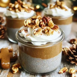 Chia seeds are the star of this dish. They soak up liquid and form a jelly-like texture. You need 1/2 cup of chia seeds for this recipe. They are rich in fiber and omega-3s, making them a healthy choice. For the liquid base, I suggest using 2 cups of unsweetened almond milk. You can also use any milk you like, such as oat or soy milk. This choice keeps the pudding creamy and smooth, which is key for great taste. To sweeten your pudding, add 1/4 cup of maple syrup. It gives a nice, warm flavor. You’ll also need 1 teaspoon of vanilla extract to enhance the taste. For that gingerbread flavor, mix in 1 teaspoon of ground ginger, 1 teaspoon of ground cinnamon, 1/2 teaspoon of ground nutmeg, and 1/4 teaspoon of ground cloves. A pinch of salt helps bring out these flavors too. For toppings, consider using whipped coconut cream, crushed gingerbread cookies, or chopped pecans to add more fun and texture. First, grab a mixing bowl. In it, combine 1/2 cup of chia seeds with 2 cups of unsweetened almond milk. You can use any milk you prefer. Then, add 1/4 cup of maple syrup and 1 teaspoon of vanilla extract. Whisk everything together until there are no clumps of chia seeds. This step is crucial for a smooth pudding. Next, it’s time to spice things up! Add 1 teaspoon of ground ginger, 1 teaspoon of ground cinnamon, 1/2 teaspoon of nutmeg, and 1/4 teaspoon of ground cloves. Don’t forget a pinch of salt! Mix it all well so the spices blend evenly. This is where the magic happens, and your pudding begins to smell like holiday cheer! Now, cover the bowl with plastic wrap or pour the mix into a jar with a lid. Put it in the fridge for at least 4 hours, or better yet, overnight. This allows the chia seeds to soak up the liquid and thicken. When you’re ready to serve, stir the pudding to break any clumps. If it’s too thick, add a splash more almond milk to reach your perfect consistency. To get the perfect chia pudding, start with a good mix. After you whisk the chia seeds with almond milk, let it rest. This helps the seeds soak up the liquid. If it feels too thick, just add a splash of almond milk. I like to stir it again before serving. This way, you break up any clumps. How you present your pudding can make it even more special. I love using clear jars to show off the layers. You can layer the pudding with toppings, like whipped coconut cream and crushed gingerbread cookies. A sprinkle of cinnamon on top gives it a nice touch. You could even add a small gingerbread cookie on the side for a fun look. You can make this pudding unique with different toppings. While I enjoy the classic whipped coconut cream, you can try yogurt or fresh fruit. Chopped nuts add crunch, while crushed cookies offer sweetness. Feel free to mix and match your favorites to create a new flavor every time! {{image_2}} You can make this pudding dairy-free easily. Just use almond milk or any plant-based milk. Coconut milk adds a creamy texture and rich flavor. Oat milk works well too; it’s thick and sweet. Maple syrup is my go-to sweetener, but you can try others. Agave nectar offers a mild flavor. Honey is a nice choice if you're not vegan. You can also use stevia for a low-calorie option. Just adjust the amount to taste. Fruits can brighten up your chia pudding. Fresh berries like strawberries or blueberries add a pop of color. Sliced bananas mix well with the spices too. You can even fold in applesauce for a sweet twist. Gingerbread overnight chia pudding can last about five days in the fridge. After five days, the pudding may lose its nice texture. Check for any changes in smell or color before you eat it. To store your gingerbread pudding, use an airtight container. A glass jar works well for this. Make sure to seal it tight to keep it fresh. You can also layer your pudding with toppings in separate jars. This keeps everything neat and ready to eat. I recommend refrigerating your gingerbread chia pudding instead of freezing it. Freezing can change the texture, making it grainy when thawed. If you need to save it longer, refrigerate and enjoy within five days. Always stir well before serving to bring back the creamy consistency. Yes, you can use fresh ginger. Grate about one tablespoon of fresh ginger. It will add a bright flavor. Fresh ginger can be stronger, so taste as you mix. Adjust if needed. Ground ginger is easier to measure, but fresh gives a nice kick. This recipe is already vegan! Use almond milk or any plant milk. Maple syrup is a great sweetener. Just keep all ingredients plant-based. Enjoy your tasty gingerbread pudding without any animal products! Chia seeds are special for this recipe. They thicken the pudding and add fiber. You can try ground flaxseeds, but it will change the texture. Another option is using tapioca pearls, but they need cooking first. For best results, stick with chia seeds. In this blog post, we explored how to create a tasty chia seed dish. We covered key ingredients like chia seeds, liquid bases, and ways to sweeten and flavor your mix. I shared step-by-step instructions to help you get it just right. Tips for consistency and fun toppings made it easy to customize. We also looked at variations like dairy-free and fruity options, plus how to store your creation. Remember, cooking is all about trying new things. Enjoy making this delicious, healthy treat!
