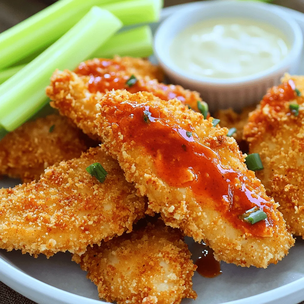 - 1 pound boneless, skinless chicken tenders - 1 cup breadcrumbs (Panko for extra crunch) - 1/2 cup all-purpose flour - 1 teaspoon garlic powder - 1 teaspoon onion powder - 1 teaspoon smoked paprika - 1/2 cup buffalo sauce (such as Frank's RedHot) - Optional: celery sticks and ranch dressing for serving When I make Air Fryer Buffalo Chicken Tenders, I start with the best chicken. I use boneless, skinless chicken tenders. They cook quickly and stay juicy. For extra crunch, I prefer Panko breadcrumbs. They give a great texture. Next, I mix my seasonings. Garlic powder, onion powder, and smoked paprika make a nice blend. These give the chicken a tasty kick. Don’t forget the buffalo sauce! I love using Frank's RedHot for the perfect heat. It coats the chicken well and adds flavor. For a cool side, I often serve celery sticks and ranch dressing. They balance the spice and add freshness. This simple list makes it easy to gather what you need. Each ingredient plays a key role in making this dish crispy and tasty. - First, pat the chicken tenders dry. This helps them get crispy. - Next, set up your dredging stations. You need three bowls for this step. - In the first bowl, mix the flour, garlic powder, onion powder, smoked paprika, salt, and black pepper. This is your flour mixture. - In the second bowl, place the two beaten eggs. - In the third bowl, add the breadcrumbs. I like to use Panko for extra crunch. - Now, coat each chicken tender. Start with the flour mixture, then dip in the beaten eggs, and finally coat with breadcrumbs. Press the breadcrumbs on to stick well. - Preheat your air fryer to 400°F (200°C) for about five minutes. This is important for even cooking. - Lightly spray the air fryer basket with cooking spray. Arrange the coated chicken tenders in a single layer. Don’t overcrowd them; cook in batches if needed. - Air fry the chicken tenders at 400°F (200°C) for 10-12 minutes. Flip them halfway through. They should be golden brown and reach an internal temperature of 165°F (75°C). - Ensuring a crispy coating: To get that perfect crunch, use Panko breadcrumbs. They add extra texture. Press the breadcrumbs firmly onto the chicken. This helps them stick better and gives a crispier bite. - Importance of preheating the air fryer: Always preheat your air fryer to 400°F (200°C) for about 5 minutes. This step helps the chicken cook evenly and achieves that golden brown color. - Adjusting spice levels: Want more heat? You can add cayenne pepper to the flour mix. If you prefer milder flavors, use less buffalo sauce when tossing the chicken. - Optional marinades before coating: For added flavor, marinate the chicken tenders in buttermilk or a bit of buffalo sauce for at least 30 minutes. This step boosts the taste and keeps the chicken juicy. - Best sides to complement buffalo chicken tenders: Serve these tenders with celery sticks and carrot sticks. They add crunch and balance the spice. Another great side is a fresh salad with a tangy vinaigrette. - Alternative dipping sauces beyond ranch: While ranch is classic, try blue cheese dressing or a creamy garlic dip. For a fun twist, serve with a honey mustard sauce for a sweet contrast to the heat. {{image_2}} You can make a baked version of these buffalo chicken tenders. This method uses less oil. Bake them at 400°F for about 20 minutes. This gives a crispy texture without frying. If you're gluten-free, use almond flour or gluten-free breadcrumbs. These options still pack flavor and crunch. Enjoy the same great taste while meeting dietary needs. You can choose between spicy and mild buffalo sauce. If you love heat, go for extra spicy sauce. For those who prefer less heat, a mild sauce works too. Both options taste great on chicken tenders. Consider adding cheese or fresh herbs. Cheese like mozzarella or cheddar melts beautifully. Fresh parsley or chives add color and fresh flavor. Experimenting with these can create a unique dish. When hosting larger gatherings, you can easily scale this recipe. Multiply the ingredients based on the number of guests. Just keep the cooking time similar for best results. If you make more chicken, you may need to cook in batches. Always check the internal temperature. It should reach 165°F to ensure safety. Adjust your timing slightly for larger amounts of chicken. To store your cooked chicken tenders, let them cool first. Use an airtight container to keep them fresh. You can refrigerate them for up to four days. If you want to keep them longer, freeze them. They will last about three months in the freezer. The best way to reheat chicken tenders is in the air fryer. Preheat it to 350°F (175°C). Place the tenders in a single layer and heat for about 5-7 minutes. This method keeps them crispy. You can also use a microwave, but this may make them soggy. For better results, cover them with a damp paper towel while reheating. You can prepare the chicken tenders ahead of time. Coat them as usual, then store them in the fridge for up to 24 hours. This saves time on busy days. If you want to freeze them, coat the tenders and place them in a single layer on a baking sheet. Freeze until solid, then transfer to a freezer-safe bag. You can cook them straight from frozen; just add a few extra minutes to the cooking time. How do I know when the chicken tenders are done? The chicken tenders are done when they reach an internal temperature of 165°F. You can use a meat thermometer to check. The outside should look golden brown and crispy. If they don’t look right, they may need a few more minutes. Can I use chicken breasts instead of tenders? Yes, you can use chicken breasts. Just cut them into strips to match the size of tenders. This will help them cook evenly. Keep an eye on the cooking time, as larger pieces may take longer. What can I use instead of breadcrumbs? If you need a substitute for breadcrumbs, try crushed cornflakes or crushed crackers. You can also use ground oats for a healthier option. Each will give a different texture, but they all work well. Can I replace buffalo sauce with another sauce? Certainly! You can use barbecue sauce or honey mustard if you prefer. These sauces will change the flavor but will still taste great. Make sure to coat the chicken evenly for the best results. What air fryer temperature is best for chicken tenders? The best temperature for chicken tenders is 400°F. This high heat helps them cook quickly and become crispy. Make sure to preheat your air fryer for best results. How do cooking times vary among different air fryer models? Cooking times can change based on the air fryer model. Some may cook faster than others. Always check your chicken tenders a few minutes early to avoid overcooking. This guide gives a complete look at making tasty buffalo chicken tenders. You learned about the right ingredients, easy steps, and helpful tips. You can try healthier options or add your twist for flavor. With proper storage and reheating, you can enjoy these tenders later. Remember, cooking at home lets you create meals that fit your taste. Enjoy your cooking, and have fun making these delicious treats!