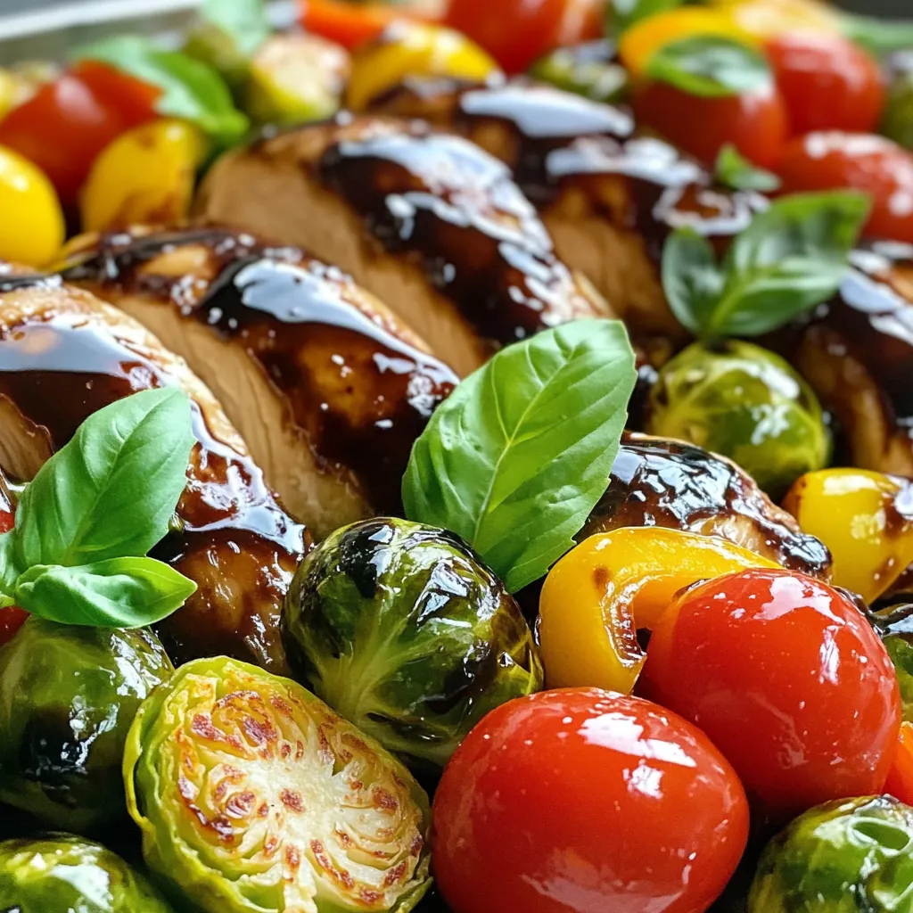 For the Sheet Pan Balsamic Chicken Veggies, you will need fresh and flavorful ingredients. Here’s what you need: - 4 boneless, skinless chicken breasts - 2 cups Brussels sprouts, halved - 1 red bell pepper, sliced - 1 yellow bell pepper, sliced - 1 red onion, cut into wedges - 1 cup cherry tomatoes - 6 cloves garlic, minced - 1/3 cup balsamic vinegar - 1/4 cup olive oil - 2 tablespoons honey - 1 teaspoon dried oregano - 1 teaspoon dried thyme - Salt and pepper to taste - Fresh basil leaves, for garnish These ingredients come together to create a dish that bursts with flavor. The chicken cooks perfectly while the veggies caramelize, making it a joy to eat. The balsamic vinegar adds a tangy touch, while honey gives it sweetness. This mix makes your dinner not just simple but delightful. 1. Preheating the Oven and Preparing the Sheet Pan Start by preheating your oven to 400°F (200°C). This heat is perfect for roasting. While the oven warms up, take a large sheet pan and line it with parchment paper. This helps with cleanup later. 2. Mixing the Balsamic Marinade In a mixing bowl, combine the balsamic vinegar, olive oil, honey, minced garlic, oregano, thyme, salt, and pepper. Whisk these ingredients well until they mix into a smooth sauce. This marinade will add a rich flavor to your chicken and veggies. 1. Arranging Chicken and Vegetables Place the chicken breasts on one side of the sheet pan. Pour half of the balsamic mixture over them. Make sure each piece is coated. On the other side, add the Brussels sprouts, sliced red and yellow bell peppers, red onion wedges, and cherry tomatoes. Drizzle the rest of the balsamic mixture over the veggies. Toss them gently to coat evenly. 2. Baking Guidelines and Timing Arrange the chicken and veggies in a single layer on the pan. This helps them roast evenly. Bake in the oven for 25-30 minutes. Check that the chicken reaches an internal temperature of 165°F (74°C). The veggies should be tender and start to caramelize. 1. Resting and Garnishing the Dish When the baking time is up, take the pan out of the oven. Let it rest for 5 minutes before serving. This allows the juices to settle. Finally, garnish your dish with fresh basil leaves. They add a nice pop of color and flavor. Ensuring Even Roasting To make your meal perfect, keep the chicken and veggies in a single layer on the pan. This helps all the food cook at the same time. If they are too crowded, some pieces may cook slower. Use a large sheet pan if needed. Checking Internal Temperature of Chicken Always check the chicken's internal temperature. Use a meat thermometer to ensure it reaches 165°F (74°C). This makes sure the chicken is safe to eat. Insert the thermometer into the thickest part of the breast. Enhancing Flavor Profiles The balsamic mixture brings a lot of flavor. You can add more garlic or herbs, like rosemary or parsley, to boost taste. Mix it well so every piece of chicken and veggie is coated. It helps create a yummy dish. Making it Ahead of Time You can prepare the marinade a day before. Just store it in the fridge. Marinate the chicken for a few hours or overnight. This gives the chicken more flavor and makes your cooking time shorter on busy days. {{image_2}} Different Vegetable Options You can change the veggies in this dish. Try using broccoli, zucchini, or carrots. These vegetables roast well and add color to your meal. You can also use green beans or asparagus for a fresh taste. If you have leftover veggies, toss them in. They will soak up all the yummy balsamic flavor. Alternative Proteins If you want a different protein, swap chicken for salmon or tofu. Salmon cooks quickly and pairs well with balsamic. Tofu will soak up the marinade, making it tasty for veggie lovers. You can even use shrimp; just adjust the cooking time to avoid overcooking. Adding Spices or Herbs Spice up your dish by adding paprika, cumin, or red pepper flakes. These spices can bring new flavors to your meal. Fresh herbs like rosemary or parsley also work well. Add them right before serving for a burst of freshness. Alternative Glazes or Sauces Instead of balsamic glaze, try teriyaki sauce or lemon juice for a zesty twist. Both add different flavors and keep the dish exciting. You can also mix in mustard or soy sauce to create your own unique glaze. Just remember to adjust the sweetness based on your choice. Refrigeration Guidelines After cooking, let the dish cool. Place the chicken and veggies in a shallow container. Cover it tightly with a lid or plastic wrap. Store in the fridge for up to three days. This helps keep the flavors fresh and the food safe. Freezing Instructions If you want to freeze leftovers, pack them in airtight containers. Use freezer bags as an option too. Make sure to remove as much air as possible. Label the bags with the date. You can freeze for up to three months. When ready to eat, thaw in the fridge overnight. Best Methods for Reheating the Dish For best results, reheat in the oven. Preheat your oven to 350°F (175°C). Place the chicken and veggies on a baking sheet. Cover with foil to keep moisture in. Heat for about 15-20 minutes or until warm. You can also use a microwave. Place food in a microwave-safe dish. Heat in short bursts, stirring in between, until hot. Can I use frozen chicken? No, I do not recommend using frozen chicken. It needs to thaw completely. Cooked frozen chicken can result in uneven cooking. Thawing ensures the chicken cooks evenly and is safe to eat. How do I know when the chicken is done? Check the chicken’s internal temperature. It should reach 165°F (74°C). Use a meat thermometer for accuracy. The chicken should also appear white and juices should run clear. Can I make this recipe vegetarian? Yes, you can make it vegetarian. Replace chicken with firm tofu or chickpeas. Adjust cooking time as needed. Add more vegetables for a hearty meal. How can I make it lower in calories? Use skinless chicken breasts and limit the olive oil. You can also cut back on honey. Choose more veggies to keep it filling but lower in calories. What to serve with Balsamic Chicken & Veggies? Serve with a side of rice or quinoa. A fresh green salad pairs well too. Crusty bread is great for soaking up the delicious juices. Can I double the recipe for a crowd? Yes, you can double the recipe. Just use two sheet pans for even cooking. Keep an eye on the cooking time; it may vary slightly. This blog post guided you through making a delicious balsamic chicken and veggies dish. You learned about key ingredients, easy steps for preparation and cooking, and useful tips for storage and reheating. Think about adding your own flavor twists and substitutions for variety. Remember, cooking should be fun and flexible. Feel free to explore your options and make this recipe your own. Enjoy your meal and the cooking process!