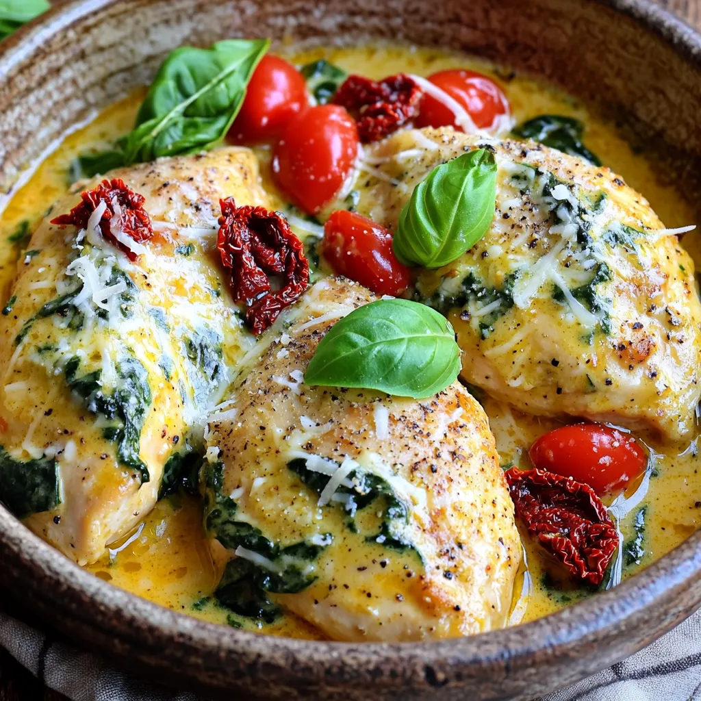 - 4 boneless, skinless chicken breasts - 2 tablespoons olive oil - 1 teaspoon Italian seasoning - 1 teaspoon garlic powder - Salt and pepper to taste - 1 cup chicken broth - 1 cup heavy cream - 1 cup sun-dried tomatoes (drained and roughly chopped) - 2 cups fresh spinach - 1/2 cup grated Parmesan cheese - Fresh basil leaves for garnish For this dish, I choose each ingredient with care. The chicken breasts are the star. Boneless and skinless, they cook quickly and stay tender. Olive oil adds a rich taste and helps the chicken brown nicely. Italian seasoning brings a burst of flavor. It mixes herbs like oregano and basil, which are key to a Tuscan vibe. Garlic powder gives the dish depth without the fuss of fresh garlic. Salt and pepper are your friends. They enhance all flavors nicely. Chicken broth adds moisture and a savory base. Heavy cream makes the sauce rich and velvety. Sun-dried tomatoes add a sweet and tangy kick. They are perfect for balancing the creaminess. Fresh spinach brings color and nutrition. It wilts beautifully into the sauce, adding a vibrant touch. Grated Parmesan cheese gives that umami punch. It melts right into the sauce, making it even creamier. Finally, fresh basil leaves are a must for garnishing. They add a lovely aroma and a hint of freshness. With these ingredients, you create a dish that is both comforting and elegant. Each bite transports you to the sunny hills of Tuscany. First, you need to set up your Instant Pot. Turn it on to 'Sauté' mode. Pour in 2 tablespoons of olive oil. Let the oil heat for about one minute. Next, season your chicken breasts. Use 1 teaspoon of Italian seasoning, 1 teaspoon of garlic powder, and add salt and pepper to taste. Rub the seasoning all over the chicken. This adds great flavor. Now it's time to sear the chicken. Place the chicken breasts in the pot. Cook them for about 4-5 minutes on each side until they turn golden brown. If your pot is small, cook in batches. Once the chicken is seared, take it out and set it aside on a plate. Pour in 1 cup of chicken broth. Use a wooden spoon to scrape the bottom of the pot. This helps remove any brown bits left from the chicken. Put the chicken back into the Instant Pot. Close the lid and make sure the vent is sealed. Now, set the pot to cook on 'Manual' for 8 minutes. After cooking, carefully do a quick release to let the steam out. Open the lid and take out the chicken again. Switch the Instant Pot back to 'Sauté' mode. Stir in 1 cup of heavy cream, 1 cup of sun-dried tomatoes, and 1/2 cup of grated Parmesan cheese. Mix until everything is melted and combined. Add 2 cups of fresh spinach to the pot. Stir until the spinach wilts. Return the chicken to the pot and coat it with the creamy sauce. Let it simmer for an additional 2-3 minutes. Taste the sauce and adjust the seasoning if needed. Serve your dish hot, garnished with fresh basil leaves for a nice touch. Enjoy your meal! To make your Instant Pot Creamy Tuscan Chicken shine, adjust the seasoning to your liking. Taste your sauce before serving. If it needs more salt or pepper, add just a pinch. Each ingredient packs flavor, so a small tweak can make a big difference. Cooking time is key for chicken. For smaller pieces, reduce the time to 6 minutes. For larger breasts, you may want to increase it to 10 minutes. This ensures the chicken stays juicy and tender. Achieving the best sear starts with a hot pot. Make sure your olive oil shimmers before adding the chicken. Sear each side for about 4-5 minutes. This creates a nice crust and locks in flavor. If your pot is crowded, sear in batches to avoid steaming. The quick release method is simple. Once the cooking time is up, carefully turn the vent to release steam. Stand back to avoid hot steam. This method helps keep the chicken moist and the sauce creamy. Always ensure the pot is sealed before starting to cook. {{image_2}} You can switch out heavy cream for other options. For a lighter dish, use half-and-half or coconut cream. If you prefer a dairy-free option, try using cashew cream. It adds a nice texture and flavor. When it comes to greens, spinach is great, but you can use kale or Swiss chard. Both options give a nice crunch and different taste. They also add more nutrients to the dish. Feel free to add other veggies to the mix. Bell peppers, zucchini, or mushrooms work well. They add color and nutrition. Just chop them small so they cook quickly. If you like heat, increase the spice level. Add red pepper flakes or a pinch of cayenne. You can start with a small amount and taste as you go. Adjust until you find your perfect balance. To keep your Instant Pot creamy Tuscan chicken fresh, refrigerate it right away. First, let it cool down a bit. Then, place it in an airtight container. This helps keep the flavors intact and ensures safety. For best results, store the chicken in glass or BPA-free plastic containers. These materials are safe and do not affect the taste. Make sure to label your container with the date. This way, you can track how long it has been stored. When it’s time to enjoy your leftovers, reheating properly is key. The microwave is a quick option. Place the chicken on a microwave-safe plate. Cover it with a damp paper towel. This helps keep it moist. Heat in 30-second bursts to avoid overcooking. Stir between bursts for even warming. If you prefer another method, try reheating on the stovetop. Add a little chicken broth to a pan. Heat over low until warmed through, stirring gently. This method also keeps the sauce creamy and flavorful. Enjoy your tasty meal! Can I use frozen chicken breasts? Yes, you can use frozen chicken breasts. Just remember to add a few extra minutes to the cooking time. Instead of 8 minutes, cook for about 10-12 minutes. This ensures the chicken is fully cooked and safe to eat. How do I make this recipe dairy-free? To make this dish dairy-free, swap the heavy cream for coconut cream or any plant-based cream. You can also use nutritional yeast instead of Parmesan cheese for a cheesy flavor without dairy. What sides pair well with Tuscan Chicken? Tuscan chicken pairs well with many sides. Here are some great options: - Garlic bread for a nice crunch. - A fresh salad with greens and a light vinaigrette. - Steamed vegetables like broccoli or green beans. - Pasta tossed in olive oil and herbs for a filling meal. This blog post explores how to make a delicious Instant Pot Creamy Tuscan Chicken. We covered the ingredients, step-by-step cooking instructions, and useful tips to perfect your dish. I shared variations and storage tips to help you enjoy leftovers. Lastly, we answered common questions to clarify your doubts. Now, you can confidently create this creamy and flavorful meal in your kitchen. Enjoy the cooking process and make it your own!