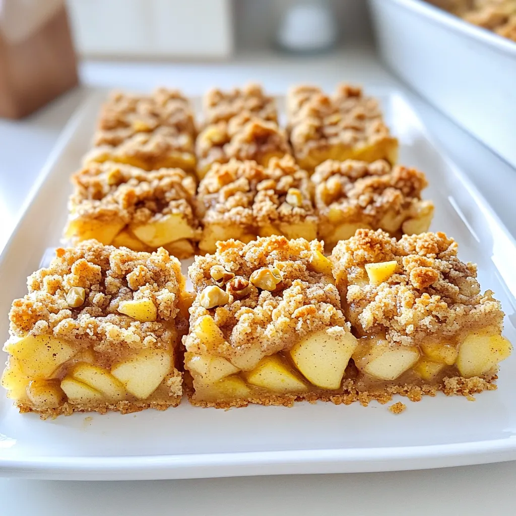 To make these tasty cinnamon apple crumble bars, gather these key ingredients: - 2 cups all-purpose flour - 1 cup rolled oats - 1/2 cup brown sugar - 1/2 cup granulated sugar - 1 teaspoon baking powder - 1/2 teaspoon baking soda - 1 teaspoon cinnamon - 1/2 teaspoon salt - 1 cup unsalted butter, melted (2 sticks) - 3 large apples, peeled, cored, and diced (like Granny Smith) - 1 tablespoon lemon juice - 1 teaspoon vanilla extract - 1/4 cup chopped walnuts or pecans (optional) - 1/2 teaspoon nutmeg (optional) You can make your bars unique by adding some optional ingredients: - Chopped walnuts or pecans for crunch - A hint of nutmeg for extra warmth - A drizzle of caramel sauce for sweetness Feel free to mix and match these options to fit your taste! If you need to change any ingredients, here are some easy swaps: - Use whole wheat flour instead of all-purpose flour for a nutty flavor. - Swap granulated sugar for coconut sugar for a more natural sweetener. - Replace butter with coconut oil for a dairy-free version. - Try different apple types, like Honeycrisp or Fuji, for varied sweetness and texture. These swaps keep the bars delicious while catering to your dietary needs! First, preheat your oven to 350°F (175°C). Grab a 9x13 inch baking dish. Line it with parchment paper, letting some hang over the edge. This helps you lift the bars out later. Next, in a large bowl, mix the dry ingredients. Combine 2 cups of all-purpose flour, 1 cup of rolled oats, 1/2 cup of brown sugar, and 1/2 cup of granulated sugar. Add in 1 teaspoon of baking powder, 1/2 teaspoon of baking soda, 1 teaspoon of cinnamon, and 1/2 teaspoon of salt. Stir it well until mixed. Now, pour 1 cup of melted unsalted butter into the dry mix. Stir until it becomes crumbly. Reserve 1 cup of this mixture for later. Press the rest evenly into the bottom of your baking dish to form a crust. Bake it for about 10 minutes. You want the edges to turn slightly golden. While the crust bakes, prepare the apple filling. Take 3 large apples, peel, core, and dice them into small pieces. In a bowl, toss the apple pieces with 1 tablespoon of lemon juice and 1 teaspoon of vanilla extract. If you like, add 1/2 teaspoon of nutmeg for extra flavor. Mix it well so the apples are coated. This step keeps your apples fresh and adds a nice taste. After the crust is done, take it out of the oven. Spread the apple filling evenly over the crust. Now, sprinkle the reserved crumble mixture over the apples. If you enjoy nuts, add 1/4 cup of chopped walnuts or pecans on top. Return the dish to the oven and bake for 25-30 minutes. The apples should be tender, and the top will turn golden brown. Once baked, take the dish out and let it cool for at least 15 minutes. Use the parchment to lift the bars out. Cut them into squares or rectangles. Enjoy them warm or let them cool to room temperature. To get the best crumble, mix the dry ingredients well. Use cold butter to keep the texture light. When you add melted butter, stir until it looks crumbly. You want some small chunks and some fine bits. Save one cup of this mix for the topping. This keeps the top crunchy and delicious. Choose apples that hold their shape well. I love using Granny Smith apples. They are tart and add great flavor. Honeycrisp apples are another good choice. They are sweet and juicy. You can also mix different types for a fun taste. These bars taste great warm or at room temp. Serve them with a scoop of vanilla ice cream. A drizzle of caramel sauce adds a sweet touch. For a twist, try them with whipped cream and cinnamon on top. They make a lovely dessert for any meal or snack! {{image_2}} You can make these bars gluten-free. Use gluten-free flour instead of all-purpose flour. I enjoy using almond flour or a gluten-free blend. The oats must also be labeled gluten-free. This ensures no cross-contamination occurs. The bars will still taste great, so don’t worry! To make vegan cinnamon apple crumble bars, swap the butter for coconut oil or a vegan butter. You can also use a flax egg instead of regular eggs if you need to. Combine one tablespoon of ground flaxseed with three tablespoons of water. Let it sit for five minutes to thicken. It works as a binding agent. The bars will still be delicious and suitable for vegans. Feel free to play with spices and add-ins for fun flavors. Try adding a pinch of ginger or allspice for warmth. You can also stir in dried fruit, like raisins or cranberries. If you want a nutty taste, add more chopped walnuts or pecans. The toppings are endless, so let your creativity shine! To store your leftover cinnamon apple crumble bars, let them cool down. Once cool, cut them into squares. Place the bars in an airtight container. Keep them at room temperature for up to three days. If you want to keep them longer, refrigerate them for up to a week. You can freeze your cinnamon apple crumble bars for later. First, wrap each bar in plastic wrap. Then, place them in a freezer-safe bag. Remove as much air as possible before sealing. These bars can last in the freezer for up to three months. When you're ready to enjoy them, just thaw them in the fridge overnight. To reheat your bars, preheat your oven to 350°F (175°C). Place the bars on a baking sheet. Cover them with foil to keep them moist. Heat for about 10 minutes until warm. If you like, you can also microwave them for about 15-20 seconds. Enjoy them warm for the best flavor! Yes, you can make these bars ahead of time. They store well in an airtight container for up to a week. Just let them cool completely before you store them. You can also freeze them. Wrap the cooled bars in plastic wrap and then foil. They will keep in the freezer for up to three months. When you're ready to eat them, just thaw them in the fridge overnight. If you want a butter substitute, try using coconut oil or margarine. Both options work well in this recipe. You can also use unsweetened applesauce for a healthier choice. This will change the texture a bit, but it adds moisture. If you're vegan, coconut oil is a great option that keeps the flavor rich. You will know the bars are done when the top is golden brown. The apples should be soft, and the crumble should be firm to the touch. You can poke a toothpick into the center. If it comes out clean or with a few crumbs, they are ready. Keep an eye on them toward the end of baking. The baking time is usually between 25 to 30 minutes. This article covered how to make delicious cinnamon apple crumble bars. We discussed key ingredients, step-by-step baking directions, and even some custom options. You learned tips for the best texture and ideas for serving. Plus, I shared ways to make these bars gluten-free and vegan. In the end, these bars are perfect for any time. They’re easy to make and great for sharing. Enjoy every bite of your sweet treat!
