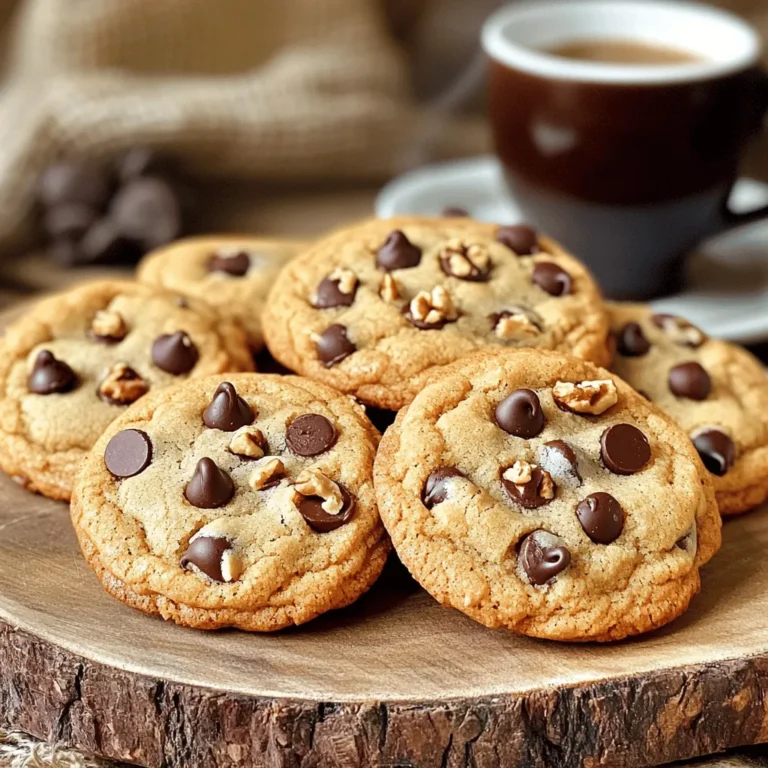 - 1 cup unsalted butter - 3/4 cup granulated sugar - 3/4 cup brown sugar, packed - 1 large egg - 2 teaspoons vanilla extract - 2 tablespoons finely ground espresso coffee - 2 1/4 cups all-purpose flour - 1 teaspoon baking soda - 1/2 teaspoon salt - 1 1/2 cups semi-sweet chocolate chips - 1/2 cup chopped nuts (optional) To bake these delightful espresso chocolate chip cookies, gather your ingredients. Start with one cup of unsalted butter, softened to room temperature. This helps create a smooth dough. You’ll need three-quarters of a cup each of granulated and brown sugar. The brown sugar adds moisture and depth of flavor. Next, grab one large egg. It binds the ingredients together. You’ll also need two teaspoons of vanilla extract for a warm, sweet taste. Don’t forget the star of the show—two tablespoons of finely ground espresso coffee. It gives the cookies a rich, bold flavor. For the dry mix, measure out two and a quarter cups of all-purpose flour. Add one teaspoon of baking soda for lift and half a teaspoon of salt to balance the sweetness. Finally, have one and a half cups of semi-sweet chocolate chips ready to fold in. If you like nuts, grab half a cup of chopped walnuts or pecans. They add a nice crunch. With these ingredients ready, you’re set to create a cookie that brings joy to every bite. 1. Preheat your oven to 350°F (175°C). Line two baking sheets with parchment paper. 2. In a large bowl, cream together 1 cup of softened butter, 3/4 cup of granulated sugar, and 3/4 cup of brown sugar. Mix until it is light and fluffy, about 3-5 minutes. 3. Beat in 1 large egg and 2 teaspoons of vanilla extract. Mix well until fully combined. 1. In another bowl, whisk together 2 1/4 cups of all-purpose flour, 1 teaspoon of baking soda, and 1/2 teaspoon of salt. 2. Gradually add the dry mix to the wet mix. Stir until just combined. 1. Fold in 1 1/2 cups of semi-sweet chocolate chips and 1/2 cup of chopped nuts, if you like. 2. Use a tablespoon or cookie scoop to drop dough balls about 2 inches apart on the prepared baking sheets. 3. Bake for 10-12 minutes. Look for golden edges while the centers stay soft. 4. Let the cookies cool on the baking sheet for 5 minutes. Then, transfer them to a wire rack to cool completely. To make your cookies soft and chewy, watch your baking time. Bake them until the edges turn golden brown, but the centers should stay soft. This keeps them from getting too crunchy. Use parchment paper on your baking sheets. It helps prevent sticking and makes cleanup a breeze. Adjust the espresso strength by using more or less ground espresso. If you love strong coffee flavor, add an extra tablespoon. You can also play with the types of chocolate chips. Dark chocolate adds a rich taste, while milk chocolate gives sweetness. Serve your cookies with a hot cup of coffee. The flavors blend perfectly! For a fun twist, arrange the cookies on a colorful platter. You could even add some fresh fruit or a sprinkle of powdered sugar for extra flair. {{image_2}} You can change the nuts in your cookies. Try using almonds or pecans for a twist. If you want a nut-free option, simply skip the nuts altogether. Your cookies will still taste great. Adding spices can elevate your cookies. A pinch of cinnamon or a sprinkle of sea salt can enhance the flavor. You can also swap chocolate types! Use dark or white chocolate instead of semi-sweet for a unique taste. For a healthier cookie, consider using coconut oil instead of butter. This swap adds a nice flavor and is dairy-free. You can also cut back on sugar or try sugar substitutes. This way, you make the cookies lighter without losing taste. To keep your espresso chocolate chip cookies fresh, place them in an airtight container. This helps prevent them from drying out. You can also use a cookie tin for added protection. If you want to keep them for longer, consider freezing them. To freeze cookie dough, scoop the dough into balls and place them on a baking sheet. Freeze them for about an hour, then transfer the balls to a freezer bag. This way, you can bake fresh cookies anytime! When stored in the pantry, these cookies last about 5 days. In the fridge, they can last up to a week. Check for signs of staleness. If the cookies feel hard or have a dry texture, it’s time to toss them. For the best taste, enjoy them fresh! Can I use instant coffee instead of espresso? Yes, you can use instant coffee. The taste won't be as rich. Use 1 tablespoon of instant coffee for a similar flavor. How do I make these cookies chewier? To make cookies chewier, add an extra egg yolk. You can also chill the dough for 30 minutes before baking. This helps keep them soft. What is the best way to soften butter quickly? Cut the butter into small cubes. Leave it at room temperature for about 15 minutes. You can also microwave it for 10 seconds at a low power. Where to find espresso chocolate chip cookies locally? Check local bakeries or coffee shops. Many offer unique twists on this classic cookie. You can also search online for nearby dessert shops. What makes bakery cookies different? Bakery cookies often use high-quality ingredients and precise techniques. They may have a special blend of flours or unique flavors that make them stand out. Caloric content per cookie Each cookie has about 150 calories. This can vary based on added nuts or other changes. Dietary considerations (gluten-free, vegan options) For gluten-free, use almond flour or a gluten-free blend. To make vegan cookies, replace butter with coconut oil and the egg with a flax egg. This post shared a tasty cookie recipe with simple steps and helpful tips. From the right ingredients to techniques for baking, you can make perfect cookies every time. Don’t forget to try variations for different flavors. Store your cookies correctly to keep them fresh longer. I hope you enjoy making these treats as much as I do. Happy baking!