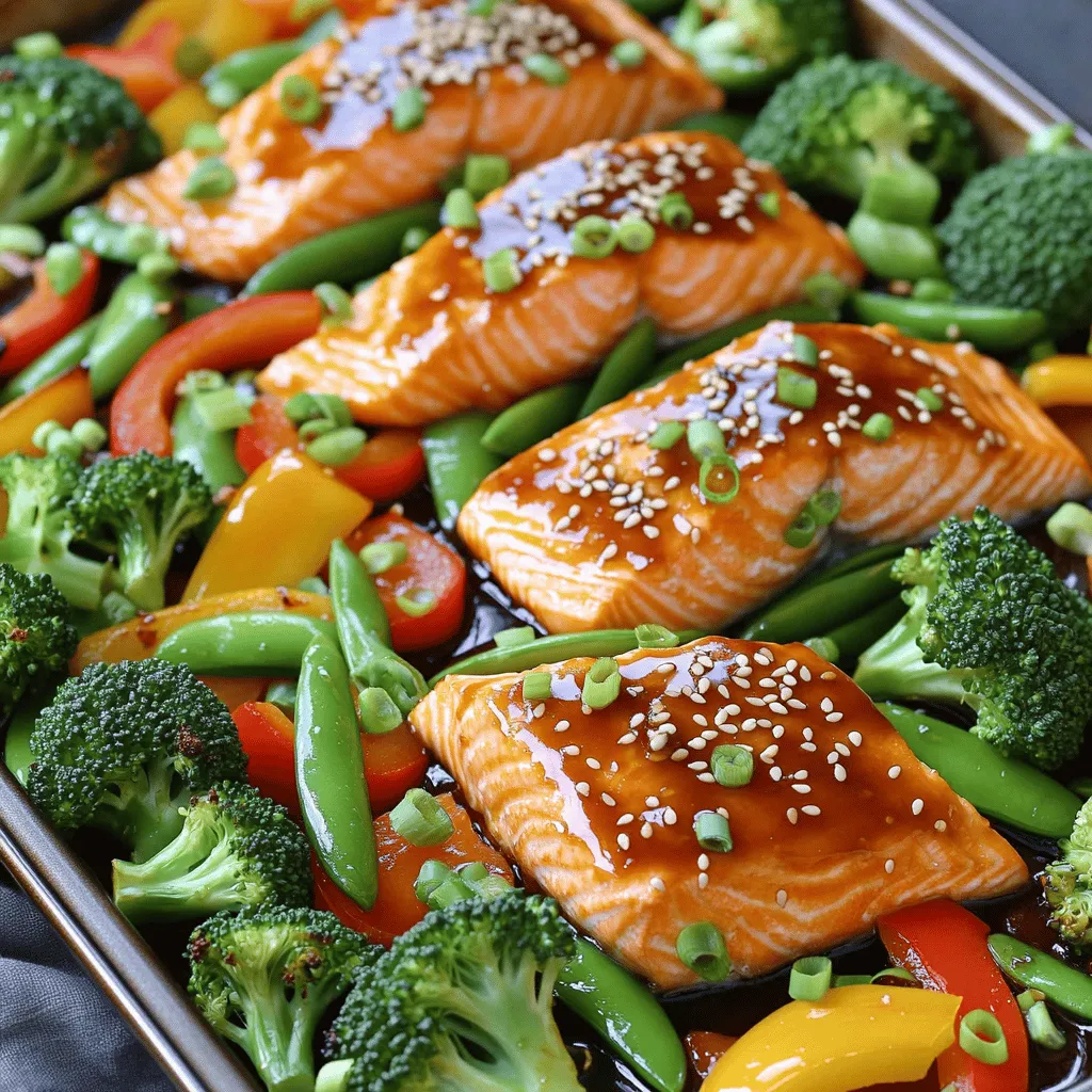 To make Sheet-Pan Teriyaki Glazed Salmon and Veggies, you need fresh, quality ingredients. Here’s the list: - 4 salmon fillets (about 6 oz each) - 2 cups broccoli florets - 1 bell pepper, sliced (any color) - 1 medium carrot, thinly sliced - 1 cup snap peas - 3 tablespoons teriyaki sauce - 1 tablespoon honey - 1 tablespoon sesame oil - 2 cloves garlic, minced - 1 teaspoon grated ginger - Salt and pepper to taste - 2 tablespoons sesame seeds (for garnish) - 2 green onions, sliced (for garnish) Each ingredient plays a role in making this dish tasty and colorful. The salmon provides healthy fats and protein. The veggies add crunch and nutrients. The teriyaki sauce brings a sweet and salty flavor. Using fresh ingredients makes a big difference. Fresh salmon has a rich flavor and flaky texture. Crisp veggies keep their shape and add color to your plate. Feel free to mix and match your favorite vegetables. You can use asparagus or zucchini if you like. The key is to choose what you enjoy. This dish is all about personal taste and balance. First, you need to preheat your oven to 400°F (200°C). This step is key for cooking the salmon and veggies evenly. Next, take a large baking sheet and line it with parchment paper. This helps with easy cleanup later. Make sure the paper fits well on the sheet. In a small bowl, mix the teriyaki sauce, honey, sesame oil, minced garlic, and grated ginger. Use a whisk to combine these ingredients well. This glaze adds a rich flavor to the salmon and veggies. Set the glaze aside for now. You will use it to brush over the salmon. Place the salmon fillets on one side of the baking sheet. Season them with salt and pepper. Brush the teriyaki glaze on the salmon generously. On the other side of the sheet, arrange the broccoli, bell pepper, carrot, and snap peas. Drizzle a bit of olive oil over the veggies and season them with salt and pepper. Toss the veggies to coat them evenly. Pour any leftover teriyaki glaze over the vegetables and toss them again. This step ensures everything has great flavor. Now, your baking sheet is ready for the oven! When picking salmon, look for fresh, bright color. The fillets should smell like the ocean, not fishy. You can use wild-caught or farmed salmon. Wild salmon has a richer taste and is often healthier. Farmed salmon may be more available and cheaper. Both types work well for this dish. Make sure the skin is intact for extra flavor and crispy texture. To get tasty veggies, choose ones that cook well together. Broccoli, bell pepper, carrots, and snap peas all cook nicely in the oven. Cut the carrots thinly so they cook at the same rate as the other veggies. Toss them with a bit of olive oil and seasonings. This gives them a nice flavor. Bake them until they are tender but still crisp. This keeps their bright colors and nutrients. Marinades make your dish pop with flavor. In this recipe, I use teriyaki sauce, honey, and sesame oil. The garlic and ginger add depth to the taste. You can let the salmon soak in the marinade for 15 to 30 minutes before cooking. This lets the flavors soak in better. If you have time, try different marinades to change the taste. A citrus marinade or a spicy sauce can give a fun twist! {{image_2}} You can change the veggies for variety. Try using asparagus, zucchini, or cauliflower. These choices cook well and add different flavors. Sweet potatoes or brussels sprouts can also be fun. Just cut them into small pieces to ensure they cook evenly. If you want more protein, consider using shrimp or chicken. Both can soak up the teriyaki glaze nicely. For shrimp, peel and devein them first. If using chicken, cut it into thin strips. You can add the extra protein to the same pan. Just make sure to adjust the cooking time as needed. Try different sauces to change the taste. You can use soy sauce or honey mustard for a twist. Spicy sauces can add a kick if you like heat. For a sweet touch, maple syrup works well too. Feel free to mix and match to find your perfect flavor! To keep your Sheet-Pan Teriyaki Glazed Salmon and Veggies fresh, store it right. First, let it cool to room temperature. Then, place the leftovers in an airtight container. Make sure to separate the salmon from the veggies if you can. This helps keep each part tasty. When you’re ready to enjoy your leftovers, reheating is simple. Preheat your oven to 350°F (175°C). Place the salmon and veggies on a baking sheet. Heat for about 10 minutes, or until warm. You can also use a microwave. If you do, cover the dish with a damp paper towel to keep moisture in. Heat in short bursts of 30 seconds until hot. If you want to freeze leftovers, they can last up to three months. Wrap the salmon and veggies tightly in plastic wrap. Then, place them in a freezer-safe bag. Squeeze out as much air as you can before sealing. When you’re ready to eat, thaw in the fridge overnight. Reheat as mentioned earlier for a quick meal. You can tell salmon is cooked when it flakes easily with a fork. The inside should change from bright pink to a lighter, opaque color. A food thermometer is great too. It should read 145°F (63°C). This way, you know it’s safe to eat and still moist. Yes, you can use frozen salmon. Just make sure to thaw it first. You can do this overnight in the fridge or in cold water for a quicker method. Once thawed, pat it dry before adding the teriyaki glaze. This helps the sauce stick better. You have many options to serve with your salmon. Here are some ideas: - Steamed rice or quinoa - Noodles tossed in soy sauce - A fresh salad with a light dressing - Roasted or grilled vegetables - Miso soup for a warm side These sides can enhance your meal and make it more filling. Each adds a nice touch, and you can mix and match based on your taste. Enjoy! This blog post covers how to make sheet-pan teriyaki glazed salmon. You learned about the key ingredients, like salmon and fresh veggies. I shared clear steps for baking and tips for tasty results. You saw variations to mix up flavors and how to store leftovers. In my view, this recipe is a simple way to enjoy healthy meals. Try it out, and have fun while cooking!