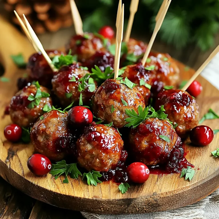 To make these savory meatballs, you need the following main ingredients: - 1 pound ground beef (or turkey for a lighter option) - 1/2 cup breadcrumbs - 1/4 cup finely chopped onion - 2 cloves garlic, minced - 1/4 cup fresh parsley, chopped - 1 large egg - 1 teaspoon salt - 1/2 teaspoon black pepper - 1 cup cranberry sauce (homemade or store-bought) - 1/4 cup barbecue sauce - 1 tablespoon soy sauce - 1 teaspoon ground ginger - 1/2 teaspoon red pepper flakes (optional for heat) These ingredients work together to create flavor and texture. Ground beef or turkey forms the meatball base. Breadcrumbs help bind the meatball, while egg adds moisture. Onions and garlic provide depth and aroma. Fresh parsley gives a bright touch. The spices, sauces, and cranberry sauce bring sweet and savory notes. You can add optional ingredients to make the dish your own: - Chopped bell peppers for extra crunch - Grated cheese for a rich flavor - Pineapple chunks for sweetness - Different herbs like thyme or basil Feel free to experiment with these extras. They add unique flavors and textures, making the dish more exciting. Choosing the right ingredients is key to great meatballs: - Ground meat: Look for fresh, high-quality meat. Choose lean cuts for healthier meatballs. - Breadcrumbs: Use fresh or homemade breadcrumbs. They provide better texture than dry ones. - Vegetables: Pick fresh, firm onions and herbs. They should smell fragrant and look vibrant. - Sauces: For the best flavor, use high-quality cranberry and barbecue sauces. These tips help ensure your Slow Cooker Cranberry Meatballs taste amazing. Quality ingredients make a big difference in your dish’s final flavor. To start, gather your ingredients. In a large bowl, mix the ground beef, breadcrumbs, chopped onion, minced garlic, parsley, egg, salt, and pepper. Use your hands to combine everything well. Ensure the mixture is uniform and sticky. This step is crucial for good meatballs. Next, shape the mixture into small meatballs, about one inch wide. Place them on a baking sheet lined with parchment paper. This keeps them from sticking. You can use a scoop for even size. When done, you can bake them or put them straight into the slow cooker. Baking them first gives a nice crust. Now, let’s make the sauce. In a separate bowl, mix the cranberry sauce, barbecue sauce, soy sauce, ground ginger, and red pepper flakes. Stir until everything is well blended. This sauce adds a sweet and tangy flavor to your meatballs. It’s a perfect complement. Place the meatballs in the slow cooker. Pour the cranberry sauce mixture over them. Make sure the meatballs are well coated. Cover the slow cooker and cook on low for 4-6 hours or on high for 2-3 hours. The meatballs should be fully cooked and tender. When ready, serve the meatballs with the sauce on top. They look great on a platter, garnished with fresh parsley. Enjoy your delicious dish! To get tender meatballs, use a mix of meat and breadcrumbs. The breadcrumbs help keep them soft. I like to use ground beef, but turkey works too. Make sure you mix the ingredients gently. Overmixing makes them tough. Roll the meatballs into small balls, about one inch wide. This size cooks evenly in the slow cooker. You can boost the flavor of your meatballs easily. Try adding herbs like basil or oregano. A splash of Worcestershire sauce gives a nice kick. For heat, toss in red pepper flakes. You can also use different sauces. A bit of honey or mustard can change the taste in a fun way. Just remember to adjust the sauce balance so it doesn't overpower the meatballs. When serving your meatballs, consider fun ways to make them stand out. Serve them on a platter with toothpicks for easy eating. Garnish with fresh parsley or cranberries for color. Pair the meatballs with rice or mashed potatoes to soak up the sauce. You can also place them in slider buns for a tasty sandwich. Each bite will be a hit at any gathering! {{image_2}} You can switch the ground beef for ground turkey. Turkey gives a lighter taste. You can also use ground chicken for a milder flavor. If you want to go meatless, you can try lentils. Cooked lentils make a great base for veggie meatballs. Add some mashed beans for a nice texture. While cranberry sauce is a star, don't stop there! You can mix things up with different sauces. Try using sweet and sour sauce for a tangy kick. A barbecue sauce adds sweetness and depth. For a spicy twist, use a sriracha-infused sauce. Experiment with flavors to find what you love best. For a gluten-free option, swap breadcrumbs with almond flour or gluten-free bread. This makes the meatballs just as tasty! If you want low-carb, you can skip the breadcrumbs entirely. This will keep the meatballs juicy. Pair with a low-carb sauce, like a sugar-free barbecue sauce, for a great meal. To keep your leftover meatballs fresh, place them in an airtight container. Make sure they cool down first. You can store them in the fridge for up to three days. Always label your container with the date. This way, you will know when to use them. When you're ready to eat the leftovers, use the slow cooker or microwave. If using the slow cooker, set it on low for about 30 minutes. This warms them gently and keeps them moist. If you use the microwave, place the meatballs on a plate and cover with a damp paper towel. Heat them for one minute, then check if they are warm enough. You can freeze these meatballs for later meals. Start by letting them cool completely. Then, arrange them in a single layer on a baking sheet. Freeze them for about one hour. Once frozen, transfer them to a freezer bag. Remove excess air and seal tightly. They will last up to three months in the freezer. When you're ready to cook them, thaw in the fridge overnight before reheating. You can serve these meatballs with many sides. Here are some great options: - Rice or quinoa for a filling meal. - Mashed potatoes for a creamy touch. - Fresh salad for a crunchy contrast. - Toasted bread or rolls for dipping. These sides enhance the meal and make it more fun. Yes, you can make these meatballs ahead! Prepare the meatball mixture and form the balls. You can store them in the fridge for up to 24 hours before cooking. This helps the flavors blend. You can also freeze them for later use. Just thaw before cooking. To check if the meatballs are done, use a meat thermometer. The center should reach 165°F. If you don’t have a thermometer, cut one open. The meat should be brown and juices should run clear. Avoid overcooking, as this makes them dry. Yes, using frozen meatballs works well! You can add them directly to the slow cooker. Just adjust the cooking time. Cook on low for 6-8 hours or high for 3-4 hours. The sauce will warm the meatballs and add great flavor. Each serving of these meatballs has about: - Calories: 250 - Protein: 15g - Fat: 12g - Carbohydrates: 18g - Fiber: 1g This is an estimate and can vary based on ingredients used. Always check the labels for exact numbers. You learned how to make tasty Slow Cooker Cranberry Meatballs. We covered key ingredients, steps, and tips for the best meatballs. You can also try fun variations and storage tips for leftovers. Remember, cooking is a chance to get creative. Use what you have at home, and enjoy the process. With these tips and tricks, you'll make meals that impress. Now, get cooking and share your tasty results!