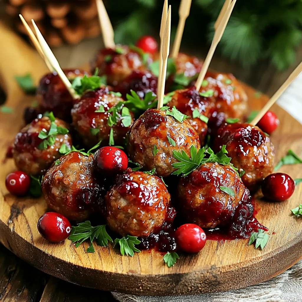 To make these savory meatballs, you need the following main ingredients: - 1 pound ground beef (or turkey for a lighter option) - 1/2 cup breadcrumbs - 1/4 cup finely chopped onion - 2 cloves garlic, minced - 1/4 cup fresh parsley, chopped - 1 large egg - 1 teaspoon salt - 1/2 teaspoon black pepper - 1 cup cranberry sauce (homemade or store-bought) - 1/4 cup barbecue sauce - 1 tablespoon soy sauce - 1 teaspoon ground ginger - 1/2 teaspoon red pepper flakes (optional for heat) These ingredients work together to create flavor and texture. Ground beef or turkey forms the meatball base. Breadcrumbs help bind the meatball, while egg adds moisture. Onions and garlic provide depth and aroma. Fresh parsley gives a bright touch. The spices, sauces, and cranberry sauce bring sweet and savory notes. You can add optional ingredients to make the dish your own: - Chopped bell peppers for extra crunch - Grated cheese for a rich flavor - Pineapple chunks for sweetness - Different herbs like thyme or basil Feel free to experiment with these extras. They add unique flavors and textures, making the dish more exciting. Choosing the right ingredients is key to great meatballs: - Ground meat: Look for fresh, high-quality meat. Choose lean cuts for healthier meatballs. - Breadcrumbs: Use fresh or homemade breadcrumbs. They provide better texture than dry ones. - Vegetables: Pick fresh, firm onions and herbs. They should smell fragrant and look vibrant. - Sauces: For the best flavor, use high-quality cranberry and barbecue sauces. These tips help ensure your Slow Cooker Cranberry Meatballs taste amazing. Quality ingredients make a big difference in your dish’s final flavor. To start, gather your ingredients. In a large bowl, mix the ground beef, breadcrumbs, chopped onion, minced garlic, parsley, egg, salt, and pepper. Use your hands to combine everything well. Ensure the mixture is uniform and sticky. This step is crucial for good meatballs. Next, shape the mixture into small meatballs, about one inch wide. Place them on a baking sheet lined with parchment paper. This keeps them from sticking. You can use a scoop for even size. When done, you can bake them or put them straight into the slow cooker. Baking them first gives a nice crust. Now, let’s make the sauce. In a separate bowl, mix the cranberry sauce, barbecue sauce, soy sauce, ground ginger, and red pepper flakes. Stir until everything is well blended. This sauce adds a sweet and tangy flavor to your meatballs. It’s a perfect complement. Place the meatballs in the slow cooker. Pour the cranberry sauce mixture over them. Make sure the meatballs are well coated. Cover the slow cooker and cook on low for 4-6 hours or on high for 2-3 hours. The meatballs should be fully cooked and tender. When ready, serve the meatballs with the sauce on top. They look great on a platter, garnished with fresh parsley. Enjoy your delicious dish! To get tender meatballs, use a mix of meat and breadcrumbs. The breadcrumbs help keep them soft. I like to use ground beef, but turkey works too. Make sure you mix the ingredients gently. Overmixing makes them tough. Roll the meatballs into small balls, about one inch wide. This size cooks evenly in the slow cooker. You can boost the flavor of your meatballs easily. Try adding herbs like basil or oregano. A splash of Worcestershire sauce gives a nice kick. For heat, toss in red pepper flakes. You can also use different sauces. A bit of honey or mustard can change the taste in a fun way. Just remember to adjust the sauce balance so it doesn't overpower the meatballs. When serving your meatballs, consider fun ways to make them stand out. Serve them on a platter with toothpicks for easy eating. Garnish with fresh parsley or cranberries for color. Pair the meatballs with rice or mashed potatoes to soak up the sauce. You can also place them in slider buns for a tasty sandwich. Each bite will be a hit at any gathering! {{image_2}} You can switch the ground beef for ground turkey. Turkey gives a lighter taste. You can also use ground chicken for a milder flavor. If you want to go meatless, you can try lentils. Cooked lentils make a great base for veggie meatballs. Add some mashed beans for a nice texture. While cranberry sauce is a star, don't stop there! You can mix things up with different sauces. Try using sweet and sour sauce for a tangy kick. A barbecue sauce adds sweetness and depth. For a spicy twist, use a sriracha-infused sauce. Experiment with flavors to find what you love best. For a gluten-free option, swap breadcrumbs with almond flour or gluten-free bread. This makes the meatballs just as tasty! If you want low-carb, you can skip the breadcrumbs entirely. This will keep the meatballs juicy. Pair with a low-carb sauce, like a sugar-free barbecue sauce, for a great meal. To keep your leftover meatballs fresh, place them in an airtight container. Make sure they cool down first. You can store them in the fridge for up to three days. Always label your container with the date. This way, you will know when to use them. When you're ready to eat the leftovers, use the slow cooker or microwave. If using the slow cooker, set it on low for about 30 minutes. This warms them gently and keeps them moist. If you use the microwave, place the meatballs on a plate and cover with a damp paper towel. Heat them for one minute, then check if they are warm enough. You can freeze these meatballs for later meals. Start by letting them cool completely. Then, arrange them in a single layer on a baking sheet. Freeze them for about one hour. Once frozen, transfer them to a freezer bag. Remove excess air and seal tightly. They will last up to three months in the freezer. When you're ready to cook them, thaw in the fridge overnight before reheating. You can serve these meatballs with many sides. Here are some great options: - Rice or quinoa for a filling meal. - Mashed potatoes for a creamy touch. - Fresh salad for a crunchy contrast. - Toasted bread or rolls for dipping. These sides enhance the meal and make it more fun. Yes, you can make these meatballs ahead! Prepare the meatball mixture and form the balls. You can store them in the fridge for up to 24 hours before cooking. This helps the flavors blend. You can also freeze them for later use. Just thaw before cooking. To check if the meatballs are done, use a meat thermometer. The center should reach 165°F. If you don’t have a thermometer, cut one open. The meat should be brown and juices should run clear. Avoid overcooking, as this makes them dry. Yes, using frozen meatballs works well! You can add them directly to the slow cooker. Just adjust the cooking time. Cook on low for 6-8 hours or high for 3-4 hours. The sauce will warm the meatballs and add great flavor. Each serving of these meatballs has about: - Calories: 250 - Protein: 15g - Fat: 12g - Carbohydrates: 18g - Fiber: 1g This is an estimate and can vary based on ingredients used. Always check the labels for exact numbers. You learned how to make tasty Slow Cooker Cranberry Meatballs. We covered key ingredients, steps, and tips for the best meatballs. You can also try fun variations and storage tips for leftovers. Remember, cooking is a chance to get creative. Use what you have at home, and enjoy the process. With these tips and tricks, you'll make meals that impress. Now, get cooking and share your tasty results!