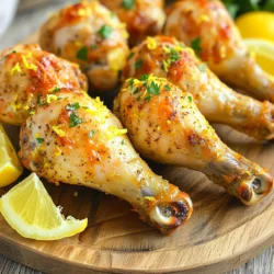 - 8 chicken drumsticks - 2 tablespoons olive oil - 1 teaspoon lemon zest - 2 tablespoons lemon juice - 1 tablespoon lemon pepper seasoning - 1 teaspoon garlic powder - 1 teaspoon onion powder - Salt to taste - Fresh parsley, chopped (for garnish) - Choosing fresh chicken drumsticks: Look for drumsticks that feel firm and have a pink hue. Avoid any that seem slimy or have dark spots. Freshness matters for flavor and safety. - Selecting the right type of lemon: Choose bright yellow lemons that feel heavy for their size. They should be firm but slightly soft when you press them. This shows they have juice inside. - Importance of high-quality olive oil: Use extra virgin olive oil for the best taste. It has a rich flavor that enhances the chicken. Good oil makes a big difference in your dish. Start by patting the chicken drumsticks dry. Use paper towels to remove any moisture. This step helps the skin get crispy. Next, make the marinade mixture. In a large bowl, mix 2 tablespoons of olive oil, 1 teaspoon of lemon zest, and 2 tablespoons of lemon juice. Add 1 tablespoon of lemon pepper seasoning, 1 teaspoon of garlic powder, 1 teaspoon of onion powder, and salt to taste. Stir everything well to combine. Now, add the chicken drumsticks to the bowl. Toss them in the marinade until each piece is well-coated. For the best flavor, let them marinate for at least 30 minutes. If you have time, marinate for up to 2 hours in the fridge. Preheat your air fryer to 400°F (200°C). This step is key for cooking the drumsticks evenly. Once it's preheated, place the marinated drumsticks in the air fryer basket. Put them in a single layer to avoid overcrowding. Depending on your air fryer size, you may need to do this in batches. Air fry the drumsticks for about 25 to 30 minutes. Flip them halfway through to ensure they cook evenly. Check that the internal temperature reaches 165°F (75°C). The skin should be golden and crispy. When the drumsticks are done, remove them from the air fryer. Let them rest for a few minutes. This helps the juices settle and keeps them moist. Finally, garnish with chopped fresh parsley before serving. You can arrange the drumsticks on a platter and drizzle with extra lemon juice. Serve with lemon wedges for a bright touch. To get that crispy skin, start by drying the chicken. Pat the drumsticks with paper towels. Removing moisture is key. It helps them crisp up nicely. Next, use a good olive oil. Olive oil adds flavor and aids in crisping. Air frying at the right temperature is also important. Preheat your air fryer to 400°F (200°C). This ensures a quick and even cook. Marinating adds great flavor. Aim to marinate for at least 30 minutes. If you have more time, two hours in the fridge works best. Adding a touch more lemon juice boosts the taste. You might also try adding honey for a sweet twist. This can balance the tartness of the lemon. These drumsticks pair well with many sides. Try serving them with a fresh salad or roasted veggies. Rice or mashed potatoes also complement the dish. For drinks, lemonade or iced tea work perfectly. They enhance the lemon flavor while keeping it refreshing. {{image_2}} You can easily change the taste of your lemon pepper chicken drumsticks. To add a kick, try a spicy lemon pepper version. Just mix in some cayenne pepper or chili flakes with the lemon pepper seasoning. This gives your dish a nice heat that balances well with the lemony flavor. For a more herbal touch, consider herb-infused alternatives. You can mix in dried herbs like thyme, rosemary, or oregano to the marinade. These herbs will add depth and aroma to your chicken, making it even more delightful. If you don’t have an air fryer, you can still enjoy these drumsticks. Oven baking is a great option. Preheat your oven to 425°F (220°C). Place the marinated drumsticks on a baking sheet. Bake for about 35-40 minutes. Flip them halfway through for even cooking. Look for that crispy skin and juicy meat. Grilling is another fun way to cook these drumsticks. Preheat your grill to medium heat. Place the marinated chicken on the grill grates. Cook for about 25-30 minutes, turning often. This method gives the chicken a smoky flavor that pairs well with the lemon. Want a gluten-free option? You’re in luck! The recipe is gluten-free as it stands. Just check your lemon pepper seasoning to ensure it has no gluten. For a low-sodium recipe, use low-sodium salt or skip it altogether. The lemon juice and lemon zest will still give your drumsticks great flavor. Adjust to your taste, and you'll have a dish that's lighter but still delicious. To store your lemon pepper chicken drumsticks, use airtight containers. Glass or plastic containers work well. Make sure they are sealed tightly. You can keep them in the fridge for up to 3 days. This way, your chicken stays fresh and tasty. If you want to keep the drumsticks longer, freezing is a great option. Place them in freezer-safe bags. Remove as much air as possible before sealing. They can last up to 3 months in the freezer. When you want to enjoy them, thaw them in the fridge overnight. To reheat your chicken drumsticks, use the air fryer again. Set it to 350°F (175°C). Heat for about 10-15 minutes. This helps keep the skin crispy. If you don't have an air fryer, you can use the oven. Just make sure to cover them with foil to avoid drying out. Enjoy your delicious drumsticks! You should cook chicken drumsticks in an air fryer for 25 to 30 minutes. I recommend flipping them halfway through. This helps them cook evenly and get that nice, crispy skin. The ideal cooking temperature for chicken drumsticks is 165°F (75°C). Use a meat thermometer to check the thickest part of the drumstick. This ensures your chicken is safe to eat. Yes, you can use frozen chicken drumsticks in the air fryer. However, they will take longer to cook. Add about 10 to 15 extra minutes to your cooking time. Make sure they reach 165°F (75°C) as well. You can tell your air fryer is preheated when it reaches the set temperature. Many air fryers have a preheat function or indicator light. If yours does not, simply set it for a few minutes before cooking. Lemon pepper seasoning is generally safe for most diets. However, check the label for added ingredients. Some brands may include preservatives or allergens. If you have specific dietary needs, make your own blend to be safe. In this article, we explored a tasty air fryer chicken drumstick recipe. We discussed quality ingredients, simple preparation steps, and tips for crispy skin. Remember, marinating enhances flavor, and you can try fun variations. Store leftovers correctly to keep them fresh, and always check for doneness. Enjoy making this dish and share it with your loved ones. You’ll impress them with your cooking skills and delicious flavors.