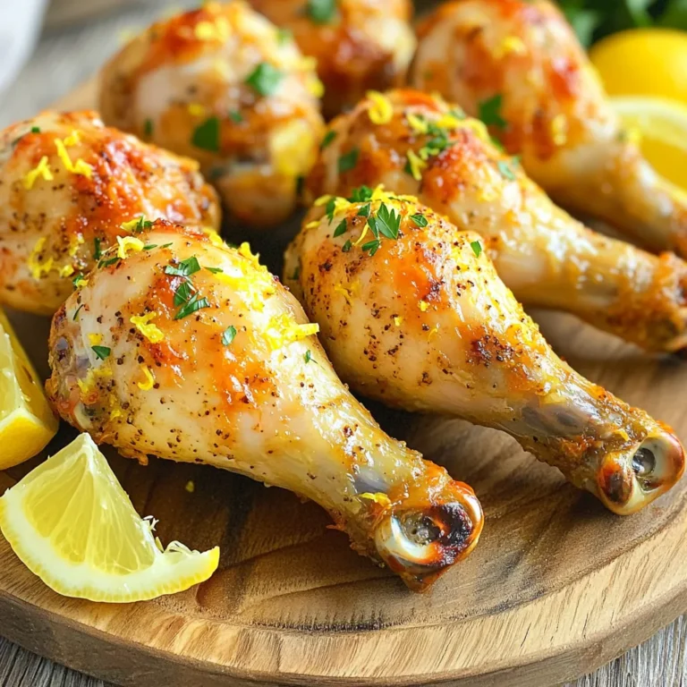- 8 chicken drumsticks - 2 tablespoons olive oil - 1 teaspoon lemon zest - 2 tablespoons lemon juice - 1 tablespoon lemon pepper seasoning - 1 teaspoon garlic powder - 1 teaspoon onion powder - Salt to taste - Fresh parsley, chopped (for garnish) - Choosing fresh chicken drumsticks: Look for drumsticks that feel firm and have a pink hue. Avoid any that seem slimy or have dark spots. Freshness matters for flavor and safety. - Selecting the right type of lemon: Choose bright yellow lemons that feel heavy for their size. They should be firm but slightly soft when you press them. This shows they have juice inside. - Importance of high-quality olive oil: Use extra virgin olive oil for the best taste. It has a rich flavor that enhances the chicken. Good oil makes a big difference in your dish. Start by patting the chicken drumsticks dry. Use paper towels to remove any moisture. This step helps the skin get crispy. Next, make the marinade mixture. In a large bowl, mix 2 tablespoons of olive oil, 1 teaspoon of lemon zest, and 2 tablespoons of lemon juice. Add 1 tablespoon of lemon pepper seasoning, 1 teaspoon of garlic powder, 1 teaspoon of onion powder, and salt to taste. Stir everything well to combine. Now, add the chicken drumsticks to the bowl. Toss them in the marinade until each piece is well-coated. For the best flavor, let them marinate for at least 30 minutes. If you have time, marinate for up to 2 hours in the fridge. Preheat your air fryer to 400°F (200°C). This step is key for cooking the drumsticks evenly. Once it's preheated, place the marinated drumsticks in the air fryer basket. Put them in a single layer to avoid overcrowding. Depending on your air fryer size, you may need to do this in batches. Air fry the drumsticks for about 25 to 30 minutes. Flip them halfway through to ensure they cook evenly. Check that the internal temperature reaches 165°F (75°C). The skin should be golden and crispy. When the drumsticks are done, remove them from the air fryer. Let them rest for a few minutes. This helps the juices settle and keeps them moist. Finally, garnish with chopped fresh parsley before serving. You can arrange the drumsticks on a platter and drizzle with extra lemon juice. Serve with lemon wedges for a bright touch. To get that crispy skin, start by drying the chicken. Pat the drumsticks with paper towels. Removing moisture is key. It helps them crisp up nicely. Next, use a good olive oil. Olive oil adds flavor and aids in crisping. Air frying at the right temperature is also important. Preheat your air fryer to 400°F (200°C). This ensures a quick and even cook. Marinating adds great flavor. Aim to marinate for at least 30 minutes. If you have more time, two hours in the fridge works best. Adding a touch more lemon juice boosts the taste. You might also try adding honey for a sweet twist. This can balance the tartness of the lemon. These drumsticks pair well with many sides. Try serving them with a fresh salad or roasted veggies. Rice or mashed potatoes also complement the dish. For drinks, lemonade or iced tea work perfectly. They enhance the lemon flavor while keeping it refreshing. {{image_2}} You can easily change the taste of your lemon pepper chicken drumsticks. To add a kick, try a spicy lemon pepper version. Just mix in some cayenne pepper or chili flakes with the lemon pepper seasoning. This gives your dish a nice heat that balances well with the lemony flavor. For a more herbal touch, consider herb-infused alternatives. You can mix in dried herbs like thyme, rosemary, or oregano to the marinade. These herbs will add depth and aroma to your chicken, making it even more delightful. If you don’t have an air fryer, you can still enjoy these drumsticks. Oven baking is a great option. Preheat your oven to 425°F (220°C). Place the marinated drumsticks on a baking sheet. Bake for about 35-40 minutes. Flip them halfway through for even cooking. Look for that crispy skin and juicy meat. Grilling is another fun way to cook these drumsticks. Preheat your grill to medium heat. Place the marinated chicken on the grill grates. Cook for about 25-30 minutes, turning often. This method gives the chicken a smoky flavor that pairs well with the lemon. Want a gluten-free option? You’re in luck! The recipe is gluten-free as it stands. Just check your lemon pepper seasoning to ensure it has no gluten. For a low-sodium recipe, use low-sodium salt or skip it altogether. The lemon juice and lemon zest will still give your drumsticks great flavor. Adjust to your taste, and you'll have a dish that's lighter but still delicious. To store your lemon pepper chicken drumsticks, use airtight containers. Glass or plastic containers work well. Make sure they are sealed tightly. You can keep them in the fridge for up to 3 days. This way, your chicken stays fresh and tasty. If you want to keep the drumsticks longer, freezing is a great option. Place them in freezer-safe bags. Remove as much air as possible before sealing. They can last up to 3 months in the freezer. When you want to enjoy them, thaw them in the fridge overnight. To reheat your chicken drumsticks, use the air fryer again. Set it to 350°F (175°C). Heat for about 10-15 minutes. This helps keep the skin crispy. If you don't have an air fryer, you can use the oven. Just make sure to cover them with foil to avoid drying out. Enjoy your delicious drumsticks! You should cook chicken drumsticks in an air fryer for 25 to 30 minutes. I recommend flipping them halfway through. This helps them cook evenly and get that nice, crispy skin. The ideal cooking temperature for chicken drumsticks is 165°F (75°C). Use a meat thermometer to check the thickest part of the drumstick. This ensures your chicken is safe to eat. Yes, you can use frozen chicken drumsticks in the air fryer. However, they will take longer to cook. Add about 10 to 15 extra minutes to your cooking time. Make sure they reach 165°F (75°C) as well. You can tell your air fryer is preheated when it reaches the set temperature. Many air fryers have a preheat function or indicator light. If yours does not, simply set it for a few minutes before cooking. Lemon pepper seasoning is generally safe for most diets. However, check the label for added ingredients. Some brands may include preservatives or allergens. If you have specific dietary needs, make your own blend to be safe. In this article, we explored a tasty air fryer chicken drumstick recipe. We discussed quality ingredients, simple preparation steps, and tips for crispy skin. Remember, marinating enhances flavor, and you can try fun variations. Store leftovers correctly to keep them fresh, and always check for doneness. Enjoy making this dish and share it with your loved ones. You’ll impress them with your cooking skills and delicious flavors.