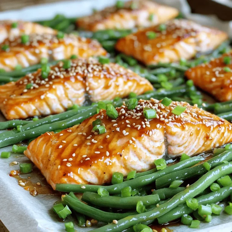 To make Sheet Pan Honey Garlic Salmon & Green Beans, you need simple and fresh ingredients. Here’s the full list: - 4 salmon fillets (about 6 oz each) - 1 lb fresh green beans, trimmed - 1/4 cup honey - 1/4 cup soy sauce (low sodium) - 3 cloves garlic, minced - 1 tablespoon sesame oil - 1 teaspoon grated fresh ginger - 1 tablespoon rice vinegar - 1 tablespoon olive oil - Salt and pepper to taste - Sesame seeds and chopped green onions for garnish Each ingredient plays a key role in the dish. The salmon provides protein and healthy fats. The green beans add crunch and color. Honey and soy sauce create a sweet and savory blend that coats the salmon. Garlic and ginger bring a warm, aromatic flavor. Using fresh ingredients makes a huge difference. Fresh green beans are crisp and vibrant. They hold their shape and taste during cooking. The salmon should be bright and firm for the best results. You can easily adjust the ingredients to your taste. If you like it sweeter, add more honey. For a bolder flavor, increase the garlic or ginger. Each choice allows for personal flair without losing the dish's essence. First, preheat your oven to 400°F (200°C). This heat will cook your salmon and green beans just right. While it warms up, line a sheet pan with parchment paper. This makes cleanup easier. Next, make the marinade. In a bowl, whisk together: - 1/4 cup honey - 1/4 cup low sodium soy sauce - 3 minced cloves of garlic - 1 tablespoon sesame oil - 1 teaspoon grated fresh ginger - 1 tablespoon rice vinegar Mix this well until it’s smooth and combined. Now, it's time to coat the salmon fillets. Place 4 salmon fillets in the center of the sheet pan. Pour half of the marinade over the salmon. Make sure each fillet is well coated. This adds great flavor. For the green beans, take 1 pound of trimmed fresh green beans. In a separate bowl, toss them with: - 1 tablespoon olive oil - Salt and pepper to taste Make sure they are evenly coated. This will help them roast nicely. Now, let's arrange everything on the sheet pan. Place the green beans around the salmon fillets. Drizzle the remaining marinade over the green beans for extra flavor. Bake in the preheated oven for about 15-20 minutes. Check doneness by seeing if the salmon flakes easily with a fork. The green beans should be tender-crisp. Once done, take the pan out and let it rest for a couple of minutes. This helps the flavors settle. Before serving, garnish with sesame seeds and chopped green onions for a pop of color and taste. Enjoy your meal! - How to tell when salmon is cooked You can check if salmon is cooked by looking for the color. Salmon should be opaque and easily flake with a fork. The internal temperature should reach 145°F (63°C). Use a food thermometer for accuracy. This ensures you serve safe and tasty fish. - Tips for reducing fishy smell To cut the fishy smell, soak the salmon in milk for 15 to 30 minutes before cooking. The proteins in milk help neutralize odors. Rinse the fillets after soaking and pat them dry. You can also use lemon juice in your marinade for a fresh taste. - Best practices for cooking green beans To get tender-crisp green beans, start with fresh ones. Trim the ends and rinse them well. Toss them with olive oil, salt, and pepper before baking. Bake them alongside the salmon for about 15-20 minutes. Keep an eye on them to ensure they stay bright and crisp. - Optional seasonings and garnishes You can boost the dish's flavor with some extra spices. Try adding red pepper flakes for heat or a sprinkle of garlic powder for more garlic flavor. Fresh herbs like cilantro or parsley can brighten the taste. For garnishing, sesame seeds and chopped green onions add a nice crunch and color. {{image_2}} If you want to switch things up, consider using other proteins. Chicken breasts or thighs work great. They soak up flavors well. You can also try shrimp. Just adjust the cooking time for shrimp to avoid overcooking. Tofu is a wonderful plant-based option. It absorbs the marinade beautifully and adds a tasty twist. You can use many vegetables for this dish. Broccoli is a nice choice. It adds crunch and color. Bell peppers can bring sweetness and flavor. Carrots are another great option. They add a hint of earthiness. Feel free to mix and match your favorites. Just keep the cooking time in mind for each veggie. Adjusting the marinade can make a big difference. For a sweeter taste, add more honey. If you like it spicier, try adding red pepper flakes. You can also use lime juice instead of rice vinegar for a zesty kick. Experiment with different herbs, like cilantro or basil, for fresh notes. These changes can personalize your dish and keep it exciting. To keep your salmon and green beans fresh, store them in the fridge. Use an airtight container. Place a piece of parchment paper between layers to prevent sticking. This keeps your dish tasty for up to three days. If you want to keep it longer, consider freezing. When reheating, I suggest using an oven or a skillet. Preheat your oven to 350°F (175°C). Place the salmon and green beans on a baking sheet. Cover with foil to keep moisture in. Bake for about 10 minutes. If using a skillet, heat over medium-low. Add a splash of water and cover until warm. This way, you keep the flavors intact. Yes, you can freeze this dish! First, let it cool completely. Use freezer-safe bags or containers. Remove as much air as possible to avoid freezer burn. Label with the date. You can freeze it for up to three months. When ready to eat, thaw in the fridge overnight and reheat as described above. Enjoy your delicious meal again! Salmon should reach an internal temperature of 145°F (63°C) to be safe. I use a food thermometer to check this. The fish should look opaque and flake easily with a fork. This ensures it is fully cooked and safe to eat. Yes, you can use frozen salmon. Thaw it in the fridge overnight for best results. If you need it quick, place it in a sealed bag and submerge it in cold water. Be sure to pat it dry before marinating. This helps the marinade stick better. You can store leftovers in the fridge for up to three days. Place them in an airtight container to keep them fresh. If they smell off or look unusual, it’s best to throw them away. Absolutely! You can make the marinade up to three days in advance. Just store it in the fridge in a sealed container until you’re ready to use it. This saves time and makes meal prep easier. You learned how to make a tasty salmon dish with fresh green beans. We covered key ingredients, step-by-step instructions, and helpful tips. Remember, cook the salmon until it reaches a safe temperature and enjoy the crisp green beans. Feel free to explore different proteins and veggies to keep it interesting. Storing leftovers right keeps your meal fresh for later. Now you have all you need to impress with a delicious, healthy meal. Happy cooking!