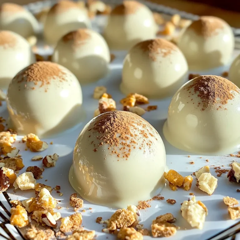 - 1 cup pumpkin puree - 1 cup crushed graham crackers - 1/2 cup powdered sugar - 1 teaspoon pumpkin pie spice - 8 ounces white chocolate, melted - 1/2 cup cream cheese, softened - 1/4 teaspoon vanilla extract - Extra white chocolate for drizzling (optional) - Chopped nuts or shredded coconut for rolling (optional) Pumpkin puree is key for flavor. Use canned for ease or make your own from fresh pumpkins. Graham crackers give a nice crunch. If you need a gluten-free option, try crushed gluten-free cookies instead. Powdered sugar sweetens the truffles. For a less sweet option, you can cut this in half. Pumpkin pie spice adds warmth. If you don’t have it, mix cinnamon, nutmeg, and ginger. White chocolate is essential for coating. You can use dark chocolate if you prefer a richer taste. Cream cheese keeps the truffles creamy and smooth. For a dairy-free version, use plant-based cream cheese. Vanilla extract enhances the flavor. You can skip it if you want a pure pumpkin taste. You can find pumpkin puree in most grocery stores. Look in the canned goods aisle. It usually comes in 15-ounce cans. If you prefer fresh pumpkin, select a small sugar pumpkin. Roast it, scoop out the flesh, and blend it until smooth. This fresh puree can be a great alternative. Just make sure to drain excess water for the best results in your truffles. First, grab a medium bowl. Add 1 cup of pumpkin puree. Then, toss in 1 cup of crushed graham crackers. Next, mix in 1/2 cup of powdered sugar. Don't forget 1 teaspoon of pumpkin pie spice for flavor. Add 1/2 cup of softened cream cheese and 1/4 teaspoon of vanilla extract. Stir well until everything is smooth and combined. This mix will create a tasty truffle base. Now, cover the bowl and put it in the fridge. Chill the mixture for about 30 minutes. This step is key. It helps the mixture firm up, making it easier to shape later. You want it to be nice and cold before forming the truffles. After chilling, take the bowl from the fridge. Use a small cookie scoop or your hands to form small balls, about 1 inch wide. Place them on a parchment-lined baking sheet. Once you shape them all, it's time to dip. Melt some white chocolate in a bowl. Take each truffle and dip it into the chocolate. Use a fork or toothpick for this. Let any extra chocolate drip off. Place the dipped truffles back on the sheet. If you want, drizzle more melted white chocolate over the top. You can also roll them in chopped nuts or shredded coconut for a fun touch. Finally, let the truffles set in the fridge for at least 30 minutes to harden. To keep your kitchen clean, use a deep bowl for dipping. This way, you can fully submerge your truffles in melted white chocolate. Use a fork or toothpick to dip each truffle. After dipping, gently shake off the excess chocolate. This helps prevent drips. You can also use a cooling rack lined with parchment paper. It catches any drips and keeps the truffles off the sheet. Store leftover truffles in an airtight container. Keep them in the fridge for up to a week. If you want them to last longer, you can freeze them. Just place them in a freezer-safe bag. They can stay fresh for about three months. When you’re ready to enjoy, let them thaw in the fridge for a few hours. Make your truffles look fancy with some simple touches. Drizzle extra melted white chocolate on top for a nice look. Rolling them in chopped nuts or shredded coconut adds texture and flavor. Arrange the truffles on a pretty platter. Sprinkle some pumpkin pie spice or cocoa powder around them. This makes for an inviting display that will impress your guests. {{image_2}} You can change the taste of these truffles with spices. Try adding cinnamon or nutmeg. These spices add warmth and extra flavor. You can also add a pinch of salt for balance. If you love chocolate, mix in cocoa powder for a richer taste. Feel free to experiment with flavors like orange zest or almond extract. Each change can give your truffles a unique twist. The coating can also change how your truffles taste. Instead of white chocolate, you can use dark or milk chocolate. This gives you a different sweetness level. For a fun texture, roll the truffles in sprinkles or crushed nuts. You can also use shredded coconut for a tropical vibe. These coatings add color and interest to your treats. You can mix and match to find your favorite combination. Making vegan or dairy-free truffles is easy. Replace cream cheese with vegan cream cheese or cashew cream. Use dairy-free white chocolate for coating. Check labels to ensure it's truly dairy-free. You can even use maple syrup instead of powdered sugar for sweetness. This way, you can enjoy these truffles without dairy. They still taste great and keep the fun alive! To keep your no-bake white chocolate pumpkin truffles fresh, store them in an airtight container. Place a layer of parchment paper between each layer of truffles. This helps prevent sticking. Keep the container in the fridge. The cool temperature keeps the chocolate firm and the flavors fresh. You can enjoy the truffles for up to one week. If you want to save some truffles for later, freezing works great. First, place the truffles on a baking sheet in a single layer. Freeze them for about an hour until firm. Then, transfer them to a freezer-safe bag or container. Make sure to remove as much air as possible. Frozen truffles can last for up to three months. When you are ready to eat them, thaw them in the fridge overnight. These truffles are best served cold. If you prefer them warm, you can gently warm them. Place a truffle in the microwave for about five seconds. Check to see if it's warm enough. Be careful not to melt the chocolate too much. Serve them on a nice platter, and enjoy the blend of pumpkin and chocolate flavors. Yes, you can use fresh pumpkin. Just make sure to cook and puree it first. Fresh pumpkin can add a nice flavor. However, canned pumpkin is more consistent. It has the right texture and moisture. If you choose fresh, make sure to drain any extra liquid. This helps the truffles hold their shape well. No-bake truffles can last up to one week in the fridge. Store them in an airtight container to keep them fresh. You can also freeze them for up to three months. Just let them thaw in the fridge before serving. This way, you can enjoy them later without losing taste or texture. Absolutely! Making these truffles ahead of time is perfect for a party. They taste even better after chilling for a few hours. You can prepare them a day or two before your event. Keep them in the fridge until you're ready to serve. This saves you time and stress on the day of the party. This blog post covered the key elements of making delicious pumpkin truffles. We discussed ingredients, helpful tips, and variations to try. Proper storage ensures your truffles stay fresh and tasty. Remember, these treats are easy to customize and fun to make. Enjoy your truffle-making journey, and don’t hesitate to experiment! You can make these treats your own. Happy truffle-making!