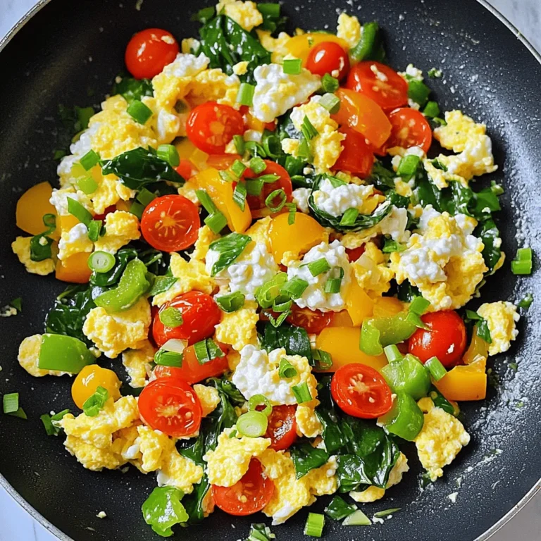 - 8 egg whites - 1 cup spinach, chopped - 1/2 cup cherry tomatoes, halved - 1/4 cup low-fat cottage cheese - 1/4 cup bell pepper, diced (any color) - 2 green onions, sliced - 1 tablespoon olive oil - 1 teaspoon garlic powder - Salt and pepper to taste - Fresh herbs for garnish (optional) The main ingredients in this recipe focus on health and protein. Egg whites are low in calories and high in protein. They make the base of the scramble. Spinach and cherry tomatoes add color and nutrients. The spinach gives you iron, while tomatoes add vitamin C. For flavor, I use low-fat cottage cheese. It adds creaminess without too much fat. Diced bell peppers give a sweet crunch. Green onions add a mild onion taste that brightens the dish. To cook, I use olive oil. It’s healthy and adds good fat. Garlic powder brings depth to the mix. Salt and pepper help bring out the flavors. You can add fresh herbs at the end. They add a lovely touch and extra flavor. Start by prepping your vegetables. Chop one cup of spinach and set it aside. Next, take half a cup of cherry tomatoes and slice them in half. Then, dice a quarter cup of bell pepper. You can choose any color bell pepper you like. After that, grab a bowl and whisk eight egg whites. Add one teaspoon of garlic powder, salt, and pepper to taste. Whisk until the mixture is frothy. In a non-stick skillet, heat one tablespoon of olive oil over medium heat. Once the oil is hot, add the diced bell peppers. Sauté them for about 2-3 minutes until they start to soften. Next, stir in the chopped spinach and halved tomatoes. Cook for another 2 minutes until the spinach wilts. Now, pour the whisked egg whites over the sautéed vegetables in the skillet. Let it cook until the edges begin to set, which takes about 2-3 minutes. Using a spatula, gently stir the mixture. This allows the uncooked egg whites to flow to the edges of the pan. When the egg whites are almost cooked, add the cottage cheese and sliced green onions. Stir gently to combine everything and cook for an additional 1-2 minutes until heated through. After cooking, remove the skillet from heat. If you like, garnish your scramble with fresh herbs for a pop of flavor. Enjoy your protein-packed egg white scramble! To boost protein in your egg white scramble, consider adding turkey bacon or diced chicken. Turkey bacon gives a nice crunch and flavor. You could also add shredded cheese. Low-fat options like mozzarella or cheddar work well. Each of these options adds protein and makes your meal more filling. For fluffy egg whites, whisk them until frothy. This adds air and makes them light. Cook on medium heat, so they don’t burn. Stir gently to keep them fluffy. If you want more flavor, add more garlic powder or a pinch of paprika. You can also adjust salt and pepper to suit your taste. Pair your egg white scramble with whole-grain toast or fresh fruit. Avocado slices on the side add healthy fats. You can also serve it on a bed of mixed greens for extra nutrients. Enjoy your meal with a glass of fresh juice or a smoothie for a complete breakfast! {{image_2}} You can mix in many veggies to boost your scramble. Try adding mushrooms for a rich flavor. Zucchini adds a nice crunch. You might also like bell peppers, onions, or even kale. Each veggie brings its own taste and nutrition. Herbs and spices can transform your dish. Basil and oregano give a fresh kick. Paprika adds warmth and color. If you like heat, try red pepper flakes. Don't forget black pepper for a classic touch. Experiment and find your favorite flavor combo. If you want to swap cottage cheese, you have choices. Greek yogurt adds protein and creaminess. Silken tofu is a great non-dairy option. You can also use ricotta for a sweet touch. Each option will change the taste, so have fun experimenting! To store your leftover egg white scramble, let it cool first. Place the scramble in an airtight container. This keeps it fresh for about three to four days. Always keep it in the fridge. If you want to enjoy it later, avoid leaving it out at room temperature. This can grow harmful bacteria. Yes, you can freeze the egg white scramble! To do this, let it cool completely. Then, put it in a freezer-safe container or bag. Squeeze out as much air as possible to prevent freezer burn. When you're ready to eat it, thaw it overnight in the fridge. Reheat in a skillet or microwave until hot. Stir gently as you heat it to keep it fluffy. For the best taste and safety, eat your leftovers within three to four days if stored in the fridge. If you freeze the scramble, try to eat it within one to two months. After this time, it may lose its flavor and texture. Always check the smell and look before you eat. If it seems off, it's best to toss it. Yes, you can use whole eggs instead of egg whites. Whole eggs have more fat and calories. They also give a richer taste and creamier texture. Egg whites are lower in calories and fat. They are great for a lighter meal. If you like, mix whole eggs and egg whites. This gives you some fat while keeping it light. The best way to cook egg whites is in a non-stick skillet. Use medium heat to avoid burning. Start with a little olive oil to prevent sticking. Whisk the egg whites well with seasonings. This makes them fluffy. Pour them into the skillet and let them cook. Gently stir to cook all sides evenly. The goal is a soft but firm texture. You can add many things to boost flavor. Use garlic powder, fresh herbs, or spices. Try adding cheese like feta or cheddar. Sautéed onions and peppers add sweetness and crunch. You can use toppings too, like avocado or salsa. These ideas will make your scramble taste even better! This post detailed how to make a delicious egg white scramble. We covered main ingredients like egg whites, spinach, and tomatoes. You learned how to prepare, cook, and enhance flavors. Tips on making it protein-rich and variations were also included. In conclusion, you can easily customize this dish to fit your taste. Experimenting makes cooking fun and enjoyable. Try different veggies or spices to find your perfect scramble! Enjoy your kitchen adventures!