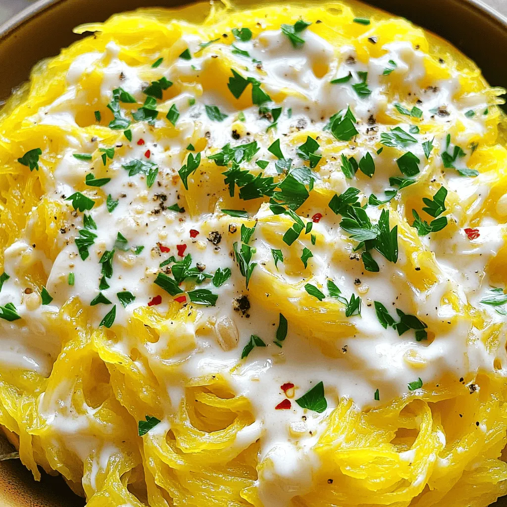 To make this dish, you will need: - 1 medium spaghetti squash - 3 tablespoons olive oil - 4 cloves garlic, minced - 1 cup heavy cream (or coconut cream for a dairy-free option) - 1 cup grated Parmesan cheese (or nutritional yeast for a vegan option) - Salt and pepper to taste - Fresh parsley, chopped (for garnish) - 1 teaspoon red pepper flakes (optional for heat) These ingredients create a rich and creamy sauce that complements the squash perfectly. The garlic adds a nice flavor, while the Parmesan brings a savory touch. You can easily change some ingredients for different diets. If you want a dairy-free option, use coconut cream instead of heavy cream. For a vegan choice, swap Parmesan cheese for nutritional yeast. This switch gives a cheesy flavor without any dairy. You can play with the flavors! Add salt and pepper to taste, but don't stop there. If you like heat, sprinkle in red pepper flakes. For fresh flavor, use chopped parsley on top. You can also try adding lemon zest for a bright twist. These options let you customize your dish to fit your taste! First, set your oven to 400°F (200°C). Grab a medium spaghetti squash and cut it in half lengthwise. Use a spoon to scoop out the seeds and any stringy bits. This step is key to getting nice strands later. Drizzle one tablespoon of olive oil on each half. Don’t forget to season with salt and pepper. Place the halves cut side down on a baking sheet lined with parchment paper. Roast them for 40-45 minutes. You want them tender enough to shred easily with a fork. While the squash roasts, it's time to make the sauce. Heat two tablespoons of olive oil in a saucepan over medium heat. Add four minced garlic cloves and sauté them for 1-2 minutes. You want them fragrant but not burnt. Next, pour in one cup of heavy cream. Stir it often and bring it to a simmer. Let it simmer for about five minutes. After that, reduce the heat to low. Now, stir in one cup of grated Parmesan cheese until it melts. Season with salt, pepper, and red pepper flakes if you like it spicy. Once the spaghetti squash is ready, take it out of the oven and let it cool for a few minutes. Use a fork to scrape the insides into spaghetti-like strands. Now, combine these strands with your creamy garlic Parmesan sauce. Toss them well so everything is coated. Serve it hot, garnished with chopped fresh parsley for a nice touch. Enjoy the rich flavors and the fun texture! Cutting spaghetti squash can be tricky. Here’s how to do it safely: - Use a sharp chef's knife for a clean cut. - Place the squash on a sturdy cutting board. - Hold the squash firmly with one hand. - Cut lengthwise, starting with a small notch to guide the knife. - If it’s too hard, microwave it for a few minutes to soften. This method helps you avoid slips and makes cutting easier. Getting the sauce just right is key. Here’s how to ensure it’s creamy and smooth: - Heat the garlic until fragrant but not burnt. - Add the cream slowly to avoid splattering. - Stir the sauce consistently to keep it smooth. - If the sauce gets too thick, add a splash of pasta water or broth. - Taste and adjust seasonings as needed for the best flavor. This way, your sauce will coat the squash perfectly. Having the right tools makes cooking easier. Here’s what I recommend: - A sharp chef's knife for cutting the squash. - A sturdy cutting board for safety. - A baking sheet lined with parchment paper for roasting. - A saucepan for making the sauce. - A fork for shredding the roasted squash. With these tools, you’ll cook with confidence and ease. {{image_2}} You can easily make this dish dairy-free or vegan. Use coconut cream instead of heavy cream. It gives a rich, creamy taste. You can swap Parmesan cheese for nutritional yeast. Nutritional yeast adds a cheesy flavor without dairy. This option keeps the meal light and delicious. Want to add some protein? You can mix in cooked chicken, shrimp, or tofu. If using chicken or shrimp, cook them in the pan after the garlic. Then, add the cream and cheese mix. For tofu, cube it and sauté until golden. Each choice adds a new texture and flavor. Feel free to get creative with spices! You can add red pepper flakes for heat. Try adding fresh herbs like basil or thyme for a twist. Lemon zest gives a nice brightness to the dish. You can even add a dash of smoked paprika for depth. Each spice can change the whole taste profile. After enjoying your creamy garlic Parmesan spaghetti squash, store leftovers in an airtight container. Make sure to let the dish cool completely before sealing. This helps keep the flavor fresh. You can store it in the fridge for up to four days. If you want to enjoy it later, consider freezing the sauce separately. To reheat, place the spaghetti squash in a skillet over low heat. Add a splash of cream or water to keep it moist. Stir occasionally until heated through. You can also use the microwave. Heat in short bursts, stirring in between. This method helps keep the texture nice and creamy. If you have extra sauce, freeze it for later. Pour the sauce into freezer-safe bags or containers. Leave some space at the top since it expands. The sauce can last in the freezer for about three months. To use, thaw it overnight in the fridge. Reheat it gently on the stove, stirring to bring back the creamy texture. Yes, you can use other cheeses. Try mozzarella or cheddar for a different taste. Nutritional yeast works well for a vegan option. It gives a cheesy flavor without dairy. Check if the squash is tender. You can pierce it with a fork. After about 40-45 minutes in the oven, it should be easy to shred. If it feels soft and the skin has a slight give, it’s ready! Pair this dish with a fresh salad for balance. Garlic bread adds a nice crunch. Roasted vegetables can enhance the meal's flavor. Grilled chicken or shrimp would also complement it well. This blog post covered how to make creamy garlic parmesan spaghetti squash. We went through the key ingredients, step-by-step instructions, and tips for perfecting the dish. You can easily adjust the recipe to fit your tastes and needs. Remember, cooking should be fun and creative. Don't be afraid to try new things. Enjoy the rich flavors and textures of this tasty meal. With these ideas, you can impress your family or friends at dinner time.