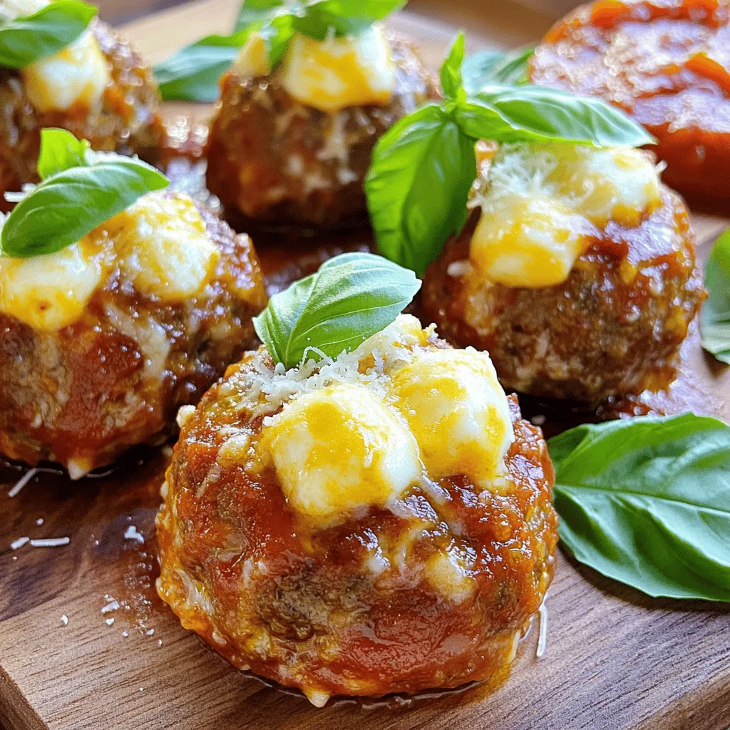 - 1 lb ground beef - 1/2 lb ground pork (or turkey) - 8 oz mozzarella cheese, cut into small cubes - Marinara sauce - Fresh basil leaves for garnish - 1 cup breadcrumbs - 1/2 cup grated Parmesan cheese - 1 teaspoon Italian seasoning - 1/2 teaspoon garlic powder - 1/2 teaspoon onion powder - 1 large egg - Salt and pepper to taste Gather these ingredients to make the best air fryer mozzarella stuffed meatballs. The mix of ground beef and pork adds flavor and moisture. If you want a lighter option, turkey works well too. The mozzarella cheese gives a melty surprise in each bite. Using breadcrumbs and Parmesan helps bind the meat together. Italian seasoning, garlic powder, and onion powder bring a delicious taste. The egg helps hold everything in place and adds richness. Don’t forget salt and pepper to season! For an extra touch, you can drizzle marinara sauce on top when serving. Fresh basil leaves make a lovely garnish and add a pop of color. Enjoy creating this savory dish! To start, grab a large mixing bowl. Combine 1 pound of ground beef, ½ pound of ground pork, 1 cup of breadcrumbs, and ½ cup of grated Parmesan cheese. Add 1 teaspoon of Italian seasoning, ½ teaspoon of garlic powder, and ½ teaspoon of onion powder. Crack in 1 large egg and season with salt and pepper. Mix all the ingredients well. But be careful! Do not overmix. If you mix too much, the meatballs can turn tough. You want a tender texture that melts in your mouth. Now it’s time to shape the meatballs. Take about 1.5 tablespoons of the meat mixture. Flatten it in your palm, making a small disc. Place a cube of mozzarella cheese in the center. Gently fold the meat around the cheese. Make sure the cheese is completely enclosed. This step is crucial to keep the cheesy goodness inside. Repeat this until you’ve shaped all the meatballs. Keep them uniform in size for even cooking. Next, preheat your air fryer to 375°F (190°C). This step helps your meatballs cook evenly. While it heats up, lightly spray the air fryer basket with cooking spray to prevent sticking. Place the meatballs in the basket, making sure they don’t touch. You may need to work in batches. Air fry the meatballs for 12-15 minutes. Check for a golden brown color and ensure they reach an internal temperature of 160°F (71°C). Once done, let them rest for a few minutes before serving. Enjoy these cheesy delights! To make your meatballs pop, use fresh herbs and spices. Adding parsley, oregano, or thyme can brighten the taste. You can also mix in some red pepper flakes for a little kick. For the cheese, mozzarella is a classic choice. It melts beautifully and gives a gooey center. You can also try provolone or fontina for a different flavor. Both melt well and add a new twist. To keep your meatballs juicy, avoid overmixing the meat. Just mix until the ingredients come together. This helps keep the meatballs tender. Cooking in batches is key. If you crowd the air fryer, the meatballs won’t cook evenly. Give each meatball space so they can brown nicely. This way, you get a perfect finish every time. Serve your meatballs with warm marinara sauce. A drizzle on top makes them look great. You can also add a sprinkle of extra Parmesan for a cheesy touch. For a fresh look, garnish with basil leaves. They add color and a nice aroma. Arrange the meatballs on a big platter for sharing. This makes your dish inviting and fun! {{image_2}} You can change up the meats or cheeses in this recipe. For a lighter option, use ground turkey instead of beef or pork. You can also mix meats. For example, try half beef and half turkey for a tasty blend. Instead of mozzarella, consider using provolone or gouda for a different flavor. These cheeses melt well and add a unique twist. If you want a dairy-free option, try vegan cheese. Just ensure it melts well to keep that gooey center. Want some heat? Add crushed red pepper flakes or chopped jalapeños. These spices give your meatballs a spicy kick. You can also mix in fresh herbs like parsley or oregano for extra flavor. For an Italian twist, try adding sun-dried tomatoes or black olives to the meat mixture. This gives your meatballs a Mediterranean flair. You can also serve them with marinara sauce infused with garlic and basil. While the air fryer is great, you can also bake these meatballs. Preheat your oven to 400°F (200°C). Place the meatballs on a baking sheet and cook for 20-25 minutes. This method gives a nice crust while keeping them juicy. If you prefer stovetop cooking, brown the meatballs in a skillet first. Then, add marinara sauce and let them simmer for 10-15 minutes. This method infuses flavor as they cook. Each method offers a unique texture and taste, so feel free to experiment! To store cooked meatballs, let them cool down first. Place the meatballs in an airtight container. You can also use a resealable plastic bag. This keeps moisture in and prevents drying. Make sure to store them in the fridge. They will stay fresh for up to 3 days. For freezing meatballs, let them cool completely before packing. Place them in a single layer on a baking sheet. Freeze until solid, then transfer to a freezer bag or container. This method prevents them from sticking. When ready to eat, thaw them overnight in the fridge. Reheat in the air fryer for best results. Stored meatballs last for about 3 days in the fridge. In the freezer, they can last up to 3 months. To check for spoilage, look for odd smells or changes in color. If you see mold or the meatballs feel slimy, throw them out. Always trust your senses to keep food safe. Yes, you can use ground turkey. Ground turkey is leaner than beef. It has less fat, which makes it a lighter option. However, this can change the texture. Turkey meatballs may be less juicy. You can add a bit more cheese or oil to keep them moist. Ground turkey also has a milder flavor, so you might want to boost your seasonings. To check if your meatballs are cooked, use a meat thermometer. The center should reach 160°F (71°C). You can also look at the color. The meatballs should be golden brown on the outside. When you cut one open, it should be fully cooked with no pink inside. This means they are safe to eat. Yes, you can make the meat mixture ahead of time. Mix everything and store it in the fridge for up to 24 hours. Just cover it well to keep it fresh. When you're ready to cook, form the meatballs and air fry them. This saves time and makes dinner prep easier. If you want to freeze the mixture, it can last for about three months. Just thaw it in the fridge overnight before cooking. You learned how to make tasty meatballs with beef and pork. I shared key ingredients, step-by-step instructions, and storage tips. Don’t forget the optional marinara sauce and fresh basil for serving. You can change up your meat or make vegetarian options. With these ideas, you’ll craft delicious meatballs every time. For perfect results, keep practicing and enjoy the process!