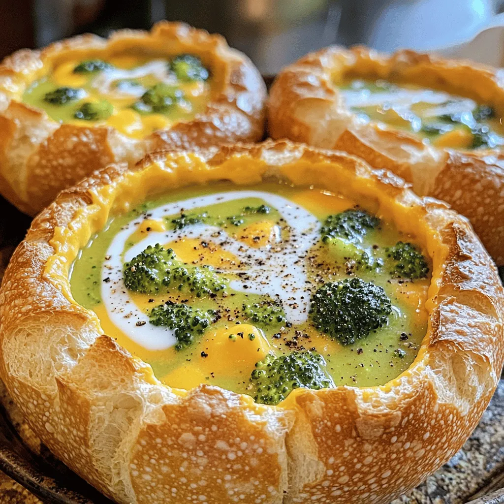 - 4 large sourdough bread bowls - 2 cups broccoli florets, chopped - 1 cup sharp cheddar cheese, grated - 1 small onion, diced - 2 cloves garlic, minced - 4 cups vegetable broth - 1 cup heavy cream - 2 tablespoons butter - 1 tablespoon olive oil - 1 teaspoon salt - 1/2 teaspoon black pepper - 1/4 teaspoon nutmeg (optional) When making broccoli cheddar soup, you need fresh and tasty ingredients. The sourdough bread bowls are key. They hold the soup and add flavor. Choose bread bowls that are firm. They should not fall apart when filled. Next, broccoli florets give the soup its bright green color. They provide a nice crunch and flavor. Use fresh broccoli for the best taste. If you want, you can also use frozen broccoli. Just make sure to thaw and chop it first. Sharp cheddar cheese is a must. It melts well and gives a rich taste. Grate it yourself for the best results. Pre-packaged cheese may not melt as smoothly. You will also need some pantry staples. A small onion adds sweetness. Garlic gives a punch of flavor. Vegetable broth helps to create a rich base. For creaminess, use heavy cream. It makes the soup smooth and rich. Butter and olive oil work together to sauté the onion and garlic. Seasoning is important too. Use salt and black pepper to enhance the flavors. Nutmeg is optional but adds warmth. Gather all these ingredients. You will create a delicious soup that fills your bread bowls. - Preheat your oven to 375°F (190°C). - Cut the tops off the sourdough bread bowls. Hollow out the centers with care. - Save the bread you remove for croutons or sides. - Place the hollowed bowls on a baking sheet. Toast in the oven for 10-12 minutes until lightly golden. - In a large pot, heat 1 tablespoon of olive oil and 2 tablespoons of butter over medium heat. - Add 1 small diced onion. Sauté for about 3-4 minutes until it turns clear. - Add 2 minced garlic cloves. Cook for another minute until fragrant. - Add 2 cups of chopped broccoli to the pot. Stir for 2 minutes. - Pour in 4 cups of vegetable broth. Bring to a boil. - Reduce the heat and let it simmer for 10 minutes. The broccoli should be tender. - Use an immersion blender to blend the mixture until smooth and creamy. - If you don’t have one, let the soup cool slightly. Blend in batches in a regular blender. - Stir in 1 cup of heavy cream. Mix well until combined. - Add 1 cup of grated sharp cheddar cheese. Stir until the cheese melts completely. - Season with 1 teaspoon of salt, 1/2 teaspoon of black pepper, and 1/4 teaspoon of nutmeg if you like. - Carefully ladle the hot soup into the toasted bread bowls. - If you want, sprinkle extra cheddar cheese on top. Place under the broiler for 1-2 minutes until bubbly and golden. For a smooth soup, blending is key. I suggest using an immersion blender. It keeps things easy. If you don't have one, blend in batches using a regular blender. This step makes a huge difference in texture. If you want a creamier soup, add more heavy cream. Start with half a cup. Mix it in and taste. Adjust until you get your desired richness. Sourdough bread works best for bowls. It adds great flavor and a nice texture. Look for bread with a thick crust. This helps keep your soup inside. You can also use bread like ciabatta or boule. Just make sure they are sturdy enough to hold the soup without falling apart. Fresh herbs can elevate your soup's taste. Try using parsley or chives as a garnish. They add color and flavor. Always taste your soup before serving. You may want to add more salt or pepper. Adjust the seasonings according to your palate. A pinch of nutmeg can give warmth too. {{image_2}} You can easily change the flavor of your soup. Adding chicken or ham gives it a hearty touch. Simply add cooked, shredded chicken or diced ham to the soup just before serving. This adds protein and makes the soup more filling. If you prefer a vegetarian option, try legumes. Beans or lentils work well. They boost nutrition and make the soup rich. Just cook them separately, then stir them in before serving. Cheese is key in this soup, but you can switch it up. Try different cheese for unique tastes. Gouda or Monterey Jack can add a nice twist. Each cheese brings its own flavor. For those avoiding dairy, use dairy-free cheese. Many brands offer good options that melt well. Look for cheese made from nuts or soy. Just remember to check the flavors to find what suits you. Broccoli is the star, but other veggies shine too. Carrots, cauliflower, or spinach can change the soup's look and taste. Adding carrots gives a sweet crunch. Cauliflower adds creaminess without the calories. Seasonal veggies are great for variation. In fall, you might add pumpkin. In spring, try asparagus. This keeps your soup fresh and exciting all year round. After you make broccoli cheddar soup, you might have some left. To store it, let the soup cool first. Then, place it in an airtight container. This helps keep the flavor fresh. You can store it in the fridge for up to three days. If you want to keep it longer, freezing is a good option. To freeze the soup, use a freezer-safe container. Leave some space at the top, as soup expands when frozen. It can last up to three months in the freezer. When you want to enjoy it again, thaw it overnight in the fridge. Reheat it gently on the stove. Stir well to make it creamy again. For the bread bowls, store them in a paper bag. This keeps them fresh without getting soggy. Avoid plastic bags, as they trap moisture. You can keep the bread bowls at room temperature for up to two days. If you need to store them longer, freeze them. Wrap each bowl tightly in plastic wrap and then in foil. Yes, you can make this soup ahead of time. Here’s how: - Cook the soup and let it cool. - Store it in an airtight container in the fridge for up to three days. - When you're ready to eat, reheat the soup on the stove. This way, you save time on busy days. Just remember to prepare the bread bowls fresh for the best taste. If you want to swap the heavy cream, consider these options: - Use half-and-half for a lighter version. - Try coconut milk for a dairy-free option. - Blend silken tofu with a bit of water for a creamy texture. Adjust the seasoning based on what you use. Each will change the flavor slightly, so choose what you like best. To keep the bread bowls from becoming soggy: - Toast them until they are golden and firm. - Serve the soup hot but not boiling. - Consider adding a layer of cheese at the bottom of the bowl. These steps create a barrier and keep the bread intact longer. Yes, using frozen broccoli works well! Here are a few tips: - Thaw the broccoli first for even cooking. - You may need to adjust the cooking time slightly. - Frozen broccoli may have a softer texture but will still taste great. This makes meal prep easier and saves time when you’re in a rush. This blog post covered how to make delicious broccoli cheddar soup in sourdough bread bowls. You learned about key ingredients and pantry staples. I shared easy step-by-step instructions to cook and blend the soup. We also discussed tips for perfecting texture and suggested variations to customize your dish. Cooking at home can be fun and rewarding. I encourage you to try this recipe. Enjoy a warm bowl of soup that’s both comforting and tasty. Happy cooking!