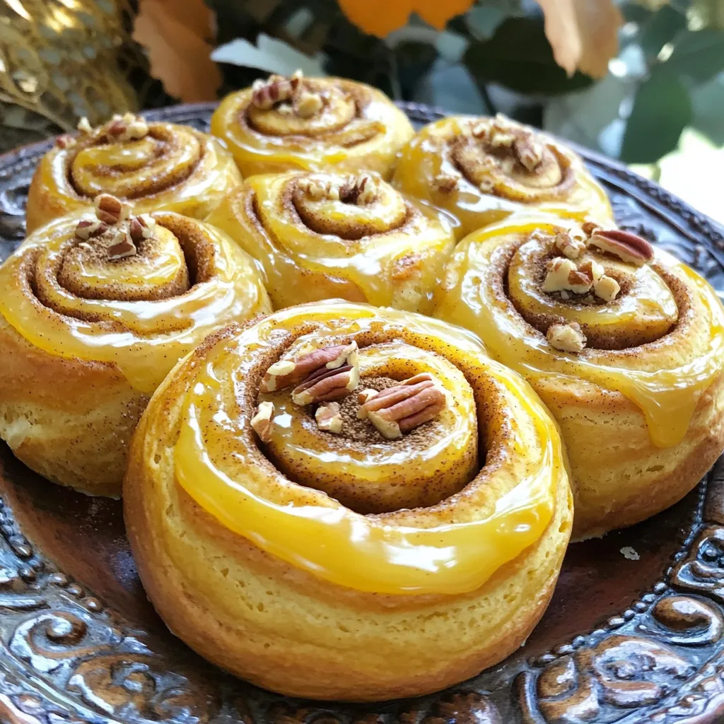 - 3 ½ cups all-purpose flour - 1 packet (2 ¼ teaspoons) active dry yeast - ½ cup warm milk (110°F/43°C) - ½ cup pumpkin puree (canned or fresh) - 1/3 cup granulated sugar - 1/4 cup unsalted butter, melted - 1 large egg - 1 teaspoon vanilla extract - 1 teaspoon cinnamon - ½ teaspoon nutmeg - ½ teaspoon allspice - ½ teaspoon salt To make these rolls, we need flour, yeast, and warm milk. The milk helps the yeast grow. Adding pumpkin puree makes the rolls soft and tasty. Sugar sweetens them, while butter gives a rich flavor. The egg adds moisture and helps them rise. Vanilla, cinnamon, nutmeg, allspice, and salt add depth to the rolls. Each ingredient plays a key role in creating the perfect blend of flavors. - 1/3 cup brown sugar, packed - 2 tablespoons ground cinnamon - 2 tablespoons unsalted butter, softened For the filling, brown sugar adds a deep, sweet flavor. Ground cinnamon gives that warm spice we love. The softened butter helps the filling stick to the dough. This mix creates a gooey center that is simply irresistible. - 1 cup powdered sugar - 3 tablespoons maple syrup - 2 tablespoons milk (adjust for desired consistency) - A pinch of salt The icing is simple but delicious. Powdered sugar gives it a sweet, smooth texture. Maple syrup adds a rich flavor that pairs perfectly with pumpkin. Milk helps adjust the icing's thickness. A pinch of salt balances the sweetness. Together, these ingredients create a finishing touch that makes the rolls shine. To start, warm your milk to about 110°F. This helps activate the yeast. In a small bowl, mix the yeast with the warm milk. Let it sit for five minutes until it gets frothy. In a large bowl, combine the flour, granulated sugar, cinnamon, nutmeg, allspice, and salt. These spices will give your rolls that cozy fall flavor. In another bowl, mix the pumpkin puree, melted butter, egg, and vanilla extract. Combine this with the yeast mixture. Slowly add the dry ingredients, stirring until a soft dough forms. Knead the dough on a floured surface for five to seven minutes. It should feel smooth and elastic. Place the dough in a greased bowl, cover it with a cloth, and let it rise in a warm spot for one hour or until it doubles in size. Once your dough has risen, punch it down gently. Roll it out on a floured surface into a rectangle, about 16x12 inches. Next, spread softened butter over the dough. This gives the filling something to stick to. Mix brown sugar and cinnamon together, then sprinkle it evenly on top. Starting from one long edge, roll the dough tightly into a log. Pinch the seam to seal it well. Cut the log into 12 equal pieces. Place the rolls in a greased baking dish. Cover them with a cloth and let them rise for another 30 minutes. They should look puffy and ready to bake. Preheat your oven to 350°F. Bake the rolls for 25 to 30 minutes until they turn golden brown. While they are baking, make the maple icing. In a bowl, whisk together powdered sugar, maple syrup, milk, and a pinch of salt until smooth. Once the rolls are out of the oven, let them cool for about 10 minutes. Drizzle the maple icing over the warm rolls. Enjoy the sweet and spicy aroma filling your kitchen! To get soft and fluffy rolls, use warm milk. The milk should be about 110°F. It helps the yeast wake up. This makes the dough rise better. Knead the dough for about 5-7 minutes. This builds gluten, which keeps the rolls light. Let the dough rise in a warm place. A cozy spot helps it grow. You want it to double in size. After mixing the dough, cover it with a cloth. This keeps it warm and moist. A good tip is to place it near a warm oven. If your kitchen is cold, this works wonders. After the first rise, punch the dough down. This releases excess air. When you shape the rolls, be sure to roll tightly. This keeps the filling inside. Let them rise again until puffy. This second rise is key for light rolls. For the maple icing, start with powdered sugar. It mixes easily and creates a smooth texture. Add maple syrup slowly. This gives the icing a sweet flavor. Adjust the milk for your preferred thickness. If you want a thicker icing, use less milk. A pinch of salt balances the sweetness. Drizzle it over the rolls while they are warm. This makes it melt slightly, creating a yummy glaze. {{image_2}} You can add nuts for extra crunch and flavor. Chopped pecans or walnuts work best. Simply sprinkle them on the filling after the brown sugar and cinnamon. This adds a nutty taste and a delightful texture. For a nut-free option, skip this step. To make gluten-free rolls, swap all-purpose flour for a gluten-free blend. Make sure the blend has xanthan gum for the best texture. Follow the same steps in the recipe. The rolls may be slightly denser, but they will still taste great. You can change the spices to suit your taste. Try adding ginger for a kick or cloves for warmth. You can also use vanilla bean paste instead of extract for a richer flavor. Mix and match to create your perfect roll. To keep your pumpkin cinnamon rolls fresh, store them in an airtight container. Let the rolls cool completely first. If you stack them, place parchment paper between layers to avoid sticking. They will stay good at room temperature for up to 3 days. For longer storage, refrigerate them for up to a week. To reheat your pumpkin cinnamon rolls, preheat your oven to 350°F (175°C). Place the rolls on a baking sheet. Cover them with aluminum foil to keep them moist. Heat for about 10-15 minutes. You can also microwave them for a quick option. Heat each roll for 15-20 seconds. Add a drizzle of maple icing after reheating for extra flavor. You can freeze these rolls before or after baking. To freeze unbaked rolls, place them in a single layer on a baking sheet. Freeze until solid, then transfer to a freezer bag. They will stay good for up to 3 months. To bake, thaw in the fridge overnight and let them rise before baking. If freezing baked rolls, wrap each in plastic wrap and place them in a freezer bag. Thaw them at room temperature before reheating. Yes, you can use fresh pumpkin. Just cook and mash it first. Make sure it's smooth. Fresh pumpkin may have a different moisture level. Adjust the flour if needed to keep the dough right. You can make these rolls a day ahead. Prepare the dough and let it rise. Then, shape the rolls and place them in the pan. Cover and refrigerate overnight. The next day, let them rise for 30 minutes before baking. This will save you time and still give you fresh rolls. If you don't have maple syrup, use honey or agave nectar. Both will add sweetness and flavor. You can also use brown sugar mixed with a bit of water as a thicker alternative. Adjust the milk for the right icing consistency. In this article, we explored the delicious world of pumpkin cinnamon rolls. We covered the main ingredients, filling, and icing. You learned step-by-step instructions for preparing, assembling, and baking. We also discussed tips for soft rolls and perfect icing. You can try fun variations, like nuts or gluten-free options. These rolls are easy to store or freeze for later. Get creative and make them your own. Enjoy every bite of these tasty treats!