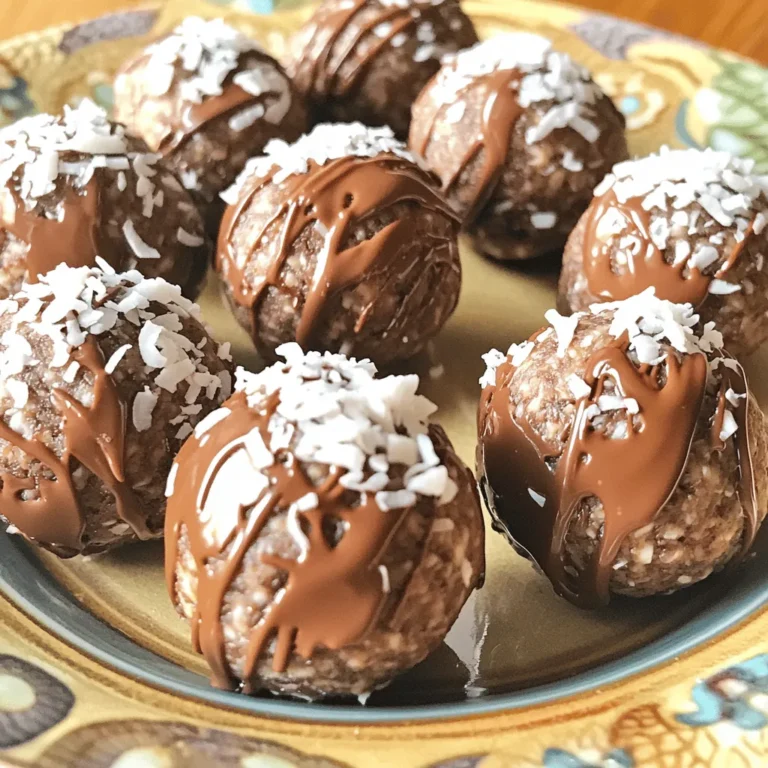 To make Chocolate Coconut Protein Balls, you need a few simple ingredients. Here’s what you will need: - 1 cup rolled oats - 1/2 cup natural peanut butter (or almond butter) - 1/4 cup honey or maple syrup - 1/4 cup unsweetened cocoa powder - 1/2 cup shredded coconut (sweetened or unsweetened) - 1/4 cup chocolate protein powder - 1/4 cup mini chocolate chips (optional) - Pinch of salt - 1-2 tablespoons almond milk (if needed for consistency) These ingredients come together to create a tasty, energy-packed treat. The oats give you fiber, while the peanut butter adds protein and healthy fats. You can use almond butter if you prefer a nut-free option. Honey or maple syrup sweetens the mix naturally. Cocoa powder gives a rich chocolate taste, making these protein balls a delight. Shredded coconut adds texture and flavor. For extra protein, add chocolate protein powder. Mini chocolate chips make it even more fun. Just a pinch of salt balances all the flavors. If the mix feels dry, a splash of almond milk helps. Enjoy making this easy, no-bake treat! Start by gathering all your ingredients in one spot. This makes it easy to mix. In a large bowl, add 1 cup of rolled oats, 1/2 cup of peanut butter, and 1/4 cup of honey. Next, add 1/4 cup of unsweetened cocoa powder and 1/2 cup of shredded coconut. Don’t forget 1/4 cup of chocolate protein powder and a pinch of salt. Use a sturdy spoon to mix everything well. If the mix feels dry, add 1-2 tablespoons of almond milk. This will help the mix stick together. Once your mix is ready, it’s time to form the protein balls. Take about a tablespoon of the mix in your hands. Roll it into a ball shape. It should feel firm but not too dry. If it crumbles, just add a bit more almond milk. Keep rolling until you use up all the mix. Place each ball on a tray lined with parchment paper. This makes cleanup easy later. After forming the balls, pop them in the fridge. Chill them for at least 30 minutes. This helps them firm up and hold their shape. Once chilled, they are ready to eat. Enjoy them as a snack or a quick breakfast. The protein balls will stay fresh in the fridge, making them a great treat for later! To get the best texture for your chocolate coconut protein balls, start with dry ingredients. If the mix feels too dry, add almond milk slowly. Use one tablespoon at a time. Mix well after each addition. You want the mixture to be sticky but moldable. If it breaks apart, it needs more moisture. Presentation matters! Place your protein balls on a nice plate. A decorative touch can make them pop. Sprinkle extra shredded coconut on top for a fun look. Drizzle some melted dark chocolate over the balls to impress friends. These simple steps make your treat look gourmet. Mini chocolate chips add a delightful crunch. When mixing, fold them in gently. This helps keep the chips evenly spread. If you skip them, the balls will still taste great. However, they do add a rich chocolate flavor. Feel free to adjust the amount based on your taste. {{image_2}} You can change up the flavors of your chocolate coconut protein balls. Try adding nuts like almonds or walnuts for extra crunch. Chia seeds or flaxseeds can boost nutrition and add fiber. You might also mix in dried fruit like cranberries or raisins for sweetness. Each new ingredient gives a fun twist to the taste. If you want to swap the honey or maple syrup, there are great options. Agave syrup offers a light sweetness and blends well. Stevia is another choice, giving sweetness without added sugar. You can even use mashed bananas for a natural sweetener. Each of these options changes the taste and adds its unique flavor. When it comes to protein powder, variety is key. You can use whey protein for a creamy texture. Plant-based protein powders like pea or rice work well too. Chocolate-flavored protein powder enhances the chocolate taste. You can even try flavored options like vanilla or caramel for a fun spin. Each protein powder gives a different taste and texture to your protein balls. Store your chocolate coconut protein balls in an airtight container. This keeps them fresh and tasty. You can use glass or plastic containers for storage. Line the bottom with parchment paper for extra protection. Avoid stacking them to prevent squishing. In the fridge, these protein balls last about one week. The cool temperature helps maintain their flavor and texture. Make sure to check for any signs of spoilage before eating. If they start to look or smell off, it’s best to toss them. For longer storage, freeze the protein balls. Place them in a single layer on a baking sheet first. Once frozen, transfer them to a freezer-safe bag or container. They can last up to three months in the freezer. Just remember to thaw them in the fridge before eating. Enjoy your sweet treat! Yes, you can use almond butter or cashew butter. Each nut butter adds its unique taste. Almond butter makes the balls a bit sweeter. Cashew butter has a creamier texture. You may need to adjust the amount if it's thicker or runnier. These protein balls last about one week in the fridge. Store them in an airtight container. If you freeze them, they can last up to three months. Just let them thaw before eating. Each protein ball contains about 5-7 grams of protein. This amount can change based on the protein powder you use. If you add more protein powder, the content will increase. Yes, you can make these protein balls vegan. Just use maple syrup instead of honey. Swap peanut butter for almond butter to avoid any animal products. Check your protein powder for dairy ingredients too. If the mixture does not hold together, it is too dry. You can fix this by adding almond milk. Add one tablespoon at a time until the mix can form a ball. It should feel moist but not sticky when ready. In this post, I shared a simple recipe for tasty protein balls. With rolled oats, peanut butter, and cocoa powder, mixing is quick and easy. I covered tips for the right consistency and ways to add flavor. Remember, you can change the ingredients to fit your taste. Store them well for the best results. Enjoy these protein-packed snacks anytime!