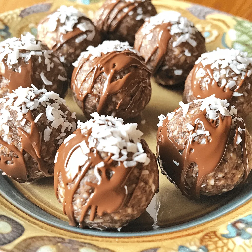 To make Chocolate Coconut Protein Balls, you need a few simple ingredients. Here’s what you will need: - 1 cup rolled oats - 1/2 cup natural peanut butter (or almond butter) - 1/4 cup honey or maple syrup - 1/4 cup unsweetened cocoa powder - 1/2 cup shredded coconut (sweetened or unsweetened) - 1/4 cup chocolate protein powder - 1/4 cup mini chocolate chips (optional) - Pinch of salt - 1-2 tablespoons almond milk (if needed for consistency) These ingredients come together to create a tasty, energy-packed treat. The oats give you fiber, while the peanut butter adds protein and healthy fats. You can use almond butter if you prefer a nut-free option. Honey or maple syrup sweetens the mix naturally. Cocoa powder gives a rich chocolate taste, making these protein balls a delight. Shredded coconut adds texture and flavor. For extra protein, add chocolate protein powder. Mini chocolate chips make it even more fun. Just a pinch of salt balances all the flavors. If the mix feels dry, a splash of almond milk helps. Enjoy making this easy, no-bake treat! Start by gathering all your ingredients in one spot. This makes it easy to mix. In a large bowl, add 1 cup of rolled oats, 1/2 cup of peanut butter, and 1/4 cup of honey. Next, add 1/4 cup of unsweetened cocoa powder and 1/2 cup of shredded coconut. Don’t forget 1/4 cup of chocolate protein powder and a pinch of salt. Use a sturdy spoon to mix everything well. If the mix feels dry, add 1-2 tablespoons of almond milk. This will help the mix stick together. Once your mix is ready, it’s time to form the protein balls. Take about a tablespoon of the mix in your hands. Roll it into a ball shape. It should feel firm but not too dry. If it crumbles, just add a bit more almond milk. Keep rolling until you use up all the mix. Place each ball on a tray lined with parchment paper. This makes cleanup easy later. After forming the balls, pop them in the fridge. Chill them for at least 30 minutes. This helps them firm up and hold their shape. Once chilled, they are ready to eat. Enjoy them as a snack or a quick breakfast. The protein balls will stay fresh in the fridge, making them a great treat for later! To get the best texture for your chocolate coconut protein balls, start with dry ingredients. If the mix feels too dry, add almond milk slowly. Use one tablespoon at a time. Mix well after each addition. You want the mixture to be sticky but moldable. If it breaks apart, it needs more moisture. Presentation matters! Place your protein balls on a nice plate. A decorative touch can make them pop. Sprinkle extra shredded coconut on top for a fun look. Drizzle some melted dark chocolate over the balls to impress friends. These simple steps make your treat look gourmet. Mini chocolate chips add a delightful crunch. When mixing, fold them in gently. This helps keep the chips evenly spread. If you skip them, the balls will still taste great. However, they do add a rich chocolate flavor. Feel free to adjust the amount based on your taste. {{image_2}} You can change up the flavors of your chocolate coconut protein balls. Try adding nuts like almonds or walnuts for extra crunch. Chia seeds or flaxseeds can boost nutrition and add fiber. You might also mix in dried fruit like cranberries or raisins for sweetness. Each new ingredient gives a fun twist to the taste. If you want to swap the honey or maple syrup, there are great options. Agave syrup offers a light sweetness and blends well. Stevia is another choice, giving sweetness without added sugar. You can even use mashed bananas for a natural sweetener. Each of these options changes the taste and adds its unique flavor. When it comes to protein powder, variety is key. You can use whey protein for a creamy texture. Plant-based protein powders like pea or rice work well too. Chocolate-flavored protein powder enhances the chocolate taste. You can even try flavored options like vanilla or caramel for a fun spin. Each protein powder gives a different taste and texture to your protein balls. Store your chocolate coconut protein balls in an airtight container. This keeps them fresh and tasty. You can use glass or plastic containers for storage. Line the bottom with parchment paper for extra protection. Avoid stacking them to prevent squishing. In the fridge, these protein balls last about one week. The cool temperature helps maintain their flavor and texture. Make sure to check for any signs of spoilage before eating. If they start to look or smell off, it’s best to toss them. For longer storage, freeze the protein balls. Place them in a single layer on a baking sheet first. Once frozen, transfer them to a freezer-safe bag or container. They can last up to three months in the freezer. Just remember to thaw them in the fridge before eating. Enjoy your sweet treat! Yes, you can use almond butter or cashew butter. Each nut butter adds its unique taste. Almond butter makes the balls a bit sweeter. Cashew butter has a creamier texture. You may need to adjust the amount if it's thicker or runnier. These protein balls last about one week in the fridge. Store them in an airtight container. If you freeze them, they can last up to three months. Just let them thaw before eating. Each protein ball contains about 5-7 grams of protein. This amount can change based on the protein powder you use. If you add more protein powder, the content will increase. Yes, you can make these protein balls vegan. Just use maple syrup instead of honey. Swap peanut butter for almond butter to avoid any animal products. Check your protein powder for dairy ingredients too. If the mixture does not hold together, it is too dry. You can fix this by adding almond milk. Add one tablespoon at a time until the mix can form a ball. It should feel moist but not sticky when ready. In this post, I shared a simple recipe for tasty protein balls. With rolled oats, peanut butter, and cocoa powder, mixing is quick and easy. I covered tips for the right consistency and ways to add flavor. Remember, you can change the ingredients to fit your taste. Store them well for the best results. Enjoy these protein-packed snacks anytime!