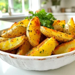 - 4 medium russet potatoes - 4 tablespoons olive oil - 4 cloves garlic, minced - 1 teaspoon dried oregano - 1 teaspoon dried thyme - 1 teaspoon paprika - Salt and pepper - Fresh parsley for garnish To make garlic herb potato wedges, you need simple, fresh items. Start with russet potatoes. Their starchy texture gives wedges a lovely crisp. Use four medium-sized ones, scrubbed clean. You will also need olive oil. Four tablespoons will coat the potatoes well. Garlic adds flavor, so use four cloves, minced. For herbs, dried oregano and thyme work best. A teaspoon of each will do. Paprika gives the wedges a nice color and slight kick. Add one teaspoon of it. Don't forget salt and pepper; they enhance every flavor. Finally, chop fresh parsley for garnish. It adds a pop of color and freshness. This list keeps it easy. You can find all these items at your local grocery store. Happy cooking! 1. Soaking the potatoes: After cutting the potatoes into wedges, soak them in cold water for at least 30 minutes. This step is key. It helps remove excess starch, making your wedges crispier. 2. Preheating the air fryer: While the potatoes soak, preheat your air fryer to 400°F (200°C). This will ensure your wedges cook evenly and get that perfect golden color. 3. Draining and drying the wedges: Once the potatoes have soaked, drain them well. Then, pat them dry with paper towels. This step removes moisture and helps with crispiness. 1. Combining ingredients in a mixing bowl: In a large bowl, mix the drained potato wedges with 4 tablespoons of olive oil. Add 4 cloves of minced garlic, 1 teaspoon each of dried oregano, dried thyme, and paprika. Don’t forget salt and pepper to taste! 2. Tossing the wedges to coat evenly: Toss the wedges well until they are fully coated in the oil and spices. This step adds flavor and ensures every bite is tasty. 1. Air frying instructions: Place the seasoned potato wedges in a single layer in the air fryer basket. Make sure not to overcrowd them, as this can lead to uneven cooking. You may need to cook in batches for the best results. 2. Tips for achieving even browning: Air fry the wedges for 15-20 minutes. Shake the basket halfway through cooking to promote even browning. Keep an eye on them; you want them golden and crispy, not burnt. Soaking the potatoes is key. When you soak them in cold water for at least 30 minutes, it removes extra starch. This helps the wedges turn crispy and golden. After soaking, dry them well with paper towels. For cooking, set your air fryer to 400°F (200°C). Cook the wedges for 15 to 20 minutes. Shake the basket halfway through to ensure even cooking. You can switch up the herbs and spices for more flavor. Try fresh rosemary or basil for a twist. A sprinkle of cheese, like Parmesan, adds a rich taste too. Consider adding toppings like jalapeños or bacon bits for a fun kick. Dipping sauces pair great with these wedges. Ranch, garlic aioli, or even spicy ketchup work well. For serving, place the wedges in a rustic bowl or on a wooden board. Garnish with fresh parsley for a pop of color. This makes your dish look inviting and delicious! {{image_2}} You can switch up your potato choice for different tastes. Sweet potatoes give a sweet, earthy flavor. They also turn out crisp and golden. Yukon gold potatoes offer a creamy texture. Their flavor is buttery, adding richness to your dish. Using these options can change your garlic herb potato wedges. Each type of potato can lead to a new favorite. Feel free to get creative with your spices! Try a spicy herb blend for a kick. Mix in chili powder or cayenne for heat. You can also add parmesan cheese for a savory twist. Toppings like crumbled feta or bacon bits can make your wedges special. Pair them with dips like spicy ketchup or garlic aioli for extra flavor. The options are endless, so have fun mixing! You can cook these wedges in different ways. Air frying gives a crispy finish in less time. If you don't have an air fryer, no worries! You can bake them in the oven at 425°F (220°C). Spread the wedges on a baking sheet for even cooking. Make sure to flip them halfway through for that nice golden color. Both methods lead to tasty wedges that everyone will love! After making garlic herb potato wedges, you might have some left. To keep them fresh, store them in an airtight container. Place the container in the fridge. This will help prevent them from drying out. You can store your potato wedges for up to 3 days. After that, they may lose their flavor and texture. When reheating garlic herb potato wedges, the air fryer works best. Set it to 350°F (175°C) and heat for about 5-7 minutes. This keeps them crispy and warm. If you don't have an air fryer, use an oven. Preheat it to 350°F (175°C) and bake the wedges on a tray. This method also helps to maintain their crispness. To make garlic herb potato wedges, start with russet potatoes. Cut them into wedges and soak them in cold water for 30 minutes. This step helps remove starch and makes them crispier. Next, preheat your air fryer to 400°F (200°C). After that, drain and dry the wedges. In a bowl, mix the wedges with olive oil, minced garlic, oregano, thyme, paprika, salt, and pepper. Toss well to coat. Place the wedges in a single layer in the air fryer. Cook them for 15-20 minutes. Shake the basket halfway through for even cooking. Once they are golden and crispy, garnish with chopped parsley. Yes, you can use other potatoes! Sweet potatoes work great for a sweeter taste. Yukon gold potatoes are creamy and have a buttery flavor. Each type will change the texture and taste slightly. Russet potatoes are the best for a classic crispy wedge. Experiment with what you like best! Garlic herb potato wedges pair well with many dishes. Try serving them with burgers or grilled chicken for a tasty meal. They also go great with dipping sauces like ranch or garlic aioli. For a fun twist, serve them with a side of coleslaw or a fresh salad. Enjoy! You learned how to make garlic herb potato wedges in an air fryer. We covered ingredients, preparation, cooking tips, and variations. I shared ways to enhance flavor and serve them well. These wedges are tasty and easy to make. Feel free to mix in your favorite spices. Experiment with different potatoes for fun textures. Enjoy your cooking and savor your delicious creations!