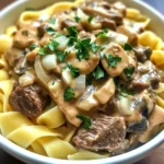 - 2 lbs beef stew meat, cut into 1-inch pieces - 1 medium onion, diced - 3 cloves garlic, minced - 8 oz mushrooms, sliced - 4 cups beef broth - 1 tablespoon Worcestershire sauce - 1 teaspoon Dijon mustard - 1 teaspoon paprika - Salt and pepper to taste I love using beef stew meat for this dish. It becomes tender and juicy after slow cooking. Diced onion and minced garlic add great flavor. Sliced mushrooms bring an earthy touch. The beef broth gives a rich base to the sauce. Worcestershire sauce adds depth, while Dijon mustard and paprika enhance the taste. Don’t forget to season with salt and pepper! - 1/4 cup all-purpose flour (for thickening) - 1 cup sour cream - Egg noodles or rice (for serving) - Fresh parsley, chopped (for garnish) To thicken the sauce, I use all-purpose flour. Mixing it with broth creates a smooth slurry. Sour cream is key for that creamy texture. I recommend serving this dish over cooked egg noodles or rice. It soaks up the sauce perfectly. A sprinkle of fresh parsley on top adds color and freshness. 1. Start by adding the beef stew meat to your slow cooker. 2. Next, add the diced onion, minced garlic, and sliced mushrooms. 3. Pour in the beef broth. 4. Add in the Worcestershire sauce, Dijon mustard, and paprika. 5. Stir everything well to mix the ingredients. 6. Season with salt and pepper to your liking. 7. Cover the slow cooker with its lid. 1. Choose your cooking setting. You can cook on low for 8 hours or high for 4 hours. 2. Check the beef for tenderness after the cooking time. It should be soft and easy to shred. 1. About 30 minutes before serving, make a slurry to thicken the sauce. 2. Mix the flour with a few tablespoons of the hot broth in a small bowl. 3. Stir this mixture back into the slow cooker. 4. Once the sauce thickens, turn off the slow cooker. 5. Mix in the sour cream until it is well blended. 6. Serve the beef stroganoff over cooked egg noodles or rice. 7. Garnish with chopped fresh parsley for a pop of color. Choosing the right cut of beef is key. I like using beef stew meat. It has the right fat and flavor. Chuck roast also works well if you can find it. To achieve tender meat, cook it low and slow. The meat breaks down, making it soft and juicy. Don't rush the cooking time. Wait until it’s tender before you serve. Layering your ingredients matters. Start with the beef at the bottom. This helps it cook evenly. Add onions and garlic next, then mushrooms. Pour the broth on top. This way, the flavors blend well. Keep an eye on the cooking time. If you can, check the meat's tenderness. If it needs more time, let it cook longer. For a lovely presentation, serve in large bowls. A sprinkle of fresh parsley adds color. You can also offer extra sour cream on the side. Egg noodles or rice are perfect for serving. They soak up the sauce nicely. Enjoy your cozy meal! {{image_2}} You can change up the meat in this dish. Try chicken or pork for a twist. If you want a meatless option, use hearty vegetables like lentils or chickpeas. They add great texture and flavor. Mushrooms are key for flavor. But you can swap them, too! Use shiitake or portobello mushrooms for a deeper taste. Even dried mushrooms can work well, just rehydrate them first. To boost the flavor, add spices like thyme or rosemary. A bay leaf can also bring out rich notes. Don't be afraid to experiment with smoked paprika for a smoky touch. For some fun serving ideas, try filling wraps with the stroganoff. You can also layer it in a casserole dish and top with cheese for a baked version. If you're gluten-free, swap the all-purpose flour for cornstarch or a gluten-free blend. This keeps the dish creamy without gluten. For a low-carb version, serve the stroganoff over zucchini noodles or cauliflower rice. Both options are tasty and keep the meal light. To store leftovers, let the beef stroganoff cool first. Use an airtight container to keep it fresh. Place it in the fridge within two hours of cooking. It will last for about three to four days. When you are ready to reheat, use a pot on the stove or a microwave. Heat it until it is warm all the way through. Stir it well to avoid cold spots. To freeze the dish, let it cool completely. Transfer the stroganoff to a freezer-safe container. Make sure to leave some space at the top for expansion. Seal it tightly and label the container with the date. It can last up to three months in the freezer. When you are ready to eat it, thaw it in the fridge overnight. After thawing, reheat it in a pot or the microwave. Add a splash of beef broth if it seems thick. This will help bring back the creamy texture. Enjoy your comforting meal! How long can I store slow cooker beef stroganoff? You can store beef stroganoff in the fridge for up to three days. Make sure to keep it in an airtight container. This way, it stays fresh and tasty. You can also freeze it for up to three months. Just thaw it in the fridge before reheating. Can I cook this on high for less time? Yes, you can cook beef stroganoff on high for about four hours. Just check that the meat is tender. The low setting gives it more flavor, but high works too when you’re short on time. What can I substitute for sour cream? You can use Greek yogurt or cream cheese instead of sour cream. Both add creaminess and flavor. For a lighter option, try using silken tofu blended until smooth. Why is my beef stroganoff too watery? If your stroganoff is watery, it may need more thickening. Mix a tablespoon of flour with some broth to create a slurry. Stir it in and cook for a bit longer. This will help the sauce thicken. How can I make it creamier without increasing calories? To make your stroganoff creamier, use less sour cream and add a bit of low-fat milk or broth. You can also blend some cooked cauliflower into the sauce for added creaminess without extra calories. Caloric content per serving Each serving of beef stroganoff has about 350 calories. This can vary based on your ingredients and portion size. Breakdown of macros (protein, fat, carbs) - Protein: 30g - Fat: 18g - Carbohydrates: 20g This dish offers a good balance of protein and carbs, making it a filling meal. In this article, we explored how to make slow cooker beef stroganoff. We covered the main ingredients like beef, onions, and seasonings. You learned about the cooking process, tips for tenderness, and variations to suit your taste. Storing your leftovers correctly is vital to enjoy this dish later. With these steps and insights, you can create a hearty meal that is both easy and delicious. Don't hesitate to experiment with flavors and ingredients that suit you best. Happy cooking!