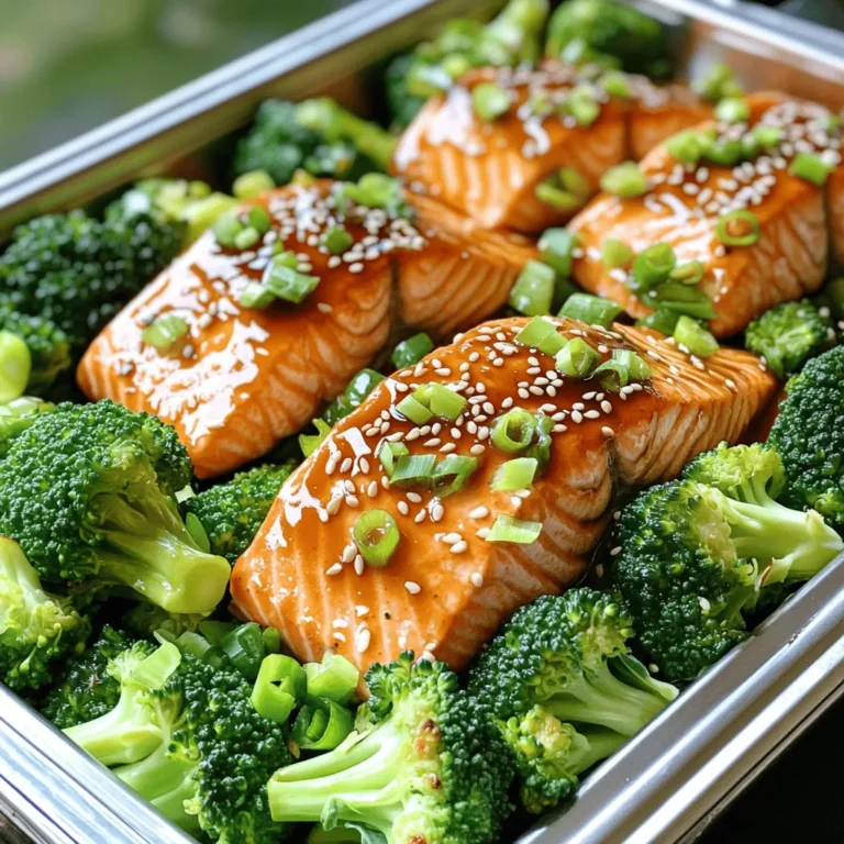 - 4 salmon fillets - 2 cups broccoli florets - 1/4 cup low-sodium soy sauce - 2 tablespoons honey - 1 tablespoon rice vinegar - 1 tablespoon sesame oil - 2 cloves garlic, minced - 1 inch fresh ginger, grated The salmon fillets are the star of this dish. They provide rich flavor and healthy fats. Broccoli florets add crunch and bright color. The teriyaki sauce combines soy sauce, honey, rice vinegar, sesame oil, garlic, and ginger. This sauce brings a sweet and savory taste that pairs perfectly with salmon. - 1 tablespoon olive oil - Salt and pepper to taste - 1 tablespoon sesame oil Use olive oil to coat the broccoli. This helps it roast nicely. Salt and pepper enhance the flavors of both the salmon and broccoli. Sesame oil adds a nutty touch that elevates the dish. - 1 tablespoon sesame seeds - 2 green onions, sliced Garnishes like sesame seeds and sliced green onions add a fresh finish. They also provide a nice visual appeal and extra flavor. These small touches make the meal even more inviting and delicious. First, preheat your oven to 400°F (200°C). This temperature helps cook the salmon and broccoli perfectly. Next, line a large baking sheet with parchment paper. This makes cleanup easy and keeps the food from sticking. In a small bowl, whisk together the following ingredients until smooth: - 1/4 cup low-sodium soy sauce - 2 tablespoons honey - 1 tablespoon rice vinegar - 1 tablespoon sesame oil - 2 cloves garlic, minced - 1 inch fresh ginger, grated Mixing these flavors creates a sweet and savory teriyaki sauce that will coat the salmon and broccoli. Now it’s time to assemble. Place the salmon fillets on one side of your prepared baking sheet. Brush them generously with the teriyaki sauce. On the other side, toss the broccoli florets with olive oil, salt, and pepper. Spread the broccoli out evenly. Drizzle any leftover teriyaki sauce over the broccoli. Finally, sprinkle it all with sesame seeds for extra crunch. Bake everything in your preheated oven for 12-15 minutes. The salmon should cook through and flake easily with a fork. The broccoli should look bright and tender. To check for doneness, use a fork on the salmon. If it flakes, it’s ready! To get the right texture, choose fresh salmon fillets. Look for bright color and firm flesh. The ideal cook time is 12 to 15 minutes at 400°F. Check when it flakes easily with a fork. For flavor, you can add a splash of lime juice or a sprinkle of chili flakes to your sauce. This adds a fun twist! To avoid overcooked broccoli, keep an eye on the baking time. Broccoli is done when it is bright green and tender-crisp. If you want more flavor, try tossing the broccoli with garlic powder or a squeeze of lemon juice. This gives it a fresh taste that pairs well with the salmon. For easy cleanup, line your baking sheet with parchment paper. This helps prevent sticking and makes washing up quick. To save time, prep your ingredients while the oven heats. This way, your meal is ready in no time. Use a sharp knife for chopping. It makes the job faster and safer! {{image_2}} You can switch out salmon for chicken or tofu. Chicken makes a great choice. Use boneless, skinless chicken breasts or thighs. You can cook them the same way. Just adjust the cooking time to about 20-25 minutes. Tofu is a tasty option too. Use firm tofu for the best texture. Press it to remove excess water, then cut it into cubes. Marinate it in the same teriyaki sauce for flavor. Broccoli is a crowd-pleaser, but other veggies work well too. Snap peas add a nice crunch and a sweet flavor. Bell peppers bring color and sweetness. Carrots offer a bright taste and look great on the plate. Zucchini is another great option. It cooks quickly and soaks up the teriyaki flavor. Mix and match to keep it fun! Want to jazz up your teriyaki? Add spices for heat. Red pepper flakes or ginger give a nice kick. For a richer taste, try adding hoisin sauce or some orange juice. Fresh herbs, like cilantro or basil, can brighten the dish. Experiment with your favorite flavors to make it your own! To keep your teriyaki salmon and broccoli fresh, store leftovers in an airtight container. Place them in the fridge within two hours of cooking. This helps keep the flavors intact. They should stay good for about three days. To prevent sogginess, separate the salmon from the broccoli if you can. When it's time to enjoy your leftovers, reheat them gently. The best way is to use an oven. Preheat it to 350°F (175°C). Place the salmon and broccoli on a baking sheet. Cover it with foil to keep moisture in. Heat for about 10-15 minutes. This method keeps the salmon flaky and the broccoli crisp. Yes, you can freeze teriyaki salmon and broccoli! After cooking, let them cool completely. Place them in a freezer-safe container. Use freezer bags if you want to save space. They can last up to two months in the freezer. To reheat, thaw overnight in the fridge, then use the oven method. This keeps the meal tasty and fresh. You can serve Teriyaki Salmon & Broccoli with many side dishes. Here are some great ideas: - Jasmine rice or brown rice - Quinoa for a nutty flavor - Steamed or roasted carrots - Sautéed snap peas - A fresh green salad These sides add more color and nutrients to your plate. They also balance the meal well. Yes, you can use frozen salmon or broccoli. Just make sure to thaw them before cooking. - For frozen salmon, place it in the fridge overnight to thaw. - For broccoli, run it under cold water or microwave it for a few minutes. This way, you keep the taste and texture. Cooking times may be slightly longer for frozen ingredients, so check for doneness. You can make Teriyaki Salmon & Broccoli healthier with simple swaps: - Use less honey or a sugar-free alternative to cut sugar. - Substitute the soy sauce with a low-sodium option to lower sodium. - Add more veggies like bell peppers or zucchini for extra fiber. These adjustments keep the dish tasty while making it lighter and more nutritious. In this article, we covered how to make teriyaki salmon with broccoli. You learned about key ingredients like salmon, teriyaki sauce, and seasonings. We shared step-by-step instructions to guide you through the cooking process. You also picked up useful tips for perfecting your dish and ideas for variations and storage. Teriyaki salmon is a tasty, healthy meal. It’s easy to make and adaptable. Enjoy this recipe with your favorite sides or try different proteins. Cooking can be fun and simple!
