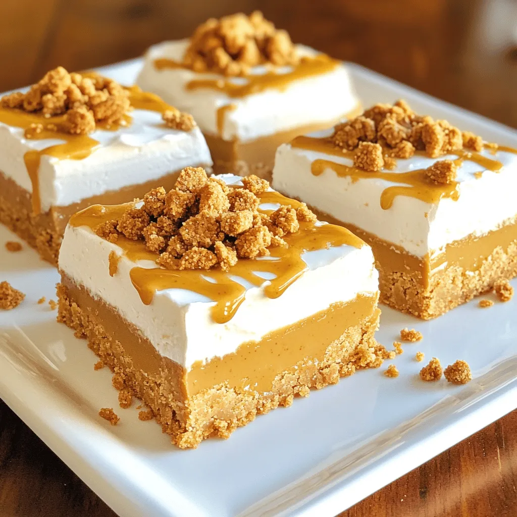 - 2 cups Biscoff cookie crumbs - 1/2 cup unsalted butter, melted - 1 cup cookie butter (Biscoff spread) - 1 cup powdered sugar - 1/2 teaspoon vanilla extract - 1 cup whipped cream (or whipped topping) - A pinch of sea salt - 1/2 cup Biscoff cookies, crushed (for topping) These ingredients create a rich and tasty treat. Biscoff cookie crumbs provide a sweet base. The melted butter helps bind everything together. Cookie butter adds a creamy layer with a unique flavor. You can use regular butter or a plant-based one if you want. Just ensure the whipped cream is cold for the best texture. A pinch of sea salt enhances the sweetness. The crushed Biscoff cookies on top give a nice crunch. Make sure you have everything ready before you start. This will help the process go smoothly. The bars are easy to make and perfect for sharing. Enjoy the fun of making them! To start, gather your ingredients. In a large mixing bowl, combine 2 cups of Biscoff cookie crumbs and 1/2 cup of melted unsalted butter. Mix them well until the crumbs are fully coated. This creates a tasty and sturdy base for your bars. Next, take a lined 9x9 inch baking dish. Press the crumb mixture firmly into the bottom. Make sure it is even and compact. This step gives your bars a great texture. Now, let’s make the filling. In another bowl, whisk together 1 cup of cookie butter, 1 cup of powdered sugar, 1/2 teaspoon of vanilla extract, and a pinch of sea salt. Mix until the mixture is smooth and creamy. This is where the magic happens! Then, gently fold in 1 cup of whipped cream. This adds fluffiness to your filling. Be careful not to overmix, as you want it light and airy. It’s time to bring everything together. Spread the cookie butter and whipped cream mixture evenly over your crumb base in the baking dish. Use a spatula to smooth it out nicely. For the finishing touch, sprinkle 1/2 cup of crushed Biscoff cookies on top of the filling. This adds a nice crunch and flavor. Cover the dish with plastic wrap or foil and refrigerate for at least 4 hours. This chilling time helps the bars set perfectly. After that, cut them into bars and enjoy your delicious creation! - Ensure all ingredients are at room temperature. This helps them mix well. - Press the crumb base firmly for better texture. A good base gives a strong bar. - Serve the bars chilled on a beautiful platter. This makes them look fancy. - Garnish with extra crushed Biscoff cookies. A drizzle of cookie butter sauce adds flair. - Don’t overmix the cookie butter filling. This can make it too dense. - Make sure to refrigerate long enough. Bars need at least 4 hours to set well. {{image_2}} You can switch up the taste by using other flavored cookie butters. Try speculoos, gingerbread, or even chocolate cookie butter for fun twists. Each will bring a new flavor to your bars. You can also add layers of chocolate. Melt dark or milk chocolate, then drizzle it on top. This adds a rich taste that pairs well with the cookie butter. If you need gluten-free options, use gluten-free cookie crumbs. Many brands offer these, so check your store. For vegan choices, swap out the butter for coconut oil. You can replace whipped cream with a plant-based cream. These adjustments let everyone enjoy the bars without worry. To keep your No-Bake Biscoff Cookie Butter Bars fresh, refrigerate them. First, cover the dish tightly with plastic wrap or foil. This helps prevent any odors in the fridge from affecting the taste. If you want to store them for longer, freezing is a great option. Cut the bars into pieces before freezing for easy serving later. Wrap each piece in plastic wrap and place them in a freezer-safe bag. This way, they stay fresh and ready to enjoy. In the refrigerator, the bars last about 5 to 7 days. Just make sure they are well covered. If you freeze them, they can last up to 3 months. Keep an eye out for signs of spoilage. If you see any discoloration or an off smell, it’s best to toss them. Always trust your senses when it comes to food safety. Yes, you can use other cookie butters. Some popular choices include speculoos, peanut butter, or almond butter. Each type brings a unique flavor to your bars. However, I recommend keeping the texture similar. For the best results, choose a creamy spread. These bars last about one week in the fridge. Store them in an airtight container. This helps maintain their creamy texture and flavor. After a week, they may still be safe to eat, but the quality might drop. Always check for any signs of spoilage before enjoying. Yes, you can make these bars a few days in advance. Just follow the recipe and refrigerate them. They actually taste better after chilling overnight. This allows the flavors to blend nicely. If you plan to serve them later, keep them covered to stay fresh. In this post, we explored how to make delicious no-bake Biscoff cookie butter bars. We covered the key ingredients, step-by-step instructions, and tips for perfect results. You learned about variations and storage options to keep your bars fresh. Remember to keep your ingredients at room temperature and avoid common mistakes like overmixing. These bars are easy to make and perfect for sharing. Enjoy creating this tasty treat and impressing your friends with your baking skills!