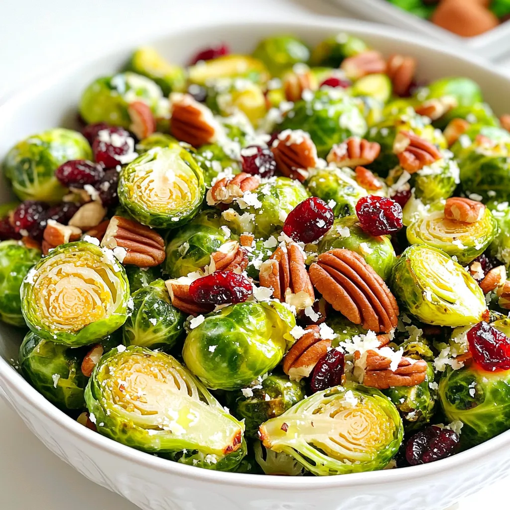 For this Dijon Brussels Sprouts Salad with Pecans, you will need: - 1 lb Brussels sprouts, trimmed and halved - 1/2 cup pecans, roughly chopped - 1/4 cup dried cranberries - 1/4 cup grated Parmesan cheese (optional) These fresh Brussels sprouts make the salad crisp and hearty. Pecans add a nice crunch, while cranberries give a sweet touch. If you like cheese, Parmesan brings a savory layer that makes everything pop. The dressing is key to tying it all together. You will want: - 1/4 cup olive oil - 3 tablespoons Dijon mustard - 2 tablespoons apple cider vinegar - 1 tablespoon honey - Salt and pepper to taste This dressing is simple yet flavorful. The Dijon mustard gives a sharp taste, while honey adds sweetness. The vinegar brightens up the salad, making every bite refreshing. Each serving of this salad provides a healthy mix of nutrients. You can expect about: - Calories: 250 - Fats: 18g - Proteins: 6g - Vitamins: High in Vitamin C and K - Minerals: Good source of magnesium and potassium This salad is not just tasty, but it also supports your health. It offers good fats from the olive oil and pecans, plus plenty of vitamins from the Brussels sprouts. Enjoy this dish knowing it's good for you! Start by trimming the ends of the Brussels sprouts. Then, slice each one in half. This helps them cook evenly. Next, preheat your oven to 400°F (200°C). This warm environment is key for roasting. Spread the halved Brussels sprouts on a baking sheet. Drizzle with olive oil for flavor. Sprinkle salt and pepper to taste. Roast them in the oven for about 20 to 25 minutes. Stir them halfway through for even cooking. You want them tender with golden edges. While the Brussels sprouts roast, let’s make the dressing. In a small bowl, combine 3 tablespoons of Dijon mustard, 2 tablespoons of apple cider vinegar, and 1 tablespoon of honey. Add salt and pepper to taste. Whisk these ingredients together until they blend well. Once the Brussels sprouts are done, take them out of the oven. In a large mixing bowl, combine the roasted Brussels sprouts, 1/2 cup of chopped pecans, and 1/4 cup of dried cranberries. Drizzle the dressing over this mixture. Gently toss everything to coat well. If you like, add 1/4 cup of grated Parmesan cheese on top before serving. To keep your Dijon Brussels sprouts salad fresh, store leftovers in an airtight container. Place it in the fridge for up to three days. If you want to keep the pecans crunchy, store them separately. Add them just before serving to keep the salad nice and crisp. You can save time by prepping parts of the salad ahead. Trim and halve the Brussels sprouts a day ahead and store them in water. This keeps them fresh. You can also make the dressing the day before. Just whisk together the Dijon mustard, apple cider vinegar, honey, salt, and pepper. Store it in the fridge until you need it. For a great look, serve the salad in a large wooden bowl. This makes it feel special. Add extra pecans and a sprinkle of Parmesan cheese on top. This adds color and texture. You can also garnish with fresh herbs like parsley for a bright touch. Enjoy a salad that not only tastes good but looks amazing too! {{image_2}} You can switch out the pecans in this salad. Try walnuts or sunflower seeds for a different crunch. If you want a sweet touch, go for raisins or chopped dates instead of cranberries. For the dressing, you can use whole grain mustard if you want a different flavor. You can also skip the honey if you prefer a dressing without added sugar. To make this salad gluten-free, use gluten-free mustard and check your vinegar. For a vegan option, just leave out the Parmesan cheese. You can also replace honey with maple syrup or agave nectar. If you need a nut-free salad, simply skip the nuts. The salad will still taste great without them! You can add seasonal veggies or fruits to this salad. In the fall, try adding sliced apples or pears for sweetness. In the spring, fresh peas or radishes add bright colors and flavors. You can also mix in roasted butternut squash in the winter. Each season brings its own tasty options for this salad! What goes well with the Dijon Brussels sprouts salad? I love to serve it with grilled chicken or roasted salmon. Both add protein and flavor. You can also pair it with quinoa or couscous for a hearty meal. If you want a lighter option, serve it with a simple soup, like tomato or butternut squash. This salad also shines as a side for holiday dinners. How much salad should you serve? For a main dish, aim for about 1.5 to 2 cups per person. If it’s a side, 1 cup is usually enough. At a party, you can serve smaller portions, around ½ cup. This way, guests can try multiple dishes without feeling too full. Want to boost the taste even more? Consider adding sliced apples or pears. They bring a nice crunch and sweetness. You could also sprinkle some feta cheese for a salty kick. If you like spicy, add a pinch of red pepper flakes. For dressings, a lemon vinaigrette works well too. It brightens the salad and balances the Dijon flavor. You can prep this salad a day in advance. Start by roasting the Brussels sprouts. Let them cool. Store them in the fridge in an airtight container. Make the dressing too and keep it separate. When you’re ready to eat, mix everything in a bowl. This keeps the salad fresh and crisp. Yes, fresh Brussels sprouts are better. They have more flavor and a nice crunch. Fresh sprouts also retain more nutrients. They are easy to trim and halve. Frozen sprouts may be mushy after cooking. Use fresh for a better salad experience. Store leftovers in an airtight container. Keep them in the fridge for up to three days. If you added cheese, eat it sooner. The dressing can separate, so mix well before eating. This keeps your salad tasty and fresh for later. This post covered a tasty Brussels sprouts salad. You learned about key ingredients, dressing, and nutrition. I shared step-by-step instructions for preparing and roasting the sprouts. You also found tips on storage and meal prep, along with ideas for adding variety. Finally, I highlighted how to serve it alongside other dishes. Enjoy making this salad! It’s healthy and easy to customize. You now have the tools to create a dish that impresses and satisfies. Happy cooking!