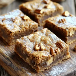 - 1 cup unsalted butter - 1 cup packed brown sugar - 1/2 cup granulated sugar - 2 large eggs - 2 teaspoons vanilla extract - 2 cups all-purpose flour - 1 teaspoon baking powder - 1/2 teaspoon baking soda - 1/4 teaspoon salt - 1 cup pecans, roughly chopped - 1/2 cup chocolate chips (optional) To get the best results, measure ingredients carefully. Use dry measuring cups for flour and sugar. For butter, use a scale when possible. If you have allergies, there are good substitutes. You can use coconut oil instead of butter. For eggs, try flaxseed meal mixed with water. Use gluten-free flour for a gluten-free option. - Preheat your oven to 350°F (175°C). - Line an 8x8 inch baking pan with parchment paper. - Leave some paper overhanging. This helps lift the blondies out later. - In a medium saucepan, melt the butter over medium heat. - Stir the butter often as it heats. - Cook until it turns golden brown and smells nutty, about 5-7 minutes. - Watch closely to prevent burning. - Once browned, remove from heat and let it cool slightly. - In a large bowl, mix the brown butter with brown sugar and granulated sugar. - Stir until the mixture is smooth and well combined. - Add the eggs one at a time. Mix well after each addition. - Stir in the vanilla extract until fully blended. - In another bowl, whisk together the flour, baking powder, baking soda, and salt. - Gradually add the dry mix to the wet mixture. Stir just until combined. - Be careful not to overmix. - Fold in the chopped pecans and chocolate chips, if using. - Pour the batter into your prepared pan. - Spread it evenly with a spatula. - Bake for 25-30 minutes. - Check doneness with a toothpick. It should have a few moist crumbs. - Let the blondies cool in the pan for about 15 minutes. - Use the parchment overhang to lift them out. - Cool completely on a wire rack before cutting into squares. To get brown butter just right, look for a deep golden color. The nutty smell is a good sign too. You want to stir it often, so it cooks evenly. If you see black bits, you’ve burned it. It can happen fast, so keep an eye on it. Turn off the heat once you smell that beautiful aroma. Mixing is key for great blondies. Overmixing makes them tough. Stir just until you see no dry flour. That’s enough! After baking, let them cool in the pan for 15 minutes. This helps them set and keeps them chewy. Moving them to a wire rack prevents sogginess. For serving, use a rustic wooden board. It looks nice and inviting. Dust the blondies lightly with powdered sugar for a sweet touch. Whole pecans on top add beauty and crunch. You can cut them into squares or rectangles for easy sharing. {{image_2}} If you want to skip pecans, try using sunflower seeds or pumpkin seeds. Both add a nice crunch. You can also use oats for a chewy texture. This way, you can enjoy the blondies without any nuts. You can easily change the flavor of your blondies. Add a teaspoon of cinnamon or nutmeg for warmth and spice. These spices pair well with brown sugar. If you love chocolate, try adding white chocolate chips or dark chocolate chunks. Each type brings a unique taste to your blondies. For vegan blondies, replace the eggs with flax eggs. Mix one tablespoon of ground flaxseed with three tablespoons of water. Let it sit until it thickens. You can also use almond flour or coconut flour for a gluten-free version. Just adjust the amount of flour in the recipe accordingly. Store your blondies at room temperature if you will eat them within a few days. Use an airtight container to keep them fresh. You can also refrigerate them to extend their life. Just be aware that refrigeration may change their texture a bit. If you choose to chill them, cover the blondies well to prevent them from drying out. To freeze blondies, cut them into squares first. Wrap each piece in plastic wrap. Place the wrapped blondies in a freezer-safe bag or container. This way, you can enjoy them later without losing flavor. To thaw, take them out of the freezer and let them sit at room temperature for about an hour. If you want them warm, reheat in the oven at 350°F (175°C) for about 5-10 minutes. When stored properly, blondies last about 4 to 5 days at room temperature and up to a week in the fridge. If frozen, they can stay fresh for up to 3 months. Always check for any off smells or changes in texture before eating. You can use salted butter. It adds a different flavor. Keep in mind, it will make your blondies sweeter. You should reduce the added salt in the recipe. Regular butter can work well but may alter the taste slightly. You can use white sugar and molasses as a substitute. Mix one cup of white sugar with one tablespoon of molasses. This mix gives a similar taste and color. Other options include coconut sugar or honey. These may change the flavor a bit. Check with a toothpick to test doneness. Insert it into the center of the blondies. If it comes out with a few moist crumbs, they are done. If the toothpick is clean, they may be overbaked. Keep an eye on them in the last few minutes. Yes, you can use substitutes for eggs. Applesauce or mashed bananas work well. Use 1/4 cup of either for each egg. You can also use flaxseed meal mixed with water. Mix one tablespoon of flaxseed meal with three tablespoons of water for one egg. You now have all you need to bake delicious brown butter pecan blondies. We covered main ingredients, steps, and storage tips. Remember to watch your butter closely to get that perfect brown. Mix just enough for chewy blondies. Explore variations for added flavors and dietary needs. These blondies not only taste great but also look lovely when served. Enjoy your baking adventure and savor every bite of your sweet treat!