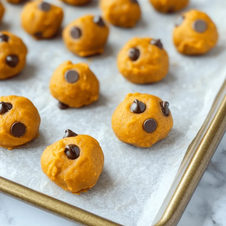 To make these tasty No Bake Pumpkin Cookie Dough Bites, you need: - 1 cup pumpkin puree - 1/2 cup almond butter (or any nut butter of choice) - 1/4 cup maple syrup - 1 teaspoon vanilla extract - 1 teaspoon pumpkin pie spice - 1 1/2 cups rolled oats - 1/2 cup chocolate chips (dairy-free if preferred) - Pinch of salt These ingredients blend together to create a rich and creamy dough. The pumpkin puree gives a nice flavor and moisture. Almond butter adds healthy fats and protein. Maple syrup sweetens the bites naturally. You can customize your cookie dough bites with extra ingredients. Some tasty options include: - Chopped nuts or seeds for crunch - Dried fruit like cranberries or raisins - Coconut flakes for a tropical twist These add-ins can enhance flavor and texture. Feel free to mix and match based on what you have at home. If you don’t have a few items, here are some easy swaps: - Use peanut butter instead of almond butter for a different taste. - Honey can replace maple syrup if you want a sweeter touch. - Quick oats work in place of rolled oats if that’s what you have. These substitutes keep the recipe fun and flexible. You can still enjoy these bites with whatever you have on hand! To start, gather all your ingredients. You need pumpkin puree, almond butter, maple syrup, and a few more items. Grab a mixing bowl and a spatula. This will make your life easier. First, add the pumpkin puree, almond butter, maple syrup, vanilla extract, pumpkin pie spice, and a pinch of salt into the bowl. Mix these until they blend smoothly. This step gives your bites their rich flavor. Now, it's time to add the rolled oats. Gradually stir them into the pumpkin mixture. Make sure the oats get fully coated. This helps keep your bites chewy and tasty. After the oats are well mixed, fold in the chocolate chips gently. They add a nice sweetness and texture to each bite. Mix until the chips are spread evenly throughout the dough. Next, use your hands to scoop out tablespoon-sized portions. Roll these portions into small balls. Don’t worry if they aren’t perfect; they will still taste great! Place the rolled bites on a parchment-lined baking sheet. Once you finish rolling all the dough, pop the baking sheet into the fridge. Chill the bites for at least 30 minutes. This helps them firm up and makes them easier to eat. Enjoy them cold or at room temperature! For the best texture, use rolled oats. They give a nice chew. Instant oats can make the bites too soft. If you want a creamier texture, add more almond butter. Just a little extra can make a big difference. After mixing, chill the bites for at least 30 minutes. This helps them firm up nicely. Pumpkin pie spice is key in this recipe. It brings warmth and depth. If you want more flavor, experiment with nutmeg or cinnamon. You can adjust the spice amounts to suit your taste. A pinch of salt balances the sweetness too. Don’t skip the vanilla extract; it adds a lovely aroma. These bites are great for snacks. Serve them chilled or at room temperature. They are perfect for parties or lunchboxes. Pair them with a glass of almond milk for a treat. You can also roll them in chopped nuts or coconut for extra crunch. Enjoy them as a fun dessert or a healthy snack option! {{image_2}} You can switch up the chocolate chips for dried fruit. Try raisins, cranberries, or chopped dates. They add a sweet and chewy bite. You can also use white chocolate chips or butterscotch chips for a fun twist. If you want a nutty flavor, use chopped nuts like pecans or walnuts instead. Almond butter is great, but you can use any nut butter you like. Peanut butter gives a rich taste. Cashew butter is smooth and creamy. If you’re allergic to nuts, try sunflower seed butter. It has a similar texture and flavor. Each nut butter will change the taste just a bit. Pumpkin pie spice is a must, but you can add more flavors. A hint of cinnamon or nutmeg will enhance the taste. Try adding a splash of maple extract for extra sweetness. You can also mix in some chopped fresh apples or pears for a seasonal touch. Mix and match to find your favorite flavor combo! To keep your No Bake Pumpkin Cookie Dough Bites fresh, store them in an airtight container. This method helps prevent moisture loss and keeps them tasty. Be sure to place a piece of parchment paper between layers if you stack them. This adds a barrier, which helps keep them from sticking together. If stored properly, these bites last about one week in the fridge. Always check for any signs of spoilage, like a change in smell or texture. If you notice anything odd, it’s best to toss them out. For maximum flavor, enjoy them within the first few days. You can freeze these bites for longer storage. To do this, place them in a single layer on a baking sheet. Freeze them until solid, then transfer them to a freezer-safe bag. This way, they won’t stick together. They can last up to three months in the freezer. When you want to enjoy them, let them thaw in the fridge overnight. Yes, you can use fresh pumpkin. You will need to cook and mash it first. Make sure it is not too watery. This keeps the dough from becoming too soft. To make these bites vegan, use maple syrup and a plant-based nut butter. Almond butter works well. Check your chocolate chips to be sure they are dairy-free. Absolutely! Adding protein powder boosts the nutrition. Use about 1/4 cup and mix it with the dry ingredients. This makes the bites even more filling. Serve these bites chilled or at room temperature. They make a great snack or dessert. You can also pair them with a warm drink. Enjoy them with friends or family for a fun treat! In this post, we covered the essential ingredients, helpful tips, and storage for no-bake pumpkin cookie dough bites. I shared the step-by-step process, plus ideas for variations and extras. Remember, you can mix flavors and adjust ingredients to fit your taste. Storing them right keeps them fresh longer. Now, you can enjoy a simple, tasty treat any time. Try these bites out and share them with friends!