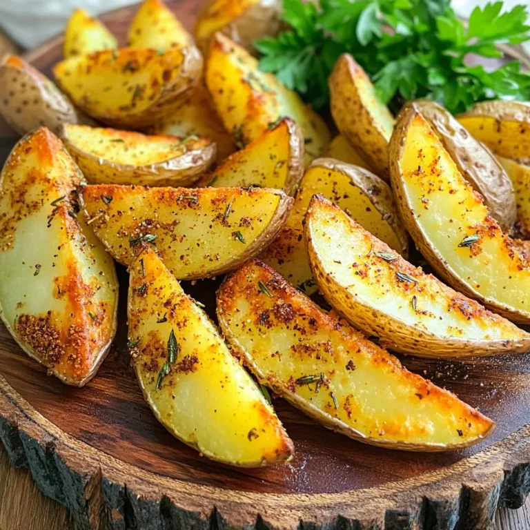 - 4 large russet potatoes - 3 tablespoons olive oil - 1 teaspoon garlic powder - 1 teaspoon paprika - 1 teaspoon onion powder - ½ teaspoon dried rosemary (or your favorite herb) - Salt and pepper to taste - Optional: Fresh parsley for garnish To make air fryer crispy potato wedges, gather these simple ingredients. Start with four large russet potatoes. They give great texture and flavor. You will also need three tablespoons of olive oil. This oil adds crispness and helps the seasoning stick. For flavor, use one teaspoon each of garlic powder, paprika, and onion powder. These spices bring warmth and depth to the wedges. You may also add half a teaspoon of dried rosemary, or choose your favorite herb instead. Don't forget salt and pepper to taste! These basic seasonings enhance the overall flavor. Lastly, if you want a fresh touch, grab some parsley for garnish. It adds color and a hint of brightness. With these ingredients, you’re ready to create a tasty and crispy dish that everyone will love! Start by preheating your air fryer to 400°F (200°C). This step is key for crispy wedges. Preheating helps the potatoes cook evenly and get that nice crunch. While you wait, you can prepare the potatoes. Next, scrub four large russet potatoes under cold water. Dirt can hide in the skin. After washing, cut each potato into wedges. Aim for 6-8 wedges per potato. The thickness matters. Thicker wedges take longer, while thinner ones cook faster. In a large bowl, toss the potato wedges with three tablespoons of olive oil. Add one teaspoon of garlic powder, one teaspoon of paprika, one teaspoon of onion powder, and half a teaspoon of dried rosemary. Season with salt and pepper. Mix well until each wedge is coated. This gives flavor and helps them crisp up. Place the coated wedges in the air fryer basket. Arrange them in a single layer. Avoid overcrowding; this ensures even cooking. If needed, cook in batches. Air fry for 15-20 minutes, shaking the basket halfway through. This movement helps all sides get crispy and golden. After 15 minutes, check the wedges. They should be golden brown and crispy outside. The inside should feel tender when pierced with a fork. If they need more time, air fry for a few extra minutes. Once done, remove them and add more salt if you like. For a fresh touch, garnish with parsley before serving. To get those perfect crispy potato wedges, cut them evenly. Aim for 6 to 8 wedges per potato. This helps them cook at the same rate. Use enough olive oil to coat each wedge. This oil creates a nice crunch. Shake the air fryer basket halfway through cooking. This lets hot air circulate all around. If you want even crispier wedges, give them a light spray of oil just before serving. I love using russet potatoes for wedges. They have a high starch content, which makes them fluffy inside. You can also try Yukon Gold potatoes. They are creamy and have a nice flavor. Avoid waxy potatoes like red or new potatoes. They do not crisp up as well. To avoid soggy wedges, don’t overcrowd the air fryer basket. Give them space to breathe. Cook in batches if needed. Make sure to dry the potatoes well after washing. Excess moisture can lead to sogginess. Lastly, season the wedges right before cooking. This keeps them crispy and delicious. {{image_2}} To spice things up, add heat to your potato wedges. Use cayenne pepper or chili powder. Mix in one teaspoon of either spice with your seasonings. This gives your wedges a nice kick. They become perfect for those who enjoy bold flavors. Serve them with a cool dip, like yogurt or ranch, to balance the heat. For a twist, try herb and cheese wedges. Add grated cheese to your mix. Parmesan or cheddar works well. Use one cup of cheese for a cheesy delight. Also, mix in fresh herbs like thyme or basil. This will add a fresh taste to your crispy wedges. They pair great with a side salad or as a snack. Sweet potato wedges are a tasty alternative. Substitute russet potatoes with sweet potatoes. This gives you a sweeter flavor and more nutrients. Season them with cinnamon for a unique taste. You can also use a bit of brown sugar for added sweetness. Air fry them just like regular wedges for a healthy treat. After enjoying your crispy potato wedges, you might have some left. First, let them cool to room temperature. Then, place them in an airtight container. They can stay fresh in the fridge for up to 3 days. Make sure to keep them sealed tight to avoid drying out. To reheat your wedges, I suggest using the air fryer again. Set it to 350°F (175°C). Place the wedges in the basket in a single layer. Heat for about 5-7 minutes, shaking the basket halfway through. This helps regain that crispiness. You can also use an oven at 375°F (190°C) if you prefer. If you want to keep wedges longer, you can freeze them! First, let them cool completely. Then, spread them out on a baking sheet. Freeze until solid, about 1-2 hours. After, transfer them to a freezer bag. They can stay good for up to 3 months. When ready to eat, toss them in the air fryer without thawing. Cook at 400°F (200°C) for about 15-20 minutes. Enjoy the crunch! Yes, you can! You can bake the potato wedges in a regular oven. Preheat your oven to 425°F (220°C). Spread the wedges on a baking sheet in a single layer. Bake for about 30-35 minutes, flipping halfway through. This method will give you nice crispy wedges too. I recommend air frying the wedges for 15-20 minutes. Start checking at the 15-minute mark. You want them golden brown outside and soft inside. Shake the basket halfway through to ensure even cooking. This way, you get that perfect crispiness. These tasty wedges pair well with many dips. Try ketchup, ranch, or garlic aioli. They also go great with burgers or fried chicken. Serve them as a side dish at your next party. Your guests will love them! In this post, I shared how to make crispy air-fried potato wedges. We covered essential ingredients, easy steps, and tips for the best outcome. I included variations to change things up and storage info for leftovers. With these guidelines, you can enjoy delicious potato wedges every time. Experiment with flavors and find your favorite mix. Happy cooking!