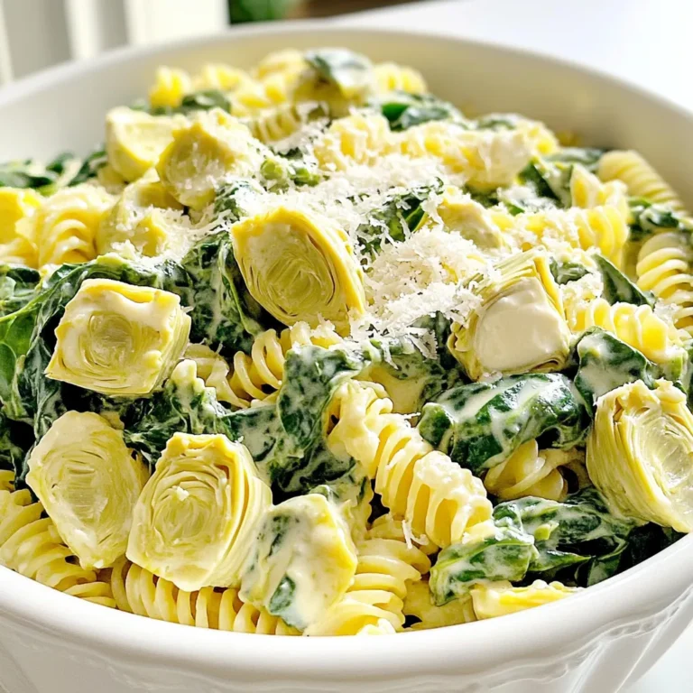 - 12 oz (340g) pasta (fusilli or penne) - 1 can (14 oz) artichoke hearts, drained and quartered - 2 cups fresh spinach, roughly chopped - 1 cup heavy cream - 1 cup vegetable broth - 1 cup cream cheese, cubed - 1 cup grated Parmesan cheese - 3 cloves garlic, minced - 1 teaspoon onion powder - 1 teaspoon garlic powder - 1 teaspoon dried oregano - Salt and pepper to taste - Olive oil for sautéing To make the creamy spinach artichoke pasta, gather these main ingredients. The pasta is the base of this dish. You can use fusilli or penne. Both shapes hold sauce well and taste great. Next, artichoke hearts add a unique flavor. They give a nice texture, too. Fresh spinach brings color and nutrition. It wilts perfectly into the creamy sauce. For the rich sauce, heavy cream and cream cheese work together. They create a smooth texture. Vegetable broth adds depth to the flavor. Parmesan cheese gives a salty kick. This blend makes every bite delicious. Don't forget the seasonings! Garlic is key for taste. Onion powder and garlic powder add layers of flavor. Dried oregano brings an earthy touch. Finally, season with salt and pepper to your liking. Olive oil is essential for sautéing the garlic and artichokes. With these ingredients, you are well on your way to a tasty, creamy pasta dish! First, heat a drizzle of olive oil in a large pot over medium heat. Add minced garlic and sauté it for about one minute. You want the garlic to smell great but not brown. Next, add the quartered artichoke hearts. Cook them for about 2-3 minutes until they start to brown slightly. This step brings out their flavor and adds a nice texture. Now, pour in one cup of vegetable broth and bring it to a simmer. This will create a flavorful base for your pasta. Stir in 12 ounces of pasta, making sure it is fully submerged in the broth. Cover the pot and cook for about 10-12 minutes. Stir occasionally to keep the pasta from sticking. You want it to be al dente, which means firm to the bite. Once your pasta is cooked, lower the heat. Add one cup of heavy cream and one cup of cubed cream cheese to the pot. Stir until the cream cheese has melted, and everything is well mixed. Now, add two cups of chopped fresh spinach, one cup of grated Parmesan cheese, onion powder, garlic powder, dried oregano, salt, and pepper. Stir continuously for 3-5 minutes until the spinach wilts and the sauce thickens. This is where your dish becomes creamy and rich. If the sauce is too thick, you can add a splash of broth or cream to adjust it to your liking. Enjoy your creamy spinach artichoke pasta! To make your creamy spinach artichoke pasta just right, focus on the sauce's thickness. If it feels too thick, add more vegetable broth or cream. This simple tweak helps you reach the right creaminess. Stir the pot often while cooking. This helps the pasta cook evenly and prevents it from sticking to the bottom. Stirring is key for a smooth dish. To boost flavor, consider adding extra spices. A dash of red pepper flakes or a sprinkle of fresh basil can elevate the taste. Fresh herbs often pack more flavor than dried ones. However, dried herbs work well too. They mix in nicely and still add good taste. When serving, you want it to look as good as it tastes. Garnish with extra grated Parmesan cheese and a sprinkle of black pepper. This adds a nice touch. Choose a wide, shallow bowl for serving. It showcases the creamy sauce and colorful spinach beautifully. {{image_2}} You can add protein to your creamy spinach artichoke pasta for a heartier meal. Chicken or shrimp works great. Simply cook the protein in the pot before adding the garlic. For a vegetarian option, try chickpeas. They add protein and a nice texture. Mix up the recipe by using different pasta types. Whole wheat or gluten-free pasta can work well. You can also try non-dairy cream options, like coconut cream or cashew cream. These swaps keep the dish creamy while catering to dietary needs. Use seasonal greens for a fresh twist. Kale or Swiss chard can replace spinach. Roasted vegetables, like bell peppers or zucchini, also add flavor and color. These swaps keep the dish vibrant and exciting throughout the year. To keep your creamy spinach artichoke pasta fresh, store leftovers properly. First, let the pasta cool. Then, place it in an airtight container. This will help keep moisture in and odors out. Refrigerate the container right away. You can enjoy your dish again without losing flavor. When it's time to enjoy your leftovers, there are great methods to reheat. You can use a microwave or stove. If using the microwave, heat in short bursts. Stir in between to ensure even heating. This method helps keep the creamy texture. If you prefer the stove, add a splash of broth or cream. Heat over low until warmed through. Can this dish be frozen? Yes, but with care. Freeze in an airtight container. Just remember, pasta can change texture when frozen. It may not be as creamy after thawing. How long will your leftovers last in the fridge? Generally, they stay good for about 3 to 5 days. Always check for signs of spoilage. If you see mold or an off smell, it's best to toss it. Trust your senses to keep your meals safe. Yes, you can make this recipe gluten-free. Choose pasta made from rice or corn. Brands like Barilla and Ronzoni offer great options. Just check the package for gluten-free labels. Cook as directed, and enjoy the same creamy goodness! To add heat to this dish, try these ideas: - Add red pepper flakes while cooking the garlic. - Mix in some chopped jalapeños or serrano peppers. - Stir in hot sauce before serving for a kick. These options will spice up your creamy pasta delight! To reheat creamy pasta, follow these tips: - Use a pan on low heat to gently warm it up. - Add a splash of broth or cream to keep it creamy. - Stir often to prevent sticking. You can also use a microwave, but add moisture to avoid drying out. Enjoy your leftovers! This blog post covers a delicious creamy pasta dish. We explored the key ingredients and step-by-step instructions. I shared tips to enhance flavor and suggested variations for personal touches. Proper storage information helps keep leftovers fresh. Now you can enjoy this rich, tasty recipe. Feel confident to experiment and make it your own! Cooking should be fun and satisfying. Get creative with your ingredients and make this dish shine!