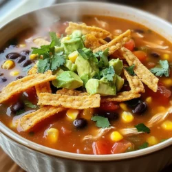 - 2 boneless, skinless chicken breasts - 1 can (15 oz) black beans - 1 can (15 oz) corn - 1 can (14.5 oz) diced tomatoes with green chilies - 1 medium onion, diced - 3 cloves garlic, minced - 4 cups chicken broth - 1 tablespoon chili powder - 1 teaspoon cumin - 1 teaspoon smoked paprika - Salt and pepper to taste - 1 lime, juiced - Tortilla strips for serving - Fresh cilantro, chopped for garnish - Diced avocado for garnish - Shredded cheese, optional Gathering the right ingredients makes the magic happen. Start with two boneless, skinless chicken breasts. These will be the heart of your soup. Next, grab a can of black beans and corn. These add texture and flavor. Diced tomatoes with green chilies bring some heat. A medium onion and three cloves of minced garlic add savory depth. Chicken broth ties everything together. The spices are key to a bold taste. Use a tablespoon of chili powder, a teaspoon of cumin, and a teaspoon of smoked paprika. Don't forget salt and pepper to taste. A lime, juiced, will brighten your soup. For serving, prepare crispy tortilla strips. Fresh cilantro and diced avocado make great garnishes. Shredded cheese is optional but adds a creamy touch. With these ingredients, you will create a flavorful delight. Enjoy the process of cooking and the joy of sharing. To start, place the two chicken breasts at the bottom of your slow cooker. This helps them cook evenly. Next, layer the black beans, corn, diced tomatoes, onion, and garlic over the chicken. This mix adds great flavor. Now it's time to mix the spices. In a bowl, combine the chili powder, cumin, smoked paprika, salt, and pepper. Sprinkle this mix over the layered ingredients. Pour the chicken broth on top. Stir gently to blend everything. This ensures the spices spread out well. Cover your slow cooker. For cooking time, set it to low for 6-8 hours or high for 3-4 hours. I prefer the low setting for richer flavor. The long cook time lets the ingredients meld together beautifully. When the cooking time is done, remove the chicken breasts. Use two forks to shred the chicken into bite-sized pieces. This makes it easy to eat. Return the shredded chicken back to the slow cooker. Next, squeeze the juice of one lime into the soup. This adds a bright flavor that lifts the whole dish. Finally, taste the soup and adjust the seasoning if needed. A pinch more salt or pepper can make a big difference. To make the best slow cooker chicken tortilla soup, timing is key. For juicy chicken, cook on low for 6-8 hours or on high for 3-4 hours. This slow cooking helps the chicken stay tender. If you cook it too long on high, the chicken can dry out. To avoid dry chicken, use boneless and skinless chicken breasts. Adding broth helps keep the chicken moist. Always shred the chicken after cooking. Mixing it back into the soup keeps it juicy and flavorful. Adjust the spices to match your taste. If you want more heat, add extra chili powder or a splash of hot sauce. For sweetness, consider adding a bit of honey or more corn. You can also experiment with spices like smoked paprika. It adds a unique flavor that enhances the soup. Garnishing makes the soup look better and adds flavor. Consider topping each bowl with crispy tortilla strips. Add fresh cilantro and diced avocado for color and taste. If you like cheese, sprinkle some shredded cheese on top. Serve the soup hot and enjoy the vibrant look and taste. {{image_2}} You can switch things up in this soup. For a fast meal, use rotisserie chicken. Just shred it and add it to the slow cooker. This saves time and adds flavor. If you want a vegetarian soup, try using tofu. Cut it into small cubes and add it to the pot. Tofu soaks up flavors well. You can enjoy a tasty, meatless version. Want to boost the taste? Add more beans or veggies. Black beans are great, but you can also use pinto or kidney beans. Dice up bell peppers or carrots for extra crunch. Spice blends can change the whole vibe of your soup. Try adding a dash of cayenne for heat. You can even mix in some taco seasoning for a twist. Don't be afraid to play with flavors! Serving this soup in a tortilla bowl is fun. It adds a crispy touch and makes the meal special. You can easily make a tortilla bowl by baking flour tortillas in a bowl shape. Pair the soup with side dishes like cornbread or a fresh salad. These sides add balance and make the meal complete. Enjoy your delicious creation! To cool the soup, let it sit at room temperature for about 30 minutes. This helps avoid heat in the fridge. Once cool, transfer the soup to an airtight container. It will stay fresh in the fridge for up to 3 days. To freeze the soup, first cool it completely. Use a freezer-safe container or bag, leaving some space for expansion. The soup can be frozen for up to 3 months. When you are ready to eat, thaw it overnight in the fridge. You can make new meals with leftover soup. Try using it as a base for a casserole. Pour it over cooked rice or pasta for a quick meal. You could also blend it into a creamy sauce. The options are endless! Yes, you can use frozen chicken. Just add an extra hour to the cooking time. Make sure the chicken cooks fully. Using frozen chicken keeps the soup juicy. To spice up your soup, add more chili powder or a dash of hot sauce. You can also mix in fresh jalapeños or chopped serrano peppers. Taste as you go, so it suits your heat level. Absolutely! You can add bell peppers, zucchini, or spinach for extra flavor and nutrients. Just chop them up and toss them in with the other ingredients. They will cook nicely in the slow cooker. The best toppings include crispy tortilla strips, diced avocado, and chopped cilantro. You can also add shredded cheese for creaminess. A squeeze of fresh lime juice brightens the flavor. Enjoy getting creative with your toppings! You now know how to make a tasty tortilla soup with ease. We covered the key ingredients, how to prep the slow cooker, and cooking tips. I shared ways to customize flavors and present the dish well. Remember, you can store leftovers for later meals. Whether you stick to the main recipe or try new spins, enjoy crafting your soup. Each bowl is a chance to get creative and tasty. Happy cooking!