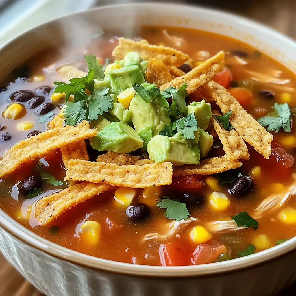 - 2 boneless, skinless chicken breasts - 1 can (15 oz) black beans - 1 can (15 oz) corn - 1 can (14.5 oz) diced tomatoes with green chilies - 1 medium onion, diced - 3 cloves garlic, minced - 4 cups chicken broth - 1 tablespoon chili powder - 1 teaspoon cumin - 1 teaspoon smoked paprika - Salt and pepper to taste - 1 lime, juiced - Tortilla strips for serving - Fresh cilantro, chopped for garnish - Diced avocado for garnish - Shredded cheese, optional Gathering the right ingredients makes the magic happen. Start with two boneless, skinless chicken breasts. These will be the heart of your soup. Next, grab a can of black beans and corn. These add texture and flavor. Diced tomatoes with green chilies bring some heat. A medium onion and three cloves of minced garlic add savory depth. Chicken broth ties everything together. The spices are key to a bold taste. Use a tablespoon of chili powder, a teaspoon of cumin, and a teaspoon of smoked paprika. Don't forget salt and pepper to taste. A lime, juiced, will brighten your soup. For serving, prepare crispy tortilla strips. Fresh cilantro and diced avocado make great garnishes. Shredded cheese is optional but adds a creamy touch. With these ingredients, you will create a flavorful delight. Enjoy the process of cooking and the joy of sharing. To start, place the two chicken breasts at the bottom of your slow cooker. This helps them cook evenly. Next, layer the black beans, corn, diced tomatoes, onion, and garlic over the chicken. This mix adds great flavor. Now it's time to mix the spices. In a bowl, combine the chili powder, cumin, smoked paprika, salt, and pepper. Sprinkle this mix over the layered ingredients. Pour the chicken broth on top. Stir gently to blend everything. This ensures the spices spread out well. Cover your slow cooker. For cooking time, set it to low for 6-8 hours or high for 3-4 hours. I prefer the low setting for richer flavor. The long cook time lets the ingredients meld together beautifully. When the cooking time is done, remove the chicken breasts. Use two forks to shred the chicken into bite-sized pieces. This makes it easy to eat. Return the shredded chicken back to the slow cooker. Next, squeeze the juice of one lime into the soup. This adds a bright flavor that lifts the whole dish. Finally, taste the soup and adjust the seasoning if needed. A pinch more salt or pepper can make a big difference. To make the best slow cooker chicken tortilla soup, timing is key. For juicy chicken, cook on low for 6-8 hours or on high for 3-4 hours. This slow cooking helps the chicken stay tender. If you cook it too long on high, the chicken can dry out. To avoid dry chicken, use boneless and skinless chicken breasts. Adding broth helps keep the chicken moist. Always shred the chicken after cooking. Mixing it back into the soup keeps it juicy and flavorful. Adjust the spices to match your taste. If you want more heat, add extra chili powder or a splash of hot sauce. For sweetness, consider adding a bit of honey or more corn. You can also experiment with spices like smoked paprika. It adds a unique flavor that enhances the soup. Garnishing makes the soup look better and adds flavor. Consider topping each bowl with crispy tortilla strips. Add fresh cilantro and diced avocado for color and taste. If you like cheese, sprinkle some shredded cheese on top. Serve the soup hot and enjoy the vibrant look and taste. {{image_2}} You can switch things up in this soup. For a fast meal, use rotisserie chicken. Just shred it and add it to the slow cooker. This saves time and adds flavor. If you want a vegetarian soup, try using tofu. Cut it into small cubes and add it to the pot. Tofu soaks up flavors well. You can enjoy a tasty, meatless version. Want to boost the taste? Add more beans or veggies. Black beans are great, but you can also use pinto or kidney beans. Dice up bell peppers or carrots for extra crunch. Spice blends can change the whole vibe of your soup. Try adding a dash of cayenne for heat. You can even mix in some taco seasoning for a twist. Don't be afraid to play with flavors! Serving this soup in a tortilla bowl is fun. It adds a crispy touch and makes the meal special. You can easily make a tortilla bowl by baking flour tortillas in a bowl shape. Pair the soup with side dishes like cornbread or a fresh salad. These sides add balance and make the meal complete. Enjoy your delicious creation! To cool the soup, let it sit at room temperature for about 30 minutes. This helps avoid heat in the fridge. Once cool, transfer the soup to an airtight container. It will stay fresh in the fridge for up to 3 days. To freeze the soup, first cool it completely. Use a freezer-safe container or bag, leaving some space for expansion. The soup can be frozen for up to 3 months. When you are ready to eat, thaw it overnight in the fridge. You can make new meals with leftover soup. Try using it as a base for a casserole. Pour it over cooked rice or pasta for a quick meal. You could also blend it into a creamy sauce. The options are endless! Yes, you can use frozen chicken. Just add an extra hour to the cooking time. Make sure the chicken cooks fully. Using frozen chicken keeps the soup juicy. To spice up your soup, add more chili powder or a dash of hot sauce. You can also mix in fresh jalapeños or chopped serrano peppers. Taste as you go, so it suits your heat level. Absolutely! You can add bell peppers, zucchini, or spinach for extra flavor and nutrients. Just chop them up and toss them in with the other ingredients. They will cook nicely in the slow cooker. The best toppings include crispy tortilla strips, diced avocado, and chopped cilantro. You can also add shredded cheese for creaminess. A squeeze of fresh lime juice brightens the flavor. Enjoy getting creative with your toppings! You now know how to make a tasty tortilla soup with ease. We covered the key ingredients, how to prep the slow cooker, and cooking tips. I shared ways to customize flavors and present the dish well. Remember, you can store leftovers for later meals. Whether you stick to the main recipe or try new spins, enjoy crafting your soup. Each bowl is a chance to get creative and tasty. Happy cooking!