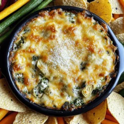 - 1 cup fresh spinach, chopped - 1 cup canned artichoke hearts, drained and chopped - 2 cloves garlic, minced - 1 tablespoon lemon juice - 1 cup cottage cheese - 1/2 cup cream cheese, softened - 1/2 cup shredded mozzarella cheese - 1/4 cup grated Parmesan cheese - Salt and pepper to taste - 1 teaspoon olive oil (for sautéing) Gather these fresh and dairy ingredients to create a rich dip. The fresh spinach adds a bright green color and flavor. Artichokes bring a unique taste that pairs well with the cheese. Garlic gives the dip a nice kick. The lemon juice adds a touch of zest that balances the flavors. For the dairy, cottage cheese serves as a creamy base. Cream cheese adds richness and smoothness. Mozzarella melts beautifully, while Parmesan gives a salty finish. Don't forget to season with salt and pepper to enhance all the flavors. Lastly, olive oil is key for sautéing the garlic and spinach. When you have all the ingredients ready, you can easily whip up this delightful dip. It’s perfect for gatherings or a cozy night in. First, I heat the olive oil in a skillet over medium heat. Then, I add the minced garlic to the hot oil. I sauté the garlic for about one minute until it smells great. Next, I add the chopped spinach. I cook the spinach until it wilts, which takes about three to four minutes. Once the spinach wilts, I take it off the heat and let it cool a bit. In a mixing bowl, I combine the cottage cheese, cream cheese, mozzarella cheese, and Parmesan cheese. I also add lemon juice for a fresh taste. I mix all these ingredients until they become smooth and creamy. This step is key for the perfect dip texture. Now, I add the cooked spinach and chopped artichoke hearts to the cheese mixture. I stir everything well to make sure it blends nicely. Then, I season the dip with salt and pepper to taste. After mixing, I transfer the dip to a baking dish. I spread it out evenly and pop it into a preheated oven at 350°F (175°C). I bake it for 20 to 25 minutes until it gets bubbly and golden on top. After removing it from the oven, I let it cool slightly before serving. To get that creamy dip, blend the cottage cheese and cream cheese first. Mix them until smooth. Then, add the mozzarella and Parmesan for extra richness. This order helps create a velvety texture. When to season? I suggest adding salt and pepper after mixing in the spinach and artichokes. This way, you can adjust the taste better. Set your oven to 350°F (175°C) for the best results. This temperature allows the dip to warm evenly. To check for doneness, look for a bubbly and golden top. If you see this, your dip is ready to enjoy! Serve the dip warm with dippers like tortilla chips, pita bread, or veggie sticks. Arrange these around the dip for a fun look. You can also add a sprinkle of extra Parmesan on top for a tasty garnish. This adds a nice touch that impresses your guests. {{image_2}} You can switch up the cheese in this dip. Try using cheddar or gouda for a different taste. Mixing in cream cheese adds richness, while mozzarella gives that gooey texture we love. For an extra kick, add fresh herbs like basil or dill. They bring a bright flavor that pairs well with spinach and artichokes. If you're looking for a low-fat option, swap cream cheese for a low-fat version. This keeps the dip creamy but cuts down on calories. For a vegan twist, use cashew cream instead of dairy. Blending soaked cashews with a bit of lemon juice gives a nice creamy base. Want to spice things up? Add red pepper flakes for heat. This gives the dip a fun twist. You can also mix in other veggies like bell peppers or mushrooms. They add texture and flavor, making the dip even more enjoyable! To store leftover dip, place it in an airtight container. Make sure the lid fits tightly to keep out air. This dip stays fresh for about 3 to 4 days in the fridge. When you want to enjoy it again, just check for any signs of spoilage before eating. Yes, you can freeze this dip! It’s a great option for preserving leftovers. To freeze, use a freezer-safe container. Leave some space at the top for expansion. When you want to use it, take it out and place it in the fridge overnight to thaw. To reheat, I recommend using an oven or microwave. If using the oven, set it to 350°F (175°C). Bake for about 15 to 20 minutes until warm. If using a microwave, heat in short intervals. Stir between each interval to ensure even heating. This helps maintain its creamy texture and flavor. What can I serve with Spinach Artichoke Cottage Cheese Dip? You can serve this dip with many tasty options. Try using: - Tortilla chips - Pita bread - Veggie sticks like carrots or celery - Crackers These dippers add crunch and flavor. They make the dip more fun to enjoy! Can I make this dip ahead of time? Yes, you can prepare this dip ahead. Just follow these steps: 1. Mix all the ingredients as usual. 2. Store it in a covered dish in the fridge. You can bake it later. This saves time for parties or gatherings! Calories and protein content per serving One serving of this dip has about 180 calories. It packs a protein punch too, with around 10 grams per serving. This makes it a great snack! Health benefits of ingredients used The ingredients in this dip bring many health benefits: - Spinach is rich in iron and vitamins. - Artichokes are high in fiber. - Cottage cheese provides protein and calcium. These foods help keep you strong and healthy. Can I use frozen spinach instead of fresh? You can use frozen spinach! Just thaw it and squeeze out the water. This keeps the dip from getting too watery. How to adjust for different portion sizes? To change the portion size, you can easily scale the recipe. Just double or halve the ingredients as needed. This way, you can make just enough for your guests! This blog post showed you how to make a tasty Spinach Artichoke Cottage Cheese Dip. We covered fresh ingredients, different cheeses, and easy steps to prepare it. You learned tips for perfecting the texture and making variations for your diet. I hope this dip becomes a favorite in your kitchen. Enjoy making it and sharing it with friends and family. Happy cooking!