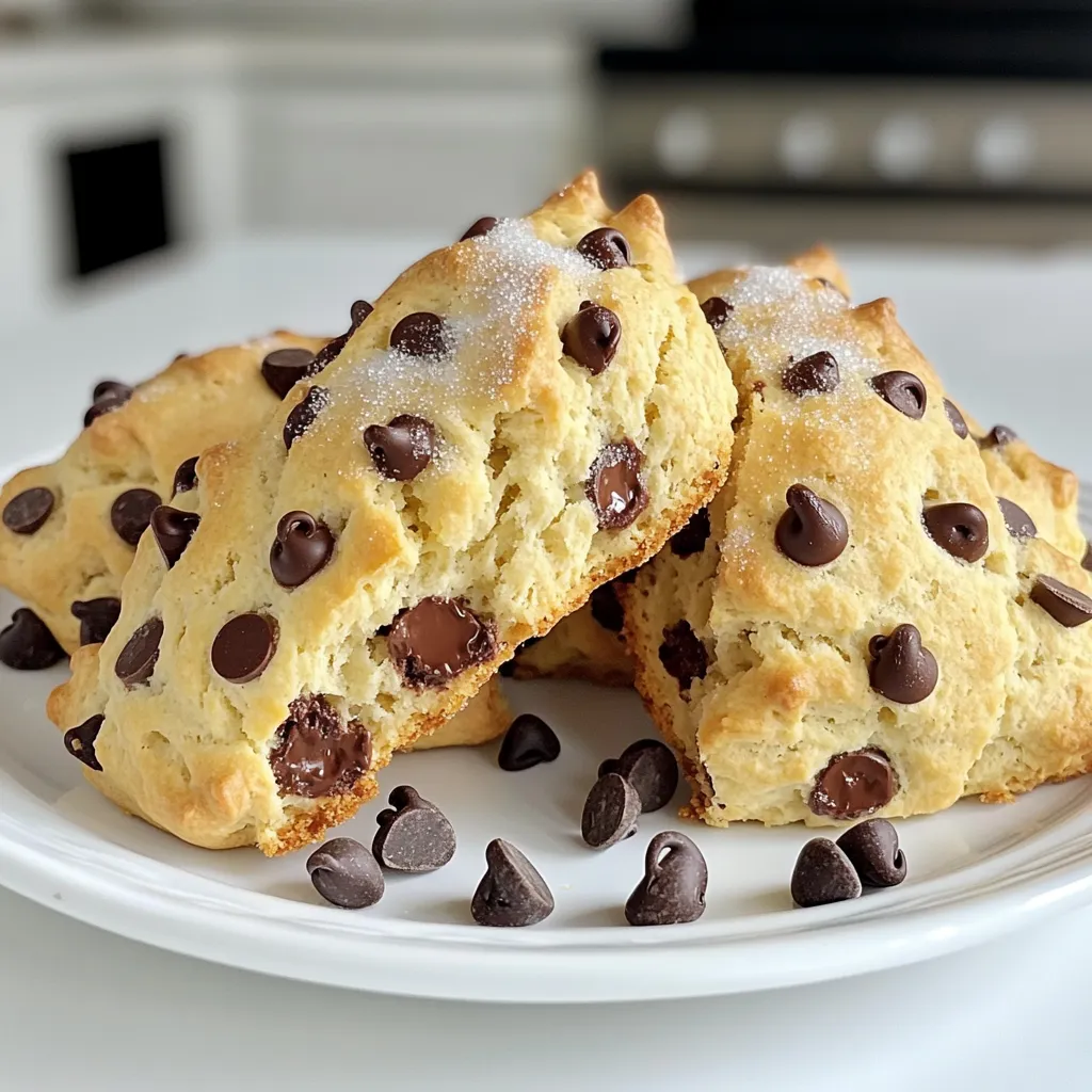 - 2 cups all-purpose flour - 1/2 cup granulated sugar - 1 tablespoon baking powder - 1/2 teaspoon salt - 1/2 cup cold unsalted butter, cubed - 3/4 cup heavy cream - 1 large egg - 1 teaspoon vanilla extract - 1 cup semi-sweet chocolate chips - Extra granulated sugar for topping Best flour types for scones: I recommend using all-purpose flour. It gives scones a nice balance of softness and structure. You can also try cake flour for lighter scones. Choosing chocolate chip varieties: Semi-sweet chocolate chips work best. They melt nicely and add a rich flavor. You can experiment with dark chocolate for a bolder taste. Importance of cold butter: Using cold butter is key. It creates flaky layers in the scone. When the cold butter melts in the oven, it helps the scones rise. Use a pastry cutter or your fingers to work it into the flour quickly. This keeps the butter cold. 1. Preheat your oven to 400°F (200°C). This heat helps the scones rise well. 2. Line a baking sheet with parchment paper. This makes clean-up easy and prevents sticking. 3. In a large bowl, whisk together 2 cups of flour, 1/2 cup of sugar, 1 tablespoon of baking powder, and 1/2 teaspoon of salt. Make sure it is mixed well. 4. Add 1/2 cup of cold, cubed unsalted butter to the bowl. Use a pastry cutter or your fingers to work the butter into the flour mix. Stop when it looks like coarse crumbs. 5. In another bowl, whisk together 3/4 cup of heavy cream, 1 large egg, and 1 teaspoon of vanilla extract until it is blended smoothly. 6. Pour the cream mix into the flour mix. Gently stir until just combined, being careful not to overmix. 7. Fold in 1 cup of semi-sweet chocolate chips. Keep a few chips aside to sprinkle on top before baking. 8. Turn the dough onto a lightly floured surface. Knead it a few times until it holds together. 9. Pat the dough into a circle, about 1 inch thick. This shape helps the scones bake evenly. 10. Cut the dough into 8 equal wedges. Place them on the prepared baking sheet, leaving some space between each scone. 11. Sprinkle the tops with extra sugar and the reserved chocolate chips. This adds a nice crunch and sweetness. 12. Bake for 15-20 minutes. You want them golden brown. A toothpick inserted should come out clean. 13. Let the scones cool slightly on the baking sheet before moving them to a wire rack. This helps them stay soft. To make your scones light and fluffy, pay attention to ingredient temperatures. Use cold butter straight from the fridge. This helps create that flaky texture we love in bakery-style scones. Warm butter will melt too fast and ruin the texture. Next, do not overmix the dough. When you combine the wet and dry ingredients, stir gently. Stop when you see no dry flour. Overmixing can lead to tough scones, and we want them soft and tender. You can easily boost the flavor of your scones. Try adding mix-ins like diced fruit or nuts. Walnuts or blueberries can bring a fun twist to your chocolate chip scones. Spices like cinnamon can also add warmth and depth. For toppings, think beyond just sugar. Drizzling melted chocolate on top after baking adds a rich touch. You could also use a simple glaze made from powdered sugar and milk for extra sweetness. If your scones turn out too dry, check the butter and cream amounts. Make sure your butter is cold and cubed. Also, consider adding a bit more cream if the dough feels too crumbly. For even baking, space the scones apart on the baking sheet. This allows heat to circulate around them. If they are too close, they might bake unevenly. Rotate the baking sheet halfway through baking for best results. {{image_2}} You can switch things up by adding fruits. Blueberries or cranberries work great. They bring a fresh burst of flavor. Just fold in about a cup of your chosen fruit. You can also try different chocolates. Dark, milk, or even white chocolate give a new taste. Each type adds its own twist to the scone. Want a gluten-free version? You can use gluten-free flour blends. They work well in this recipe. Just make sure to check that your baking powder is also gluten-free. If you need a dairy-free option, swap the heavy cream for a plant-based cream. Coconut cream is a lovely choice. It adds richness without the dairy. To make your scones shine, think about glazing. A simple icing of powdered sugar and water adds sweetness. You can also use melted chocolate for a rich finish. For special occasions, plate your scones with fresh fruit or whipped cream. This makes them look stunning and inviting. To keep your chocolate chip scones fresh, store them in an airtight container. This method locks in moisture and flavor. Place parchment paper between layers if stacking. This helps prevent sticking. You can keep them at room temperature for up to two days. For longer storage, consider freezing them. To freeze scones, let them cool completely first. Wrap each scone tightly in plastic wrap. Then, place them in a freezer bag or airtight container. They can last for up to three months in the freezer. When you want to enjoy them, just take out the number you need. To reheat scones without drying them out, use the oven. Preheat it to 350°F (175°C). Place the scones on a baking sheet and cover them with foil. Heat for about 10-15 minutes. This helps maintain their soft texture. You can also use a microwave. Place a scone on a microwave-safe plate. Add a damp paper towel on top. Heat in short bursts of 10 seconds until warm. After reheating, serve your scones warm. A pat of butter adds richness. For a sweet twist, drizzle some chocolate sauce on top! Enjoy them with coffee or tea for a perfect pair. Can I use different types of flour? Yes, you can try whole wheat flour or almond flour. Whole wheat adds a nutty taste. Almond flour makes them gluten-free. Just note that texture may change a bit. How do I know when the scones are done baking? Look for a golden-brown color on top. You can also insert a toothpick. If it comes out clean, your scones are ready. What's the secret to fluffy scones? Using cold butter is key. It creates small pockets of air. Also, mix gently. Overmixing makes them tough. How can I make my chocolate chip scones less sweet? Reduce the sugar in the dough. You can also use dark chocolate. It has less sugar than semi-sweet chips. How long do scones last? Scones stay fresh for about two days at room temperature. They can last up to a week in the fridge. What can I pair my scones with for serving? Serve them with butter, jam, or clotted cream. They also go well with coffee or tea. Enjoy them warm for the best taste! You now know how to make delicious chocolate chip scones. We covered ingredients, steps, and tips. Use cold butter and avoid overmixing for the best texture. Don’t forget to try fun variations, like adding fruits or glazing options. Store your scones right to keep them fresh. With these tips, you can bake like a pro. Enjoy your scones as a treat or share with others! Happy baking!