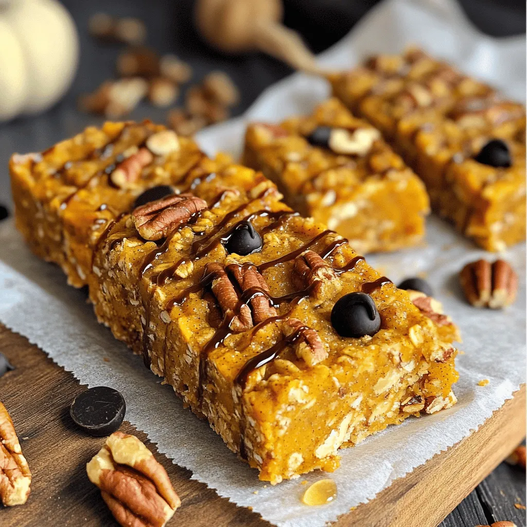 To make these delicious granola bars, gather the following essentials: - 2 cups rolled oats - 1 cup canned pumpkin puree - 1/2 cup honey or maple syrup - 1/2 cup almond butter or peanut butter These ingredients are key. Rolled oats provide a hearty base, while pumpkin adds moisture and flavor. Sweeteners like honey or maple syrup bind everything together and add sweetness. The nut butter gives a creamy texture and healthy fats. For added crunch and taste, include: - 1/2 cup chopped pecans - 1/4 cup chia seeds - 1/2 cup dark chocolate chips (optional) Chopped pecans give a nice crunch and nutty flavor. Chia seeds boost nutrition and add texture. If you like a sweet touch, the dark chocolate chips are a great choice. Finally, don’t forget these spices: - 1 teaspoon ground cinnamon - 1/2 teaspoon nutmeg - 1/2 teaspoon salt Cinnamon and nutmeg warm up the flavor. Salt enhances all the other tastes in your bars. These spices make each bite cozy and inviting. - Preheat your oven to 350°F (175°C). - Line an 8x8 inch baking pan with parchment paper. Leave some paper over the edges. This helps with easy removal later. - In a large bowl, combine 2 cups of rolled oats, 1 cup of chopped pecans, and 1/4 cup of chia seeds. - Add 1 teaspoon of ground cinnamon, 1/2 teaspoon of nutmeg, and 1/2 teaspoon of salt. - Mix well to evenly distribute the dry ingredients. - In another bowl, whisk together 1 cup of canned pumpkin puree, 1/2 cup of honey or maple syrup, 1/2 cup of almond butter, and 1 teaspoon of vanilla extract until smooth. - Pour the wet ingredients into the bowl with the dry ingredients. - Mix until everything is well coated. If you want a treat, fold in 1/2 cup of dark chocolate chips. - Transfer the mixture to the prepared baking pan. - Press it down firmly to create an even layer. Use your hands or a spatula to compact it well. - Bake for 25-30 minutes. Look for lightly golden edges and a set center as signs of doneness. - Let the pan cool completely on a wire rack. - Once cool, lift the granola out using the parchment paper. Cut into bars for serving. To make perfect granola bars, focus on consistency. The mix should be sticky but not runny. This helps the bars hold together. If your mix is too dry, add a bit more pumpkin or nut butter. If it's too wet, add oats. Compacting the mixture is key. After pouring it into your pan, press it down firmly. Use your hands or a spatula. This helps the bars stay together when baked and cut. For freshness, store your granola bars in an airtight container. This keeps them chewy and tasty. You can also wrap each bar in parchment paper. It makes them easy to grab and go. The shelf life is about one week at room temperature. If you want them to last longer, place them in the fridge. They can stay fresh for up to two weeks that way. You can swap ingredients to fit your needs. If you have nut allergies, try sun butter or soy nut butter. For a different flavor, add dried fruits like cranberries or apricots. Adding seeds like pumpkin or sunflower can give more crunch. Feel free to experiment with spices too. A pinch of ginger or cardamom can add a nice twist. {{image_2}} To make these pumpkin pecan granola bars vegan, swap honey for maple syrup. This change keeps the sweetness while ensuring it fits a vegan diet. Use almond butter or peanut butter as your nut butter. Both work well and add flavor. You can also skip the chocolate chips or choose dairy-free ones to stay vegan. You can easily change the flavor by using different nuts or seeds. Try walnuts, almonds, or sunflower seeds for a unique twist. Adding spices like ginger or extracts like vanilla can also enhance the taste. These small changes can make your bars even more interesting. Experiment and find your favorite mix! Seasonal ingredients can add a fun touch. In autumn, add dried cranberries or diced apples to the mix. This not only boosts flavor but also makes the bars festive. You can also try adding pumpkin spice for an extra seasonal kick. Each season brings new options to keep your granola bars exciting. Each Pumpkin Pecan Granola Bar has about 150 calories. This snack provides a good balance of nutrients. The macronutrient ratios are roughly: - Fat: 7g - Carbohydrates: 20g - Protein: 3g Oats are full of fiber, which helps digestion. They can also lower cholesterol. Pumpkin is low in calories but high in vitamins. It has vitamin A, which is good for your eyes. Pecans add healthy fats and protein. They are rich in antioxidants, which help fight free radicals. Chia seeds are tiny but mighty. They boost fiber and omega-3 fatty acids. These nutrients support heart health and keep you full longer. For healthy snacking, I suggest one bar at a time. If you slice them into 12 pieces, they are perfect for sharing or saving. These bars are great for breakfast or a midday snack. You can also pack them for school or work. They are easy to grab and eat on the go. You can use peanut butter instead of almond butter. Sunflower seed butter works too. Both options keep the bars creamy and tasty. If you have nut allergies, try sunflower seed butter for a safe choice. Yes, you can use fresh pumpkin! Just cook and puree it until smooth. Make sure it has the same texture as canned pumpkin. This way, your bars will still taste great! Store leftover granola bars in an airtight container. This keeps them fresh for up to a week. You can also wrap each bar in parchment paper for easy grab-and-go snacks. Absolutely! You can freeze these bars for up to three months. Wrap them well to avoid freezer burn. Just thaw them in the fridge or at room temperature when you want a snack. You can crumble the bars over yogurt or ice cream. They also make a great topping for smoothie bowls. Pair them with a hot drink for a cozy snack on a chilly day! These pumpkin pecan granola bars are easy to make and full of flavor. You can mix wholesome ingredients like oats, pumpkin, and pecans for a tasty treat. Follow the steps to create your own bars, and use the tips to store them well. Remember, you can customize them to fit your tastes. Experiment with flavors and enjoy a snack that is both healthy and delicious. These bars will satisfy your cravings while keeping you nourished.