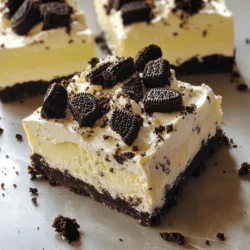 - 24 Oreo cookies, crushed - 5 tablespoons unsalted butter, melted - 16 oz cream cheese, softened - 1 cup powdered sugar - 1 teaspoon vanilla extract - 1 cup heavy cream - 8 Oreo cookies, chopped into chunks To make these Oreo cheesecake bars, you need simple ingredients. First, you gather 24 Oreo cookies and crush them. This will be the base of your dessert. You then melt 5 tablespoons of unsalted butter. Mixing these two creates a tasty crust. Next, you need 16 ounces of softened cream cheese. This gives your cheesecake its rich and creamy texture. Add 1 cup of powdered sugar for sweetness. A teaspoon of vanilla extract will enhance the flavor. For the creamy filling, whip 1 cup of heavy cream until it forms stiff peaks. This adds lightness to your bars. Finally, chop 8 more Oreo cookies into chunks. You mix these into the filling for extra crunch and flavor. These ingredients come together to create a no-bake treat that's fun and easy to make. Enjoy the process, and get ready for a delicious dessert! To start, I crush 24 Oreo cookies into fine crumbs. I mix these crumbs with 5 tablespoons of melted butter. I stir until the crumbs are fully coated. Next, I take a 9x9 inch baking dish. I press the mixture firmly into the bottom. I use the back of a measuring cup to make it compact. This crust will hold the filling well. Now, I move on to the filling. In a clean mixing bowl, I whip 1 cup of heavy cream until stiff peaks form. This takes just a few minutes. I set this bowl aside for later use. In another bowl, I beat 16 oz of softened cream cheese. I add 1 cup of powdered sugar and 1 teaspoon of vanilla extract. I mix until smooth and creamy, with no lumps. Next, I gently fold the whipped cream into the cream cheese mixture. I want to keep it light and fluffy. I fold until no white streaks remain. After that, I add in 8 chopped Oreo cookies. This adds extra crunch and flavor to the filling. I fold them in carefully so I don’t deflate the mixture. Now it’s time to assemble the bars. I pour the cheesecake mixture over the crust. I spread it evenly with a spatula. This ensures every bite is delicious. I then cover the baking dish and refrigerate it. I let it chill for at least 4 hours. This helps the bars set up perfectly. After they are firm, I cut them into squares and serve chilled. Enjoy every creamy, crunchy bite! To make the best crust, you must ensure it is compact. Press the mixture down firmly with the back of a cup. This helps it hold together. If you want a different flavor, try using coconut oil instead of butter. You can also use margarine if you prefer. Each option adds a unique taste, so feel free to experiment. Whipping cream can be tricky. Make sure your bowl and beaters are cold. This helps the cream whip up better. When whipping, go until you reach stiff peaks. This means the cream stands tall and doesn’t fall. When folding in the whipped cream, do it gently. Use a spatula and lift the mixture from the bottom. This keeps the air in and makes your cheesecake light. Presentation matters! Cut the bars into neat squares for a clean look. You can also sprinkle crushed Oreos on top for extra flair. Pair these bars with chocolate sauce or caramel for a tasty twist. Fresh berries add color and a fruity kick too. With these tips, your Oreo cheesecake bars will impress everyone! {{image_2}} You can make Oreo cheesecake bars even more fun by changing the flavors. Try using different cookies. For instance, you can swap Oreos for chocolate mint cookies for a festive twist. If you love peanut butter, mix in crushed peanut butter cookies. You can also use flavored cream cheese. Options like strawberry or lemon cream cheese add a tasty punch. This small change can create a whole new treat! If you need gluten-free options, use gluten-free cookies. There are many brands of gluten-free Oreos available. This keeps the taste while making it safe for gluten-sensitive friends. For vegan substitutions, try using vegan cream cheese. Coconut cream can replace heavy cream for a dairy-free version. These swaps ensure everyone can enjoy this dessert. If you have a big crowd, it’s easy to scale this recipe up. Just double the ingredients and use a larger baking dish. This way, you can serve more people without much extra work. For smaller gatherings, make mini cheesecake bars. Use a muffin tin instead of a baking dish. This creates cute, bite-sized treats that are perfect for sharing or snacking. To keep your Oreo Cheesecake Bars fresh, use an airtight container. A glass or plastic container works well. Store the bars in the fridge for up to five days. This keeps them cool and tasty. Make sure the container seals tight to prevent air from getting in. If you notice any moisture, dry the inside of the lid before closing it. You can freeze Oreo Cheesecake Bars for longer storage. Start by cutting the bars into squares. Wrap each square in plastic wrap. Then, place them in a freezer-safe bag. Be sure to remove as much air as possible. You can freeze them for up to three months. When you’re ready to enjoy, take a bar out. Place it in the fridge to thaw overnight. This keeps the texture smooth. If you’re in a hurry, leave it at room temperature for about an hour. Enjoy your delicious bars later! Oreo Cheesecake Bars stay fresh for about five days in the fridge. Store them in an airtight container. Keep them cold to maintain their taste and texture. Avoid leaving them out at room temperature for too long. If you see any signs of spoilage, it's best to toss them out. Yes, you can prepare these bars a day or two ahead of time. Make the crust and filling, then chill them in the fridge. This helps the flavors blend well. Just be sure to keep them covered to avoid drying out. When you're ready to serve, cut them into squares. They will taste just as good! You can use coconut cream instead of heavy cream. This change makes the bars dairy-free. The texture will be a bit different, but they will still taste great. You could also try using Greek yogurt for a lighter option. This might make the bars less rich. This post covered all the steps to make Oreo Cheesecake Bars. You learned about the key ingredients, precise instructions, and helpful tips for creating the perfect treat. I also shared tasty variations and storage advice to keep your bars fresh. With these insights, you can impress friends and family. Don’t be afraid to try new flavors or dietary options. Enjoy making these delicious bars and experimenting confidently in your kitchen!