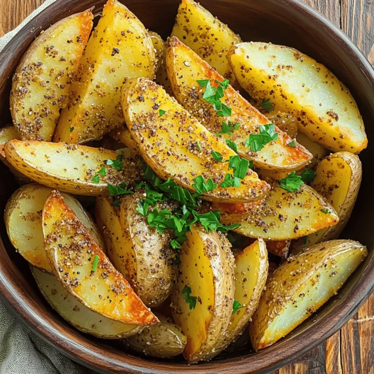 - 4 medium russet potatoes - 3 tablespoons olive oil - 1 tablespoon ranch seasoning mix - 1 teaspoon garlic powder - 1 teaspoon onion powder - ½ teaspoon paprika - Salt and pepper to taste - Fresh parsley, chopped (for garnish) When making Air Fryer Ranch Potato Wedges, you want to start with the right potatoes. I prefer russet potatoes for their texture. Their starchiness gives the wedges a nice crispy outside. Next, gather your olive oil and ranch seasoning mix. The olive oil helps the spices stick. It also helps the wedges crisp up nicely. The ranch seasoning adds a punch of flavor. You can buy it, or make your own if you prefer. For seasoning, garlic powder and onion powder add depth. Paprika brings a slight smokiness that pairs well with ranch. Don't forget salt and pepper! They brighten the flavors and make everything pop. Lastly, fresh parsley adds color and freshness when you serve the wedges. It makes your dish look great and taste even better. So, gather your ingredients, and let’s get cooking! Start with fresh russet potatoes. Wash them well under cold water. Scrub the skins to remove dirt. A clean surface helps you get better flavor. Next, cut each potato into wedges. Aim for about eight wedges per potato. This gives you nice, even pieces that cook well. Place the wedges in a large bowl as you cut them. Once you have all the wedges ready, drizzle olive oil over them. Use about three tablespoons for a nice coat. Toss the wedges gently to cover each one. This step adds flavor and helps them crisp up. In a separate small bowl, mix the ranch seasoning, garlic powder, onion powder, paprika, salt, and pepper. Blend these spices well. Sprinkle this mix over the potato wedges. Make sure every wedge gets coated with the seasoning. Preheat your air fryer to 400°F (200°C) for about five minutes. This step is key for crispy wedges. Once hot, place the seasoned wedges in the fryer basket. Lay them in a single layer. If you have a lot, you may need to cook in batches. Cook the wedges for 15 to 20 minutes. Shake the basket halfway through. This will help them cook evenly. When they turn golden brown and crispy, they are ready to enjoy! To get those perfect crispy wedges, focus on two main things: coating and cooking in a single layer. When you coat the potatoes well with olive oil, it helps them crisp up as they fry. If you pile them on top of each other, they won’t cook evenly. Keep them in a single layer for the best results. Each air fryer is a bit different, so you might need to tweak the cooking time. Check your wedges around the 15-minute mark. If they aren’t golden yet, give them a few more minutes. Homemade ranch seasoning can take your wedges to the next level. Mix dried herbs like dill, parsley, and chives with garlic and onion powder for a fresh taste. You can also play with other spices to change the flavor. Try adding cayenne for heat or smoked paprika for a deeper flavor. Get creative! You can customize the seasoning to fit your mood or what you have at home. These potato wedges shine when paired with a good dip. Ranch dressing is a classic choice, but don’t overlook options like spicy ketchup or a tangy yogurt dip. They also make a great side for burgers, grilled chicken, or even a big salad. These crispy wedges fit right in at any meal. Serve them hot and enjoy the crunch! {{image_2}} You can spice up your ranch potato wedges in fun ways. Here are two tasty options: - Spicy ranch potato wedges: Add a kick by mixing cayenne pepper or chili powder into the seasoning. This gives your wedges a warm, zesty flavor. - Cheesy ranch potato wedges: Sprinkle some grated cheese on top before cooking. Cheddar or Parmesan works great. It adds a cheesy, savory twist. You don't always have to stick to russet potatoes. Here are some great swaps: - Using other types of potatoes: Try sweet potatoes for a sweet touch. Yukon gold potatoes also work and offer a creamy texture. - Olive oil substitutes: If you run out of olive oil, use canola or avocado oil instead. They help achieve that golden, crispy finish. If you don’t have an air fryer, you can still enjoy ranch potato wedges with these methods: - Baking in the oven instead of air frying: Preheat your oven to 425°F (220°C). Spread the seasoned wedges on a baking sheet in a single layer. Bake for about 25-30 minutes, flipping them halfway through. - Deep frying options: Heat oil in a deep fryer or pot. Fry the wedges in batches until golden brown, usually about 5-7 minutes. Drain them on paper towels to remove excess oil. These variations and methods will keep your ranch potato wedges exciting and delicious. For best results, place leftover potato wedges in an airtight container. This keeps them fresh and prevents sogginess. Store them in the fridge for up to three days. After that, the taste and texture may decline. To keep the wedges crispy, reheating in the air fryer is ideal. Set the air fryer to 350°F (175°C) and cook for about 5-7 minutes. This method revives their crunch. You can also use the oven. Preheat the oven to 400°F (200°C) and spread the wedges on a baking sheet. Bake for 10-15 minutes, flipping halfway through for even heating. Yes, you can freeze potato wedges! For proper freezing, let them cool completely first. Spread them in a single layer on a baking sheet and freeze for 1-2 hours. Once frozen, transfer them to a freezer-safe bag. They can last up to three months. When ready to eat, cook from frozen, adding a few extra minutes to the air fryer time. It takes about 15-20 minutes to cook air fryer potato wedges. Preheat your air fryer to 400°F (200°C) for 5 minutes before cooking. Place the seasoned wedges in a single layer to ensure crispiness. Shake the basket halfway through to get even cooking. Yes, you can make air fryer ranch potato wedges ahead of time. Prepare the wedges and season them. Store them in the fridge for a few hours before cooking. When ready, just pop them in the air fryer and cook as directed. Most air fryer brands work well for cooking potato wedges. Popular brands like Philips, Ninja, and COSORI provide good results. Choose an air fryer that has a basket large enough for even cooking. It’s also good to check reviews for cooking performance. You can make this recipe healthier by using less olive oil or substituting it with a spray oil. You can also add more spices instead of ranch seasoning to cut down on sodium. Consider using sweet potatoes for extra nutrition. This article covered how to make tasty air fryer ranch potato wedges. We explored ingredients, seasoning, and step-by-step instructions for perfect preparation. I shared tips for crispiness and different cooking methods. You can even try various flavor options to suit your taste. Remember to store any leftovers properly to enjoy later. I encourage you to experiment with the recipe. Find your favorite seasoning and enjoy those wedges hot and crispy!