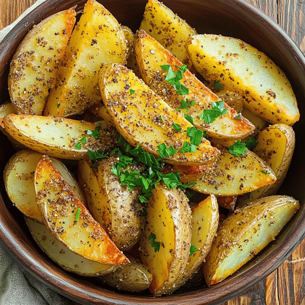 - 4 medium russet potatoes - 3 tablespoons olive oil - 1 tablespoon ranch seasoning mix - 1 teaspoon garlic powder - 1 teaspoon onion powder - ½ teaspoon paprika - Salt and pepper to taste - Fresh parsley, chopped (for garnish) When making Air Fryer Ranch Potato Wedges, you want to start with the right potatoes. I prefer russet potatoes for their texture. Their starchiness gives the wedges a nice crispy outside. Next, gather your olive oil and ranch seasoning mix. The olive oil helps the spices stick. It also helps the wedges crisp up nicely. The ranch seasoning adds a punch of flavor. You can buy it, or make your own if you prefer. For seasoning, garlic powder and onion powder add depth. Paprika brings a slight smokiness that pairs well with ranch. Don't forget salt and pepper! They brighten the flavors and make everything pop. Lastly, fresh parsley adds color and freshness when you serve the wedges. It makes your dish look great and taste even better. So, gather your ingredients, and let’s get cooking! Start with fresh russet potatoes. Wash them well under cold water. Scrub the skins to remove dirt. A clean surface helps you get better flavor. Next, cut each potato into wedges. Aim for about eight wedges per potato. This gives you nice, even pieces that cook well. Place the wedges in a large bowl as you cut them. Once you have all the wedges ready, drizzle olive oil over them. Use about three tablespoons for a nice coat. Toss the wedges gently to cover each one. This step adds flavor and helps them crisp up. In a separate small bowl, mix the ranch seasoning, garlic powder, onion powder, paprika, salt, and pepper. Blend these spices well. Sprinkle this mix over the potato wedges. Make sure every wedge gets coated with the seasoning. Preheat your air fryer to 400°F (200°C) for about five minutes. This step is key for crispy wedges. Once hot, place the seasoned wedges in the fryer basket. Lay them in a single layer. If you have a lot, you may need to cook in batches. Cook the wedges for 15 to 20 minutes. Shake the basket halfway through. This will help them cook evenly. When they turn golden brown and crispy, they are ready to enjoy! To get those perfect crispy wedges, focus on two main things: coating and cooking in a single layer. When you coat the potatoes well with olive oil, it helps them crisp up as they fry. If you pile them on top of each other, they won’t cook evenly. Keep them in a single layer for the best results. Each air fryer is a bit different, so you might need to tweak the cooking time. Check your wedges around the 15-minute mark. If they aren’t golden yet, give them a few more minutes. Homemade ranch seasoning can take your wedges to the next level. Mix dried herbs like dill, parsley, and chives with garlic and onion powder for a fresh taste. You can also play with other spices to change the flavor. Try adding cayenne for heat or smoked paprika for a deeper flavor. Get creative! You can customize the seasoning to fit your mood or what you have at home. These potato wedges shine when paired with a good dip. Ranch dressing is a classic choice, but don’t overlook options like spicy ketchup or a tangy yogurt dip. They also make a great side for burgers, grilled chicken, or even a big salad. These crispy wedges fit right in at any meal. Serve them hot and enjoy the crunch! {{image_2}} You can spice up your ranch potato wedges in fun ways. Here are two tasty options: - Spicy ranch potato wedges: Add a kick by mixing cayenne pepper or chili powder into the seasoning. This gives your wedges a warm, zesty flavor. - Cheesy ranch potato wedges: Sprinkle some grated cheese on top before cooking. Cheddar or Parmesan works great. It adds a cheesy, savory twist. You don't always have to stick to russet potatoes. Here are some great swaps: - Using other types of potatoes: Try sweet potatoes for a sweet touch. Yukon gold potatoes also work and offer a creamy texture. - Olive oil substitutes: If you run out of olive oil, use canola or avocado oil instead. They help achieve that golden, crispy finish. If you don’t have an air fryer, you can still enjoy ranch potato wedges with these methods: - Baking in the oven instead of air frying: Preheat your oven to 425°F (220°C). Spread the seasoned wedges on a baking sheet in a single layer. Bake for about 25-30 minutes, flipping them halfway through. - Deep frying options: Heat oil in a deep fryer or pot. Fry the wedges in batches until golden brown, usually about 5-7 minutes. Drain them on paper towels to remove excess oil. These variations and methods will keep your ranch potato wedges exciting and delicious. For best results, place leftover potato wedges in an airtight container. This keeps them fresh and prevents sogginess. Store them in the fridge for up to three days. After that, the taste and texture may decline. To keep the wedges crispy, reheating in the air fryer is ideal. Set the air fryer to 350°F (175°C) and cook for about 5-7 minutes. This method revives their crunch. You can also use the oven. Preheat the oven to 400°F (200°C) and spread the wedges on a baking sheet. Bake for 10-15 minutes, flipping halfway through for even heating. Yes, you can freeze potato wedges! For proper freezing, let them cool completely first. Spread them in a single layer on a baking sheet and freeze for 1-2 hours. Once frozen, transfer them to a freezer-safe bag. They can last up to three months. When ready to eat, cook from frozen, adding a few extra minutes to the air fryer time. It takes about 15-20 minutes to cook air fryer potato wedges. Preheat your air fryer to 400°F (200°C) for 5 minutes before cooking. Place the seasoned wedges in a single layer to ensure crispiness. Shake the basket halfway through to get even cooking. Yes, you can make air fryer ranch potato wedges ahead of time. Prepare the wedges and season them. Store them in the fridge for a few hours before cooking. When ready, just pop them in the air fryer and cook as directed. Most air fryer brands work well for cooking potato wedges. Popular brands like Philips, Ninja, and COSORI provide good results. Choose an air fryer that has a basket large enough for even cooking. It’s also good to check reviews for cooking performance. You can make this recipe healthier by using less olive oil or substituting it with a spray oil. You can also add more spices instead of ranch seasoning to cut down on sodium. Consider using sweet potatoes for extra nutrition. This article covered how to make tasty air fryer ranch potato wedges. We explored ingredients, seasoning, and step-by-step instructions for perfect preparation. I shared tips for crispiness and different cooking methods. You can even try various flavor options to suit your taste. Remember to store any leftovers properly to enjoy later. I encourage you to experiment with the recipe. Find your favorite seasoning and enjoy those wedges hot and crispy!