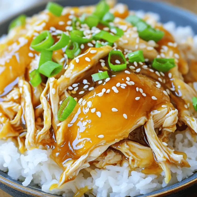 To make Slow Cooker Honey Sesame Chicken, you need the following items: - 2 lbs boneless, skinless chicken thighs - 1/2 cup honey - 1/4 cup low-sodium soy sauce - 2 tablespoons sesame oil - 4 cloves garlic, minced - 1 tablespoon ginger, minced - 1 tablespoon cornstarch - 2 tablespoons water - 1 tablespoon sesame seeds - 4 green onions, sliced (for garnish) - Cooked rice (for serving) These ingredients give the dish its sweet and savory flavor. The chicken thighs keep the meat tender and juicy. You can add more flavor with these optional ingredients: - Red pepper flakes for heat - Bell peppers for crunch - Broccoli for added nutrition - Fresh cilantro for freshness These extras can add variety and make this dish even more exciting. If you have dietary needs, consider these swaps: - Use chicken breast instead of thighs for a lean option. - Swap honey with maple syrup for a vegan alternative. - Choose gluten-free soy sauce to make it gluten-free. Always check labels to ensure your substitutions fit your diet. This way, everyone can enjoy this tasty dish! Start by placing the 2 lbs of boneless, skinless chicken thighs in your slow cooker. Make sure they fit well without crowding. This step is key to ensuring even cooking and flavor absorption. In a bowl, combine the honey, low-sodium soy sauce, sesame oil, minced garlic, and minced ginger. Whisk them together until smooth. Pour this tasty sauce over the chicken in the slow cooker. Ensure each piece of chicken gets coated well. This mix will give the chicken a sweet and savory flavor. Set your slow cooker on low and cook for 6-7 hours. If you're short on time, you can set it on high for 3-4 hours. The chicken is ready when it’s tender and fully cooked. You’ll know it’s done when it easily shreds with a fork. Once the chicken is cooked, take it out of the slow cooker. Use two forks to shred the chicken into bite-sized pieces. In a small bowl, mix 1 tablespoon of cornstarch with 2 tablespoons of water to form a slurry. Stir this into the sauce left in the slow cooker. Cook on high for another 15 minutes. This will make the sauce thicker and richer. After thickening, return the shredded chicken to the pot and mix well. Enjoy the delightful aroma as the flavors meld! To make your Slow Cooker Honey Sesame Chicken shine, start with good chicken. I prefer boneless, skinless chicken thighs. They stay tender and juicy. Coat the chicken well with the honey soy mixture. This ensures each bite bursts with flavor. Add the garlic and ginger early in the cooking process. Their aromas will fill your kitchen. These two ingredients bring a warm, spicy note. Also, let the sauce thicken at the end. This adds a nice shine and depth to the dish. One mistake is not cooking the chicken long enough. Undercooked chicken can be tough. Use a meat thermometer to check if it reaches 165°F. Another mistake is skipping the cornstarch slurry. This step makes the sauce thick and rich. Don’t forget to mix the shredded chicken with the sauce. This ensures every piece is flavorful. Lastly, avoid overcooking the chicken. If you cook it too long, it can dry out. Presentation matters! Serve the chicken over fluffy white rice. This adds a great texture. Drizzle some extra sauce on top for a glossy finish. For garnish, sprinkle sesame seeds over the dish. It adds a nice crunch. Don’t forget the sliced green onions. They add color and a fresh taste. This simple touch elevates your meal. Now you have a dish that looks as good as it tastes! {{image_2}} You can swap chicken thighs for other proteins. Try chicken breasts for a leaner option. You could also use pork tenderloin for a different taste. If you want a vegetarian dish, use tofu. Tofu absorbs flavors well and provides a nice texture. Just make sure to press it first to remove extra water. Adding spices can make the dish even better. Try adding red pepper flakes for heat. A pinch of five-spice powder adds rich flavor. You can also mix in some black pepper for warmth. If you like citrus, add a bit of grated lime zest. This will brighten up the flavors. Slow cooking allows flavors to meld over time. It makes the chicken very tender. However, you can cook this dish on the stovetop too. To do this, brown the chicken first. Then, add the sauce and simmer until fully cooked. This method takes less time but can be just as tasty. After enjoying your slow cooker honey sesame chicken, let it cool. Place the chicken in an airtight container. Make sure to include any sauce. This will help keep the flavors fresh. Store it in the fridge for up to four days. To reheat, you can use the microwave or the stovetop. If using the microwave, heat in short bursts. Stir in between to ensure even heating. If you opt for the stovetop, gently warm the chicken in a skillet. Add a splash of water or sauce to keep it moist. If you want to save some for later, freezing works great! Place the cooled chicken and sauce in a freezer-safe container. Seal it tightly to prevent freezer burn. You can freeze it for up to three months. When ready to eat, thaw it overnight in the fridge. Then, reheat as mentioned above. To keep your chicken moist, use boneless, skinless thighs. They have more fat than chicken breast. This fat helps keep the meat juicy. Also, do not overcook the chicken. Follow the cooking times in the recipe. When done, shred the chicken gently. This will help keep the meat tender and juicy. Yes, you can use bone-in chicken thighs. They add flavor to the dish. However, cooking times may change. Bone-in thighs will take longer to cook. Cook them on low for 7 to 8 hours or on high for 4 to 5 hours. Always check the internal temperature. It should reach 165°F for safety. Honey sesame chicken goes well with several tasty sides. Here are some ideas: - Fluffy white rice - Steamed broccoli - Roasted carrots - Fried rice - Asian-style coleslaw These sides add color and balance to your meal. They complement the sweet and savory flavors of the chicken. To spice up your honey sesame chicken, add red pepper flakes. Start with half a teaspoon and adjust to taste. You can also add sriracha or chili paste to the sauce. Mix these in when you combine the sauce ingredients. This will give you a nice kick without overpowering the dish. This blog post covered essential ingredients, steps, and tips for making honey sesame chicken. You can create a tasty dish with simple steps and ingredients. Remember to explore variations to match your taste. Don’t forget proper storage and reheating tips for leftovers. With these strategies, you’ll enjoy delicious meals every time. Embrace your cooking journey and have fun with this recipe. Your kitchen can be a place of creativity and joy. Enjoy!