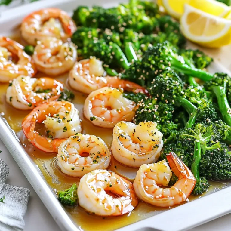- 1 lb shrimp, peeled and deveined - 1 bunch broccolini, trimmed - 1/4 cup honey - 2 tablespoons soy sauce - 3 cloves garlic, minced - 1 tablespoon fresh ginger, grated - 2 tablespoons olive oil - Salt and pepper to taste - Sesame seeds for garnish - Lemon wedges for serving Let’s break down the ingredients for Honey Garlic Shrimp and Broccolini. First, you need shrimp. I recommend using 1 lb of peeled and deveined shrimp. This saves time and makes cooking easier. Next, grab a bunch of fresh broccolini. This vegetable adds a nice crunch and color to the dish. Now, let’s talk about the sweet and savory sauce. You will need 1/4 cup of honey for sweetness. It balances the saltiness of soy sauce. Use 2 tablespoons of low-sodium soy sauce for flavor. You also need 3 cloves of minced garlic and 1 tablespoon of fresh grated ginger. These add a wonderful aroma and depth to the dish. Finally, you will need 2 tablespoons of olive oil. This helps with cooking and adds richness. You can also add salt and pepper to taste. For a pretty finish, sprinkle sesame seeds on top. Lemon wedges are perfect for serving. Squeezing fresh lemon juice brightens the flavors. These ingredients come together to create a delightful meal that is easy to prepare and packed with flavor. - Preheat your oven to 400°F (200°C). This heat helps cook everything evenly. - Line a large sheet pan with parchment paper. This makes cleanup a breeze. - In a mixing bowl, whisk together honey, soy sauce, minced garlic, grated ginger, and olive oil. Add salt and pepper to taste. This will be your marinade, full of flavor. - Add the shrimp to the marinade. Make sure they are well-coated. Let them sit for at least 10 minutes. This step allows the shrimp to soak up all the tasty flavors. - Spread the trimmed broccolini evenly on one side of the sheet pan. Drizzle a bit of olive oil on top and season with salt and pepper. - After marinating, add the shrimp to the other side of the sheet pan. Pour any leftover marinade over the shrimp for extra taste. - Place the sheet pan in the oven. Bake for 12-15 minutes, until the shrimp are pink and cooked through. The broccolini should be tender yet slightly crispy. - Remove the sheet pan from the oven. Sprinkle sesame seeds over the shrimp and broccolini. This adds a nice crunch and look to your dish. - Serve with fresh lemon wedges. Squeezing lemon over the dish gives it a bright flavor boost. Enjoy your meal! - Marinate shrimp for at least 10 minutes. This lets flavors soak in well. - For a twist, try adding chili flakes for heat. You can also use orange juice for a citrus kick. - Cook shrimp until they turn pink and opaque. This usually takes 12-15 minutes. - Broccolini should be tender yet slightly crispy. Keep an eye on it to avoid overcooking. - Serve the shrimp and broccolini right on the sheet pan. It looks rustic and fun! - Pair this dish with rice or quinoa for a complete meal. You can also serve it with a light salad. {{image_2}} If you want to switch up the shrimp, try chicken or tofu. Both options work great. Chicken breast will need more cooking time. Tofu soaks up flavors well, making it a tasty choice. For veggies, swap broccolini with asparagus or bell peppers. These changes keep the dish fresh and fun. Want some heat? Add red pepper flakes or chili powder to the marinade. This gives your dish a nice kick. If you like it sweeter, try different types of honey. Clover honey is mild, while wildflower honey is more robust. Adjusting honey can change the flavor in a delightful way. To make this recipe gluten-free, use tamari instead of soy sauce. This keeps it safe for gluten-sensitive friends. For low-carb options, skip the honey or use a sugar substitute. You can also serve it over cauliflower rice instead of regular rice. These choices help fit various diets while keeping the dish delicious. To store leftovers, place the shrimp and broccolini in an airtight container. This keeps them fresh. Make sure to cool them down to room temperature first. You can store this dish in the fridge for up to three days. After that, the shrimp might lose their taste and texture. The best way to reheat this dish is in the oven. Preheat your oven to 350°F (175°C). Place the shrimp and broccolini on a baking sheet. Heat them for about 10 minutes. This method keeps them juicy and tasty. Avoid using the microwave as it can overcook the shrimp, making them tough. Yes, you can freeze shrimp and broccolini. Place the cooled dish in a freezer-safe container. Make sure to wrap it tightly to avoid freezer burn. You can freeze it for up to two months. To thaw, move it to the fridge overnight. Reheat it in the oven as mentioned earlier for the best results. Can I use frozen shrimp for this recipe? Yes, you can use frozen shrimp. Just make sure to thaw them first. Place them in cold water for about 15 minutes. This keeps them juicy and tender. What can I serve with Honey Garlic Shrimp and Broccolini? You can serve this dish with rice or quinoa for a filling meal. A simple salad also pairs well. For a cozy touch, add some crusty bread to soak up the sauce. What temperature should shrimp be cooked to? Shrimp should be cooked to 120°F (49°C). At this point, they turn pink and opaque. Overcooking makes them tough, so keep an eye on them. How do I know when broccolini is done? Broccolini is done when it turns bright green and is tender. A fork should pierce it easily. It should still have a slight crunch for the best texture. How to make this dish low-sodium? To make this dish low-sodium, use low-sodium soy sauce. You can also reduce the amount used. Add more herbs and spices to boost flavor without salt. Vegetarian alternatives for shrimp and other ingredients? For a vegetarian version, try using tofu or chickpeas instead of shrimp. You can also swap broccolini for bell peppers or zucchini to change it up. This recipe for Honey Garlic Shrimp and Broccolini is easy and delicious. You learned about simple ingredients and clear steps. Marinating shrimp adds rich flavor, while broccolini provides a fresh crunch. We also explored tips for cooking and serving, so you can impress anyone. Don't forget you can change ingredients to fit your needs. With this guide, you can create a meal that is both tasty and healthy. Enjoy making it your own!