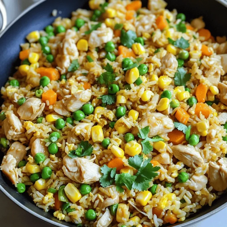 To make Min Chicken Fried Rice, you need a few key items. Here’s a quick list: - 2 cups cooked jasmine rice (preferably day-old) - 1 cup chicken breast, diced - 2 tablespoons soy sauce - 1 tablespoon oyster sauce - 1 tablespoon sesame oil - 1 cup mixed vegetables (peas, carrots, and corn) - 3 green onions, chopped - 2 cloves garlic, minced - 2 large eggs, beaten - Salt and pepper to taste - Fresh cilantro for garnish (optional) These ingredients come together to create a tasty dish. Diced chicken breast adds protein and flavor to your fried rice. Start by cutting the chicken into small cubes. This size helps it cook evenly and quickly. Season the chicken with salt and pepper. This simple step enhances its taste. Cook the chicken in sesame oil. It adds a lovely nutty flavor. Stir-fry until the chicken is golden brown and cooked through, about 4-5 minutes. Using day-old jasmine rice is crucial for great fried rice. Fresh rice is moist and sticky. This makes it hard to achieve that perfect fried rice texture. Day-old rice has dried out a bit. This helps it fry up nicely without clumping. If you don’t have day-old rice, spread fresh rice on a tray. Let it cool in the fridge for an hour before using it. This trick helps mimic day-old rice, giving you the perfect base for your dish. To start, heat 1 tablespoon of sesame oil in a large skillet or wok. Use medium-high heat for best results. Next, add 1 cup of diced chicken breast. Season it with salt and pepper. Cook the chicken for about 4 to 5 minutes. Stir-fry it until the chicken becomes golden brown and fully cooked. This step ensures your chicken is juicy and flavorful. After the chicken is ready, push it to one side of the skillet. Pour 2 large beaten eggs into the empty space. Stir them gently to scramble. Cook the eggs until they are firm and no longer runny. Once cooked, mix the eggs with the chicken. This adds protein and makes your fried rice extra tasty. Now, it’s time for the fun part! Add 2 cloves of minced garlic and 1 cup of mixed vegetables, like peas, carrots, and corn. Stir-fry everything for 2 to 3 minutes. You want the veggies to be tender but still bright. Next, add 2 cups of cooked jasmine rice. Break up any clumps to make it fluffy. Pour in 2 tablespoons of soy sauce and 1 tablespoon of oyster sauce. Mix well to coat the rice evenly. Finally, add 3 chopped green onions and stir-fry for another minute. Taste and adjust the seasoning if needed. Enjoy your quick and easy Min Chicken Fried Rice! For great fried rice, use day-old jasmine rice. This rice has less moisture. Fresh rice can be too sticky. Letting it cool in the fridge helps dry it out. If you need fresh rice, spread it on a tray to cool. Break up any clumps before cooking. This step makes your fried rice light and fluffy. Seasoning is key in making your fried rice tasty. Start with soy sauce for saltiness. The oyster sauce adds a nice depth. Taste as you cook to find balance. You can add more salt and pepper at the end. Don't forget the green onions; they add freshness and flavor. A large skillet or wok works best for fried rice. The wide surface helps cook everything evenly. Use high heat to get a good sear on the chicken. If you have a spatula, it’s great for tossing the rice. This helps mix all the flavors well. {{image_2}} You can swap chicken for other meats. Try diced pork or shrimp. Tofu also makes a great choice. It adds protein and keeps the dish light. If you use beef, choose thin strips for quick cooking. Each protein brings a unique taste to the dish. Feel free to mix and match your veggies. Broccoli, bell peppers, and snap peas work well. You can use frozen veggies, too. They save time and still taste good. Just add them in with the garlic. This keeps your fried rice colorful and tasty. To make a vegan version, leave out the chicken and eggs. Use tofu for protein instead. Replace oyster sauce with mushroom sauce for flavor. You can also add more vegetables, like spinach or zucchini. This way, you keep the dish hearty and delicious. To keep your Min Chicken Fried Rice fresh, store it in an airtight container. Let the rice cool first. Place it in the fridge within two hours of cooking. It will stay good for about 3 to 4 days. If you have a larger batch, divide it into smaller portions. This helps it cool faster and makes it easy to reheat later. When reheating, use a skillet or wok for best results. Heat a little oil over medium heat. Add the rice and stir it gently. This helps keep the rice from getting mushy. You can also add a splash of water or soy sauce. This adds moisture and flavor. Heat until it’s warm all the way through. Avoid using the microwave, as it can make the rice rubbery. Freezing is a great option for longer storage. Allow the rice to cool completely first. Then, transfer it to a freezer-safe bag or container. Squeeze out as much air as possible to prevent freezer burn. Label the bag with the date. Your Min Chicken Fried Rice will last up to 2-3 months in the freezer. To reheat, thaw it in the fridge overnight and follow the reheating tips above. Yes, you can make Min Chicken Fried Rice without soy sauce. You can use coconut aminos or a mix of vinegar and salt. These substitutes add flavor without the soy. You might also try teriyaki sauce for a sweeter taste. Just remember, it will change the dish's flavor a bit. The best rice for fried rice is jasmine rice. Day-old jasmine rice works best because it’s less sticky. Fresh rice can create mushy fried rice. The cold rice keeps the grains separate and firm. You can also use basmati rice if jasmine is not available. To spice up Min Chicken Fried Rice, add chili sauce or fresh chilies. You can mix in sriracha or gochujang for heat. Adjust the amount based on your spice level. You can also sprinkle crushed red pepper on top for extra kick. Incorporating these ingredients will give your dish a flavorful boost! Min Chicken Fried Rice is fun to make. We covered key ingredients, like day-old jasmine rice and diced chicken. Next, we shared step-by-step cooking tips that help you achieve great flavor and texture. You learned helpful tricks for seasoning and cooking equipment for the best result. Lastly, we explored variations to cater to your taste. Whether you're vegan or want to try different proteins, there's a version for you. Now, you can enjoy a tasty meal while storing leftovers properly. Dive in and start cooking your Min Chicken Fried Rice today!