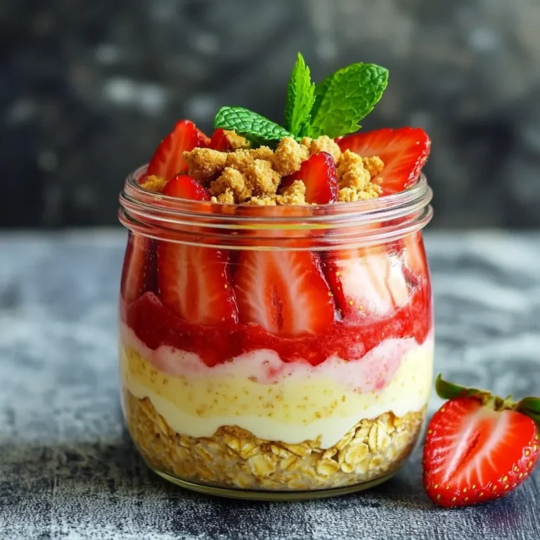 - 1 cup rolled oats - 1 cup almond milk (or any milk of choice) - ½ cup Greek yogurt - ¼ cup cream cheese, softened These main ingredients give the oats their creamy and rich texture. Rolled oats soak up the milk, making them soft and delicious. I like using almond milk, but you can use any milk you prefer. Greek yogurt adds protein and a tangy taste. Cream cheese brings in that cheesecake flavor we all love. - 2 tablespoons honey or maple syrup - 1 teaspoon vanilla extract - Pinch of salt Sweeteners like honey or maple syrup balance the flavors. I often use honey for its rich taste. Vanilla extract adds warmth and depth. A pinch of salt enhances all the flavors, making the dish taste better. - ½ cup fresh strawberries, hulled and sliced - 2 tablespoons chia seeds - 1 tablespoon crushed graham crackers (for topping) Fresh strawberries are key for that fruity flavor. They also add color and make the dish look pretty. Chia seeds add a nice crunch and are good for you. Lastly, crushed graham crackers give the oats that cheesecake crust vibe. First, grab a medium mixing bowl. Add 1 cup of rolled oats. Then, pour in 1 cup of almond milk or your favorite milk. Next, add ½ cup of Greek yogurt and ¼ cup of softened cream cheese. Sweeten the mix with 2 tablespoons of honey or maple syrup. Don't forget 1 teaspoon of vanilla extract and 2 tablespoons of chia seeds. Add a pinch of salt for balance. Stir everything well until smooth. Make sure the cream cheese blends in nicely. Now it's time for the stars of the show: the strawberries! Gently fold in ½ cup of sliced strawberries. Be careful not to mash them. Save a few slices for later. These will make your oats look beautiful when served. Take your mixture and transfer it into jars. Use individual jars or containers with lids. Make sure you cover them tightly. Place the jars in the fridge. Let them chill overnight or for at least 4 hours. This helps the oats soak up all the flavors. When you're ready to enjoy, take the jars out of the fridge. Give the oat mixture a good stir. This helps mix everything again. Now, top each serving with the reserved strawberry slices. Sprinkle 1 tablespoon of crushed graham crackers on top. This adds a nice crunch, just like a cheesecake crust. Enjoy your tasty treat! To make creamy oats, you need to mix well. Start with rolled oats and milk. Add Greek yogurt and cream cheese to this mix. Stir until smooth. Use a whisk for fluffier oats. Chia seeds help create a thick texture. They soak up the liquid. Let the oats sit overnight for the best result. Sweetness is key to a good flavor. Honey and maple syrup are great choices. Start with two tablespoons and taste. If you want it sweeter, add more. Remember, you can always adjust. Each person likes a different level of sweetness. Serving in jars makes for a pretty display. Use clear jars to show off the layers. This makes it look appealing. Top with fresh strawberry slices. A sprinkle of crushed graham crackers adds crunch. Place a mint leaf on top for color. This little touch makes your dish pop! {{image_2}} If you want a dairy-free version, you can easily swap out the Greek yogurt and cream cheese. Use coconut yogurt instead of Greek yogurt. For cream cheese, try using a plant-based cream cheese. Both options keep that creamy texture. These replacements maintain the delicious taste of cheesecake while catering to different diets. Strawberries are great, but you can try other fruits, too. Blueberries, raspberries, or peaches can add unique flavors. Each fruit will give your oats a fresh twist. You can mix and match to find what you love best. This way, you can enjoy a new flavor every time you make it. To boost the taste, consider adding spices or extracts. A dash of cinnamon can warm up the flavor. You might also try a bit of almond extract for a nutty taste. These small changes can make your oats even more delicious. Feel free to experiment and find your favorite combinations! You can store strawberry cheesecake overnight oats in the fridge for up to five days. Keep them in airtight containers. This way, they stay fresh and tasty. If you notice any change in texture or smell, it’s best to toss them. Yes, you can freeze overnight oats! To do this, use freezer-safe containers. They last well for up to three months in the freezer. When you want to eat them, just thaw them in the fridge overnight. You can enjoy your oats cold straight from the fridge. If you prefer them warm, heat them in the microwave. Use short bursts of time, like 30 seconds. Stir them in between to heat evenly. Add a splash of milk if they get too thick after heating. Yes, you can make these overnight oats vegan! To do this, you can swap out the Greek yogurt and cream cheese. Try using coconut yogurt or cashew cream instead. For the milk, any plant-based milk works great, like almond, soy, or oat milk. You can also use maple syrup as your sweetener to keep it all vegan-friendly. You can store these oats in the fridge for up to five days. Make sure you keep them in an airtight container to keep them fresh. If you use fresh fruit, it’s best to add it just before serving to keep it at its best. Yes, overnight oats are very healthy! They are full of fiber, which helps digestion. The rolled oats provide whole grains, while Greek yogurt adds protein. Strawberries are rich in vitamins and antioxidants. Chia seeds add omega-3 fatty acids, which are great for your heart. This recipe makes a balanced meal that keeps you full. Yes, you can easily adjust the serving size! If you want more servings, just double the recipe. If you need fewer, you can cut the amounts in half. This recipe is flexible. You can also make single servings in small jars, which is great for meal prep. In this post, we explored how to make strawberry cheesecake overnight oats. We covered main ingredients like rolled oats, almond milk, Greek yogurt, and cream cheese. We also discussed sweeteners, flavor enhancers, and crunchy toppings. You learned step-by-step instructions and helpful tips to create the best texture. Remember, you can customize this recipe with dairy-free options, different fruits, and extra flavors. Enjoy these oats for a tasty breakfast that’s easy to prepare and nutritious. Now, dive in and make your own delicious strawberry cheesecake overnight oats!