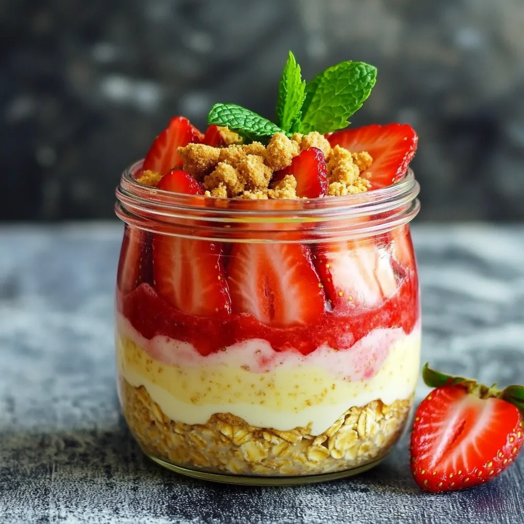 - 1 cup rolled oats - 1 cup almond milk (or any milk of choice) - ½ cup Greek yogurt - ¼ cup cream cheese, softened These main ingredients give the oats their creamy and rich texture. Rolled oats soak up the milk, making them soft and delicious. I like using almond milk, but you can use any milk you prefer. Greek yogurt adds protein and a tangy taste. Cream cheese brings in that cheesecake flavor we all love. - 2 tablespoons honey or maple syrup - 1 teaspoon vanilla extract - Pinch of salt Sweeteners like honey or maple syrup balance the flavors. I often use honey for its rich taste. Vanilla extract adds warmth and depth. A pinch of salt enhances all the flavors, making the dish taste better. - ½ cup fresh strawberries, hulled and sliced - 2 tablespoons chia seeds - 1 tablespoon crushed graham crackers (for topping) Fresh strawberries are key for that fruity flavor. They also add color and make the dish look pretty. Chia seeds add a nice crunch and are good for you. Lastly, crushed graham crackers give the oats that cheesecake crust vibe. First, grab a medium mixing bowl. Add 1 cup of rolled oats. Then, pour in 1 cup of almond milk or your favorite milk. Next, add ½ cup of Greek yogurt and ¼ cup of softened cream cheese. Sweeten the mix with 2 tablespoons of honey or maple syrup. Don't forget 1 teaspoon of vanilla extract and 2 tablespoons of chia seeds. Add a pinch of salt for balance. Stir everything well until smooth. Make sure the cream cheese blends in nicely. Now it's time for the stars of the show: the strawberries! Gently fold in ½ cup of sliced strawberries. Be careful not to mash them. Save a few slices for later. These will make your oats look beautiful when served. Take your mixture and transfer it into jars. Use individual jars or containers with lids. Make sure you cover them tightly. Place the jars in the fridge. Let them chill overnight or for at least 4 hours. This helps the oats soak up all the flavors. When you're ready to enjoy, take the jars out of the fridge. Give the oat mixture a good stir. This helps mix everything again. Now, top each serving with the reserved strawberry slices. Sprinkle 1 tablespoon of crushed graham crackers on top. This adds a nice crunch, just like a cheesecake crust. Enjoy your tasty treat! To make creamy oats, you need to mix well. Start with rolled oats and milk. Add Greek yogurt and cream cheese to this mix. Stir until smooth. Use a whisk for fluffier oats. Chia seeds help create a thick texture. They soak up the liquid. Let the oats sit overnight for the best result. Sweetness is key to a good flavor. Honey and maple syrup are great choices. Start with two tablespoons and taste. If you want it sweeter, add more. Remember, you can always adjust. Each person likes a different level of sweetness. Serving in jars makes for a pretty display. Use clear jars to show off the layers. This makes it look appealing. Top with fresh strawberry slices. A sprinkle of crushed graham crackers adds crunch. Place a mint leaf on top for color. This little touch makes your dish pop! {{image_2}} If you want a dairy-free version, you can easily swap out the Greek yogurt and cream cheese. Use coconut yogurt instead of Greek yogurt. For cream cheese, try using a plant-based cream cheese. Both options keep that creamy texture. These replacements maintain the delicious taste of cheesecake while catering to different diets. Strawberries are great, but you can try other fruits, too. Blueberries, raspberries, or peaches can add unique flavors. Each fruit will give your oats a fresh twist. You can mix and match to find what you love best. This way, you can enjoy a new flavor every time you make it. To boost the taste, consider adding spices or extracts. A dash of cinnamon can warm up the flavor. You might also try a bit of almond extract for a nutty taste. These small changes can make your oats even more delicious. Feel free to experiment and find your favorite combinations! You can store strawberry cheesecake overnight oats in the fridge for up to five days. Keep them in airtight containers. This way, they stay fresh and tasty. If you notice any change in texture or smell, it’s best to toss them. Yes, you can freeze overnight oats! To do this, use freezer-safe containers. They last well for up to three months in the freezer. When you want to eat them, just thaw them in the fridge overnight. You can enjoy your oats cold straight from the fridge. If you prefer them warm, heat them in the microwave. Use short bursts of time, like 30 seconds. Stir them in between to heat evenly. Add a splash of milk if they get too thick after heating. Yes, you can make these overnight oats vegan! To do this, you can swap out the Greek yogurt and cream cheese. Try using coconut yogurt or cashew cream instead. For the milk, any plant-based milk works great, like almond, soy, or oat milk. You can also use maple syrup as your sweetener to keep it all vegan-friendly. You can store these oats in the fridge for up to five days. Make sure you keep them in an airtight container to keep them fresh. If you use fresh fruit, it’s best to add it just before serving to keep it at its best. Yes, overnight oats are very healthy! They are full of fiber, which helps digestion. The rolled oats provide whole grains, while Greek yogurt adds protein. Strawberries are rich in vitamins and antioxidants. Chia seeds add omega-3 fatty acids, which are great for your heart. This recipe makes a balanced meal that keeps you full. Yes, you can easily adjust the serving size! If you want more servings, just double the recipe. If you need fewer, you can cut the amounts in half. This recipe is flexible. You can also make single servings in small jars, which is great for meal prep. In this post, we explored how to make strawberry cheesecake overnight oats. We covered main ingredients like rolled oats, almond milk, Greek yogurt, and cream cheese. We also discussed sweeteners, flavor enhancers, and crunchy toppings. You learned step-by-step instructions and helpful tips to create the best texture. Remember, you can customize this recipe with dairy-free options, different fruits, and extra flavors. Enjoy these oats for a tasty breakfast that’s easy to prepare and nutritious. Now, dive in and make your own delicious strawberry cheesecake overnight oats!