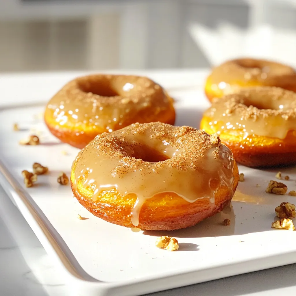 To make these tasty donuts, gather these simple ingredients: - 1 cup pumpkin puree (canned or fresh) - 1 cup all-purpose flour - 1/2 cup brown sugar - 1/4 cup granulated sugar - 1/4 cup milk - 2 large eggs - 1 teaspoon baking powder - 1/2 teaspoon baking soda - 1/2 teaspoon ground cinnamon - 1/4 teaspoon ground nutmeg - 1/4 teaspoon salt - 1 teaspoon vanilla extract - 1/4 cup coconut oil, melted (or unsalted butter) - 1/2 cup powdered sugar (for glazing) - 1-2 tablespoons milk (for glaze consistency) You can swap out some ingredients based on what you have. Use applesauce instead of eggs for a vegan option. For gluten-free donuts, try almond flour or a gluten-free blend instead of all-purpose flour. If you don’t have brown sugar, mix granulated sugar with a bit of molasses for a similar taste. Coconut oil can be replaced with any vegetable oil or melted butter. When choosing fresh pumpkin, look for small, firm pumpkins with smooth skin. They should feel heavy for their size. The best ones are called sugar pumpkins or pie pumpkins. If you prefer canned pumpkin, check labels for 100% pumpkin without additives. Canned pumpkin is often easier to use, and it has a consistent taste. Both options work well, but fresh has a unique flavor that's hard to beat! Start by preheating your oven to 350°F (175°C). Grease your donut pan lightly. In a large bowl, mix together 1 cup of pumpkin puree, 1/2 cup brown sugar, 1/4 cup granulated sugar, and 1/4 cup milk. Whisk until the mixture is smooth. Next, add 2 large eggs, 1/4 cup melted coconut oil, and 1 teaspoon vanilla extract. Stir until everything is well combined. In another bowl, combine 1 cup all-purpose flour, 1 teaspoon baking powder, 1/2 teaspoon baking soda, 1/2 teaspoon ground cinnamon, 1/4 teaspoon ground nutmeg, and 1/4 teaspoon salt. Gradually add the dry mix to your wet ingredients. Stir gently until just combined. Avoid overmixing; this keeps the donuts light and fluffy. Carefully spoon or pipe the batter into the prepared donut pan, filling each cavity about 2/3 full. This helps the donuts rise evenly. Bake in your preheated oven for 12-15 minutes. Check for doneness by inserting a toothpick into a donut. If it comes out clean, your donuts are ready. Let them cool for about 5 minutes in the pan before moving them to a wire rack. This cooling step is crucial for texture and flavor. To make the glaze, mix 1/2 cup powdered sugar with 1-2 tablespoons of milk in a small bowl. Adjust the milk until you reach a smooth, pourable consistency. Once your donuts cool completely, dip the tops of each donut into the glaze. Allow any excess glaze to drip off. Let them sit for a few minutes so the glaze can set. For an extra touch, sprinkle a bit of cinnamon on top or add crushed walnuts to enhance the look. To get soft and fluffy donuts, mix the batter gently. Overmixing makes them dense. Use room temperature eggs and milk for a smooth blend. This helps the batter rise better. Bake the donuts until a toothpick comes out clean. This ensures they are fully cooked. Let them cool in the pan for a few minutes, then move them to a wire rack. This keeps the bottoms from getting soggy. To boost the flavor, add more spice. A pinch of ginger or cloves gives warmth. You can also fold in chocolate chips or nuts for a treat. If you want a twist, try adding orange zest. It adds a fresh taste that pairs well with pumpkin. For a sweeter glaze, mix in a bit of maple syrup. This will make your donuts more special. Presentation makes your donuts look tempting. Place the glazed donuts on a cute plate. A sprinkle of cinnamon on top adds flair. You can also add crushed walnuts for crunch. If you want a colorful touch, use edible flowers. This makes the dish pop for any gathering. Serve them warm to enhance the flavor and aroma. {{image_2}} You can easily turn these donuts into pumpkin spice donuts. Just add more spices! Mix in an extra teaspoon of ground cinnamon and a pinch of allspice. This adds warmth and a cozy flavor. The spices will blend beautifully with the pumpkin. Enjoy the extra fall vibes! Want a chocolate twist? Replace some flour with cocoa powder. Use 1/4 cup of cocoa powder and reduce the flour to 3/4 cup. This gives you rich chocolatey donuts. The brown sugar glaze pairs perfectly with the chocolate flavor. You will love this sweet combination! To make these donuts vegan, swap the eggs for flax eggs. Mix 2 tablespoons of flaxseed meal with 6 tablespoons of water. Let it sit for a few minutes until it thickens. Also, use almond milk instead of regular milk. This keeps the donuts moist and tasty. You won’t miss the eggs at all! Store your brown sugar glazed pumpkin donuts in an airtight container. This keeps them fresh. Place parchment paper between layers if stacking. This will help avoid sticking. Keep the container in a cool, dry place. Avoid direct sunlight or heat sources. To freeze, place cooled donuts in a single layer on a tray. Cover them with plastic wrap. Once frozen, transfer them to a zip-top bag. Donuts can stay frozen for up to two months. To reheat, take them out and let them thaw at room temperature. You can warm them in the microwave for 10-15 seconds if desired. These donuts are best eaten within three days when stored at room temperature. If stored in the fridge, they can last up to a week. However, they may dry out faster in cold air. Freezing extends their life, making them a great treat anytime. Yes, you can use whole wheat flour. It will change the texture a bit. Whole wheat flour adds more fiber and a nutty flavor. Just remember, the donuts might be denser than those made with all-purpose flour. If you want a lighter donut, use half whole wheat and half all-purpose flour. This way, you get health benefits without losing too much fluffiness. To make the glaze thicker, add more powdered sugar. If it feels too thin, it won't stick well. Start with the 1/2 cup of powdered sugar and mix in 1-2 tablespoons of milk. If it’s too runny, add more sugar until you reach your desired thickness. For a thinner glaze, just add a little more milk. Mix it well and keep checking until it's perfect for dipping. The best way is to check with a toothpick. Insert it into the center of a donut. If it comes out clean, the donuts are done. You should also see a light golden color on the tops. Don’t forget to let them cool in the pan for about 5 minutes before moving them. This helps them set and makes them easier to remove. You learned how to make brown sugar glazed pumpkin donuts today. I shared the key ingredients, helpful substitutions, and tips for fresh pumpkin. You now know the steps for preparing, baking, and glazing your donuts perfectly. Remember the texture tips, flavor add-ins, and ways to present them. You can also explore delicious variations or how to store your treats. These donuts are a tasty treat for anyone. Enjoy baking and savoring your creations!