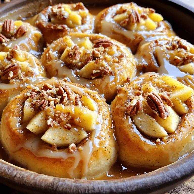 To make a delicious caramel apple cinnamon roll bake, you need these key ingredients: - 2 cans (8 oz each) refrigerated cinnamon rolls - 2 medium apples, peeled, cored, and diced (Granny Smith or Honeycrisp work well) - 1/2 cup brown sugar - 1 teaspoon ground cinnamon - 1/2 teaspoon nutmeg - 1/4 cup caramel sauce (store-bought or homemade) - 1/2 cup chopped pecans or walnuts (optional) Refrigerated cinnamon rolls: These are the base of your dish. They save time and add flavor. You can find them in any grocery store. Apples: I recommend using Granny Smith or Honeycrisp apples. Granny Smith gives a nice tartness, while Honeycrisp adds sweetness. Both create a great balance with the caramel. Brown sugar and spices: Brown sugar adds depth and sweetness. The ground cinnamon and nutmeg bring warmth and an inviting aroma, making your kitchen smell amazing. Caramel sauce: You can use store-bought caramel sauce for convenience. However, making your own can add a personal touch. Homemade caramel has a rich flavor that elevates your dish. Optional toppings: Chopped pecans or walnuts add crunch and flavor. They also look great on top of your bake. These ingredients come together to create a sweet and comforting treat perfect for any occasion. Start by preheating your oven to 350°F (175°C). Grease a 9x13 inch baking dish with butter or cooking spray. This step helps prevent sticking. Make sure to coat the bottom and sides well. In a medium bowl, take two peeled and diced apples. I like using Granny Smith or Honeycrisp apples for their tartness. Add 1/2 cup of brown sugar, 1 teaspoon of ground cinnamon, and 1/2 teaspoon of nutmeg. Mix everything well so the apples get nice and coated. Set this mixture aside for later. Open two cans of refrigerated cinnamon rolls. Take each roll and cut it into quarters. Place the pieces in your greased baking dish. Spread the apple mixture evenly over the cinnamon rolls. If you want a crunch, sprinkle 1/2 cup of chopped pecans or walnuts on top. Drizzle 1/4 cup of caramel sauce all over the mixture. Make sure it seeps into the rolls and apples. Place your dish in the oven and bake for 25 to 30 minutes. Look for a golden brown color on the rolls. Once they are done, take the dish out and let it cool for 5 minutes. Drizzle the vanilla icing over the top while it’s still warm. It will melt slightly, adding extra flavor. Serve warm for the best taste! To get a great caramel drizzle, use a thick sauce. If it’s too thin, it won't hold. Heat the caramel sauce gently on the stove or in the microwave. This helps make it easy to drizzle. Pour it over the warm bake for the best effect. The heat helps it spread and soak in. For this recipe, I love using Granny Smith or Honeycrisp apples. Granny Smith brings a nice tartness, while Honeycrisp offers a sweet crunch. Both apples hold their shape well when baked, adding great texture. Avoid soft apples like Red Delicious, as they can turn mushy. Bake your caramel apple cinnamon roll dish at 350°F (175°C). This temperature ensures even cooking without burning. Check for doneness by looking for a golden brown color. You can also insert a toothpick in the center. If it comes out clean, it’s ready! Let it cool for a few minutes before serving. This makes it easier to cut. {{image_2}} You can change the apples for other fruits. Peaches or pears add a fun twist. Just peel and dice them as you did with the apples. The sweet and juicy flavor of peaches pairs well with the cinnamon rolls. Pears add a soft texture and a hint of spice. Feel free to mix and match for your own taste! If you love pumpkin spice, make this dish seasonal. Swap the apples with pumpkin puree. Add pumpkin pie spice instead of cinnamon and nutmeg. You can even mix in some chopped pecans for crunch. This version brings warm, cozy flavors perfect for fall gatherings. For a gluten-free treat, look for gluten-free cinnamon rolls. Many brands offer tasty options that work well. Just follow the same steps in the recipe. The flavors remain rich and delicious, keeping everyone happy at the table. Enjoy your treat without worry! To keep your caramel apple cinnamon roll bake fresh, store it in an airtight container. Make sure it cools down to room temperature first. You can keep it in the fridge for up to three days. Wrapping it tightly with plastic wrap helps keep moisture in. When you’re ready to enjoy leftovers, preheat your oven to 350°F (175°C). Place the bake in an oven-safe dish. Cover it with foil to avoid drying out. Heat for about 10-15 minutes. If you prefer, you can also microwave individual servings for about 30-45 seconds. If you want to freeze your caramel apple cinnamon roll bake, let it cool completely first. Cut it into servings and wrap each piece in plastic wrap. Then, place the wrapped pieces in a freezer-safe bag. It can last for up to two months. To defrost, move it to the fridge overnight before reheating. Enjoy your treat anytime! Yes, you can use homemade cinnamon rolls. They will add a fresh touch. Just ensure they are cut into quarters. This will help them mix well with the apples and caramel. Homemade rolls may take a bit longer to bake, so keep an eye on them. To make this dish dairy-free, choose dairy-free cinnamon rolls. You can find many brands that are vegan. Use almond milk or oat milk in your homemade icing. For caramel, look for dairy-free options or make your own with coconut milk. You can serve this bake with a scoop of vanilla ice cream. Whipped cream also adds a nice touch. For a crunchy side, try serving with candied nuts. A drizzle of extra caramel sauce can make it even better! This blog post covered how to make a delicious caramel apple cinnamon roll bake. We went over key ingredients like cinnamon rolls, apples, and caramel sauce. I gave you clear steps for preparing, mixing, and baking. You also learned tips to boost flavor, such as using different fruits. In the end, this dish is easy and fun to make. It’s perfect for any occasion or just a special treat. Enjoy making your bake and experimenting with new ideas!