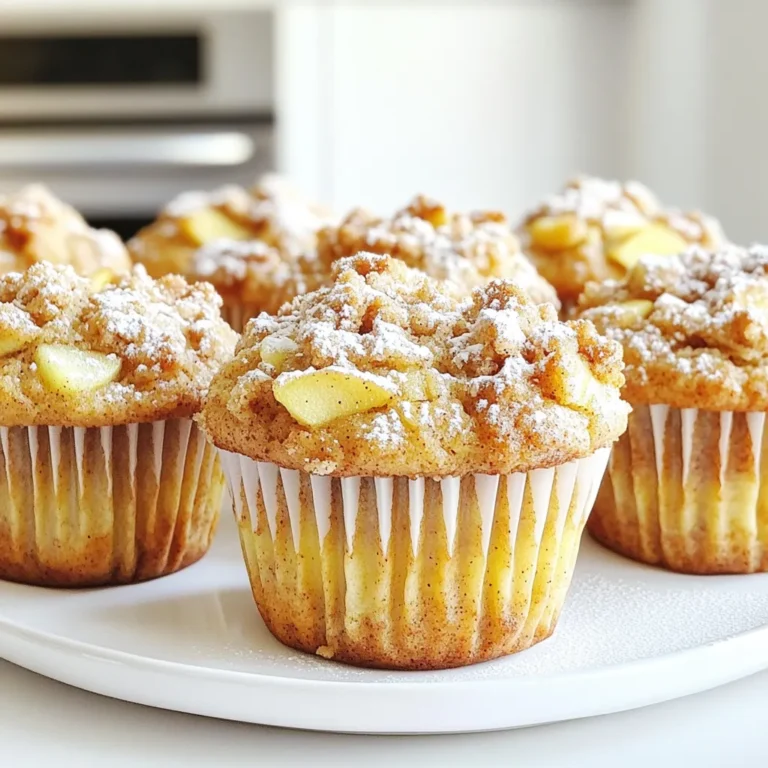 To make Apple Streusel Muffins, gather these items: - 2 cups all-purpose flour - 1 teaspoon baking powder - 1/2 teaspoon baking soda - 1 teaspoon ground cinnamon - 1/4 teaspoon salt - 1/2 cup unsalted butter, softened - 1 cup granulated sugar - 2 large eggs - 1 teaspoon vanilla extract - 1/2 cup buttermilk - 2 cups apples, peeled and diced (about 2 medium apples) - 1/2 cup walnuts, chopped (optional) - Streusel Topping: - 1/3 cup all-purpose flour - 1/4 cup brown sugar, packed - 1/4 teaspoon ground cinnamon - 2 tablespoons unsalted butter, melted You can add walnuts to your muffins for a nice crunch. If you want a nut-free version, just skip them. If you lack buttermilk, mix 1/2 cup milk with 1/2 tablespoon vinegar. Let it sit for five minutes to sour. You can replace granulated sugar with brown sugar for a deeper flavor. If you want a dairy-free muffin, use coconut oil instead of butter. 1. Start by preheating your oven to 350°F (175°C). 2. Line a muffin pan with paper liners or grease it with butter. 3. In a bowl, whisk together 2 cups of all-purpose flour, 1 teaspoon baking powder, 1/2 teaspoon baking soda, 1 teaspoon ground cinnamon, and 1/4 teaspoon salt. Set this aside. 4. In a large bowl, cream 1/2 cup softened unsalted butter and 1 cup granulated sugar until light and fluffy. 5. Add 2 large eggs to the butter mixture, one at a time. Mix well after each addition. 6. Stir in 1 teaspoon of vanilla extract and 1/2 cup of buttermilk until combined. 7. Gradually add the dry ingredients to the wet mixture. Stir gently until just combined. Avoid overmixing! 8. Fold in 2 cups of peeled and diced apples. If you like, add 1/2 cup of chopped walnuts. 9. For the streusel topping, mix 1/3 cup of flour, 1/4 cup packed brown sugar, and 1/4 teaspoon ground cinnamon in a small bowl. 10. Stir in 2 tablespoons of melted butter until the mixture is crumbly. 11. Divide the muffin batter among the muffin cups, filling each about three-quarters full. 12. Generously sprinkle the streusel topping over each muffin. 13. Bake the muffins for 18-20 minutes. Check for doneness with a toothpick. It should come out clean. 14. Let the muffins cool in the pan for 5 minutes. 15. Transfer the muffins to a wire rack to cool completely. 16. For a lovely touch, serve warm with a dusting of powdered sugar and a few apple slices. Enjoy with tea or coffee! Mixing is a key step for great muffins. Start with soft butter and sugar. Cream them together well. This step adds air and makes muffins light. Add eggs one at a time. Mix after each egg until smooth. Then, gently fold in the dry mix. Overmixing can make muffins tough. Stir until just combined for the best texture. For a perfect streusel, use cold butter. Mix flour, brown sugar, and cinnamon in a bowl. Then, add melted butter. Stir until crumbly. If it feels too wet, add a bit more flour. If it's too dry, add a little melted butter. Sprinkle it generously on the muffin batter. This topping adds a sweet crunch that everyone loves. Sometimes muffins don’t rise as expected. This could be due to old baking powder or baking soda. Always check the expiration dates. If muffins are too dry, you may have overbaked them. Keep an eye on the timer and test with a toothpick. For too moist muffins, ensure you measured apples correctly. Too many apples can make them soggy. Adjust and enjoy your baking! {{image_2}} You can change the fruit in these muffins easily. Instead of apples, try pears. They add a sweet and juicy bite. You can also use berries like blueberries or raspberries. These fruits bring a tart flavor that pairs well with the cinnamon. If you want something tropical, use diced pineapple. Each fruit gives a unique twist to the muffins. If you need gluten-free muffins, swap all-purpose flour for a gluten-free blend. This change works well and keeps the muffins fluffy. For a vegan option, replace eggs with flax eggs. Just mix one tablespoon of flaxseed meal with three tablespoons of water. Let it sit until it thickens. Use plant-based butter and almond milk instead of dairy. These swaps help you enjoy the muffins without missing out. Add nuts for extra crunch and flavor. Walnuts work great, but you can also use pecans or almonds. If you want more spice, try adding nutmeg or ginger. A pinch of cloves can also add warmth. Mix in these flavors to make your muffins even more delightful. Experiment with different combinations to find your favorite! To keep your Apple Streusel Muffins fresh, store them in an airtight container. This will keep them moist and tasty. Place a piece of wax paper or a paper towel inside. This helps absorb extra moisture. You can keep them at room temperature for about two days. If you want them to last longer, put them in the fridge. They can stay fresh there for up to a week. When you want to enjoy a muffin again, reheating is easy. You can pop it in the microwave for about 10-15 seconds. This warms it up nicely. If you prefer a crispy top, use the oven. Preheat it to 350°F (175°C). Place the muffin on a baking sheet and heat for about 5-7 minutes. This brings back that fresh-baked taste. Freezing muffins is a great way to save them for later. First, let the muffins cool completely. Then, wrap each muffin in plastic wrap. After that, place them in a freezer bag. Be sure to squeeze out any air. They can stay frozen for up to three months. When you want to eat one, take it out and follow the reheating instructions. It’s like having a fresh muffin anytime! You can store Apple Streusel Muffins in an airtight container. Keep them at room temperature for up to three days. If you want them fresh for longer, refrigerate them. They can last about a week in the fridge. For even longer storage, you can freeze them. Wrap each muffin tightly in plastic wrap and place them in a freezer bag. They will stay fresh for up to three months in the freezer. Yes, you can make these muffins ahead of time. Bake them the day before you plan to serve them. Let them cool completely before storing. This will help keep them fresh. You can also prepare the batter a day ahead. Store it in the fridge and bake the muffins fresh in the morning. This gives you warm muffins to enjoy with your coffee. To reduce sugar in this recipe, you can cut the granulated sugar by half. You might also use unsweetened applesauce instead of some sugar. This keeps the muffins moist and adds a subtle sweetness. Another option is to use a sugar substitute. Choose one that measures like sugar to keep the texture right. Always taste the batter before baking to adjust sweetness to your liking. This blog post covered how to make delicious apple streusel muffins. You learned about key ingredients and the steps for baking. I shared tips for mixing and how to fix common problems. Plus, you found out about different variations and storage methods. Baking can be fun and easy. With these tips, you can create your perfect muffins every time. Enjoy baking and sharing your tasty treats!