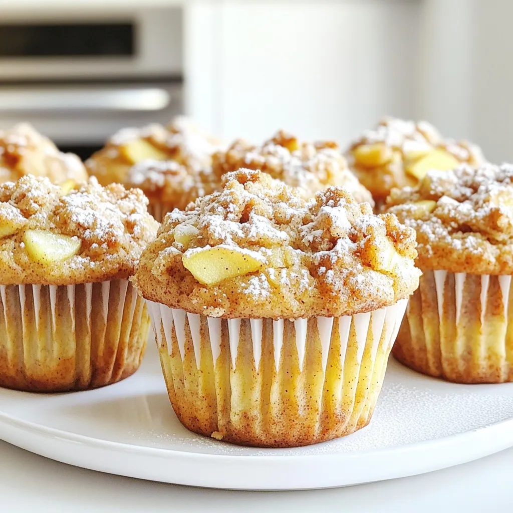 To make Apple Streusel Muffins, gather these items: - 2 cups all-purpose flour - 1 teaspoon baking powder - 1/2 teaspoon baking soda - 1 teaspoon ground cinnamon - 1/4 teaspoon salt - 1/2 cup unsalted butter, softened - 1 cup granulated sugar - 2 large eggs - 1 teaspoon vanilla extract - 1/2 cup buttermilk - 2 cups apples, peeled and diced (about 2 medium apples) - 1/2 cup walnuts, chopped (optional) - Streusel Topping: - 1/3 cup all-purpose flour - 1/4 cup brown sugar, packed - 1/4 teaspoon ground cinnamon - 2 tablespoons unsalted butter, melted You can add walnuts to your muffins for a nice crunch. If you want a nut-free version, just skip them. If you lack buttermilk, mix 1/2 cup milk with 1/2 tablespoon vinegar. Let it sit for five minutes to sour. You can replace granulated sugar with brown sugar for a deeper flavor. If you want a dairy-free muffin, use coconut oil instead of butter. 1. Start by preheating your oven to 350°F (175°C). 2. Line a muffin pan with paper liners or grease it with butter. 3. In a bowl, whisk together 2 cups of all-purpose flour, 1 teaspoon baking powder, 1/2 teaspoon baking soda, 1 teaspoon ground cinnamon, and 1/4 teaspoon salt. Set this aside. 4. In a large bowl, cream 1/2 cup softened unsalted butter and 1 cup granulated sugar until light and fluffy. 5. Add 2 large eggs to the butter mixture, one at a time. Mix well after each addition. 6. Stir in 1 teaspoon of vanilla extract and 1/2 cup of buttermilk until combined. 7. Gradually add the dry ingredients to the wet mixture. Stir gently until just combined. Avoid overmixing! 8. Fold in 2 cups of peeled and diced apples. If you like, add 1/2 cup of chopped walnuts. 9. For the streusel topping, mix 1/3 cup of flour, 1/4 cup packed brown sugar, and 1/4 teaspoon ground cinnamon in a small bowl. 10. Stir in 2 tablespoons of melted butter until the mixture is crumbly. 11. Divide the muffin batter among the muffin cups, filling each about three-quarters full. 12. Generously sprinkle the streusel topping over each muffin. 13. Bake the muffins for 18-20 minutes. Check for doneness with a toothpick. It should come out clean. 14. Let the muffins cool in the pan for 5 minutes. 15. Transfer the muffins to a wire rack to cool completely. 16. For a lovely touch, serve warm with a dusting of powdered sugar and a few apple slices. Enjoy with tea or coffee! Mixing is a key step for great muffins. Start with soft butter and sugar. Cream them together well. This step adds air and makes muffins light. Add eggs one at a time. Mix after each egg until smooth. Then, gently fold in the dry mix. Overmixing can make muffins tough. Stir until just combined for the best texture. For a perfect streusel, use cold butter. Mix flour, brown sugar, and cinnamon in a bowl. Then, add melted butter. Stir until crumbly. If it feels too wet, add a bit more flour. If it's too dry, add a little melted butter. Sprinkle it generously on the muffin batter. This topping adds a sweet crunch that everyone loves. Sometimes muffins don’t rise as expected. This could be due to old baking powder or baking soda. Always check the expiration dates. If muffins are too dry, you may have overbaked them. Keep an eye on the timer and test with a toothpick. For too moist muffins, ensure you measured apples correctly. Too many apples can make them soggy. Adjust and enjoy your baking! {{image_2}} You can change the fruit in these muffins easily. Instead of apples, try pears. They add a sweet and juicy bite. You can also use berries like blueberries or raspberries. These fruits bring a tart flavor that pairs well with the cinnamon. If you want something tropical, use diced pineapple. Each fruit gives a unique twist to the muffins. If you need gluten-free muffins, swap all-purpose flour for a gluten-free blend. This change works well and keeps the muffins fluffy. For a vegan option, replace eggs with flax eggs. Just mix one tablespoon of flaxseed meal with three tablespoons of water. Let it sit until it thickens. Use plant-based butter and almond milk instead of dairy. These swaps help you enjoy the muffins without missing out. Add nuts for extra crunch and flavor. Walnuts work great, but you can also use pecans or almonds. If you want more spice, try adding nutmeg or ginger. A pinch of cloves can also add warmth. Mix in these flavors to make your muffins even more delightful. Experiment with different combinations to find your favorite! To keep your Apple Streusel Muffins fresh, store them in an airtight container. This will keep them moist and tasty. Place a piece of wax paper or a paper towel inside. This helps absorb extra moisture. You can keep them at room temperature for about two days. If you want them to last longer, put them in the fridge. They can stay fresh there for up to a week. When you want to enjoy a muffin again, reheating is easy. You can pop it in the microwave for about 10-15 seconds. This warms it up nicely. If you prefer a crispy top, use the oven. Preheat it to 350°F (175°C). Place the muffin on a baking sheet and heat for about 5-7 minutes. This brings back that fresh-baked taste. Freezing muffins is a great way to save them for later. First, let the muffins cool completely. Then, wrap each muffin in plastic wrap. After that, place them in a freezer bag. Be sure to squeeze out any air. They can stay frozen for up to three months. When you want to eat one, take it out and follow the reheating instructions. It’s like having a fresh muffin anytime! You can store Apple Streusel Muffins in an airtight container. Keep them at room temperature for up to three days. If you want them fresh for longer, refrigerate them. They can last about a week in the fridge. For even longer storage, you can freeze them. Wrap each muffin tightly in plastic wrap and place them in a freezer bag. They will stay fresh for up to three months in the freezer. Yes, you can make these muffins ahead of time. Bake them the day before you plan to serve them. Let them cool completely before storing. This will help keep them fresh. You can also prepare the batter a day ahead. Store it in the fridge and bake the muffins fresh in the morning. This gives you warm muffins to enjoy with your coffee. To reduce sugar in this recipe, you can cut the granulated sugar by half. You might also use unsweetened applesauce instead of some sugar. This keeps the muffins moist and adds a subtle sweetness. Another option is to use a sugar substitute. Choose one that measures like sugar to keep the texture right. Always taste the batter before baking to adjust sweetness to your liking. This blog post covered how to make delicious apple streusel muffins. You learned about key ingredients and the steps for baking. I shared tips for mixing and how to fix common problems. Plus, you found out about different variations and storage methods. Baking can be fun and easy. With these tips, you can create your perfect muffins every time. Enjoy baking and sharing your tasty treats!