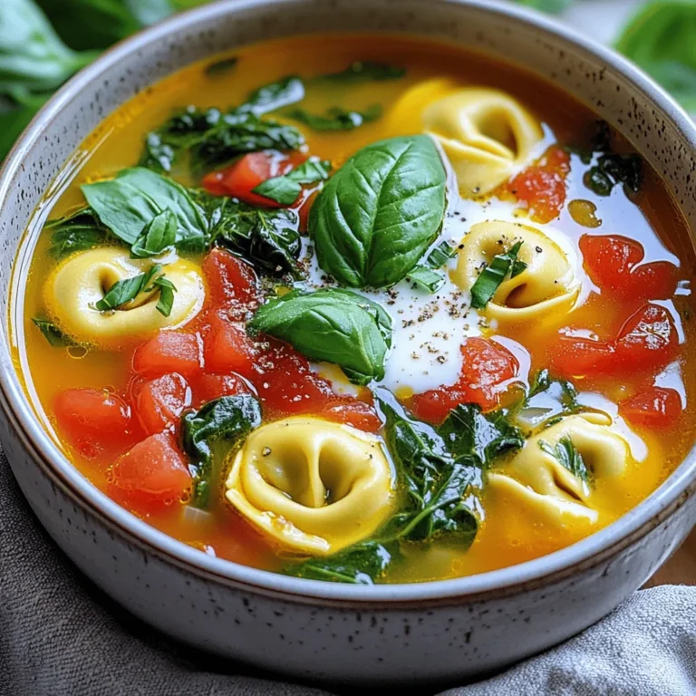 - 1 tablespoon olive oil - 1 small onion, diced - 3 cloves garlic, minced - 4 cups vegetable broth - 1 can (14 oz) diced tomatoes with herbs - 3 cups fresh spinach, roughly chopped - 1 package (9 oz) cheese tortellini - 1 teaspoon Italian seasoning - Salt and pepper to taste - 1 cup heavy cream (optional for a creamy soup) To make this soup, start with quality ingredients. Olive oil adds a rich flavor. Onions and garlic give a sweet and savory base. Vegetable broth and diced tomatoes bring depth and freshness. Spinach adds color and nutrients, while cheese tortellini brings heartiness. Seasonings like Italian herbs, salt, and pepper boost the taste. If you want a creamy texture, you can add heavy cream. This step is optional but makes the soup rich and smooth. - Fresh basil leaves - Grated Parmesan cheese For garnishing, fresh basil leaves add a pop of flavor and color. Grated Parmesan cheese gives a salty finish. These simple touches elevate your soup's look and taste. Enjoy personalizing your bowl! First, heat 1 tablespoon of olive oil in a large pot over medium heat. Once the oil is warm, add 1 small diced onion. Sauté it for about 3-4 minutes, until it turns soft and clear. This step builds a nice flavor base. Next, add 3 minced garlic cloves. Cook for 1 more minute until the garlic smells great. Now, pour in 4 cups of vegetable broth along with a can of diced tomatoes (14 oz), including their juices. Stir the mixture well and bring it to a gentle simmer. This forms the soup’s heart. After the base is ready, it’s time to add the greens and pasta. Toss in 3 cups of roughly chopped fresh spinach and 1 package (9 oz) of cheese tortellini. Cook according to the tortellini package instructions, usually about 3-4 minutes. The tortellini will float to the top when they’re done. If you want a creamy soup, stir in 1 cup of heavy cream now. Let it simmer for another 2-3 minutes to blend the flavors. Now it's time to season the soup. Add 1 teaspoon of Italian seasoning and sprinkle in salt and pepper to taste. Stir everything together to combine. When you're ready to serve, ladle the soup into bowls. For a beautiful finish, garnish with fresh basil leaves and a sprinkle of grated Parmesan cheese. Enjoy your delicious soup! To cook the tortellini properly, follow the package instructions. Usually, they take about 3-4 minutes. Wait until they float to the top. This shows they are ready. Overcooking can make them mushy. For sautéing onions and garlic, use medium heat. Heat the olive oil first. Add diced onions and cook until they are soft and clear. This usually takes about 3-4 minutes. Then, add minced garlic for flavor. Cook for just about a minute. You want it fragrant but not burned. You can adjust the seasoning to your taste. If you like a bit more zing, add a pinch of red pepper flakes. A dash of lemon juice can brighten the flavor too. Incorporate fresh herbs like thyme or parsley. Adding them at the end keeps their flavor strong. You can also use dried herbs. Just remember that dried herbs are more potent, so use less. To add cream without curdling, lower the heat first. Once the soup is warm, slowly stir in the heavy cream. This helps it mix well. Keep the soup at a gentle simmer. Avoid boiling after adding the cream, as this can cause curdling. {{image_2}} You can change a few ingredients to fit your diet or taste. If you want a vegan soup, swap heavy cream for coconut milk or cashew cream. These options add creaminess without dairy. For tortellini, look for vegan varieties made with plant-based ingredients. To add protein, consider chicken or beans. Cooked chicken breast adds great flavor. Beans, like white beans or chickpeas, boost fiber and protein without meat. They also make the soup heartier. Herbs and spices can change the soup's flavor. Try adding fresh thyme or rosemary for a new twist. A pinch of red pepper flakes adds heat if you like spice. You can also mix in a squeeze of lemon juice for brightness. Adding more veggies is a smart way to boost nutrition. Consider carrots, zucchini, or bell peppers. Simply chop them up and toss them into the pot when you add the broth. They will cook quickly and add color and taste. Pair your soup with crusty bread or a fresh salad. A warm baguette is perfect for dipping into the soup. A simple green salad with vinaigrette adds a nice crunch. To create a complete meal, serve the soup with a protein side. Grilled chicken or a veggie burger works well. This combination makes a filling and balanced dinner. To store leftover soup, first let it cool down. Pour it into an airtight container. You can keep it in the fridge for about three days. If you want to save it longer, freeze it. Use freezer-safe containers or bags. The soup can last for up to three months in the freezer. When reheating the soup, use a pot on the stove for the best results. Heat over medium heat until it’s hot. Stir often to avoid sticking. You can also use a microwave. Pour the soup into a microwave-safe bowl. Heat in short bursts, stirring in between. When reheating tortellini soup, be careful not to overcook the tortellini. They can become mushy if cooked too long. Heat just until everything is warm. Enjoy your delicious soup again! Yes, you can use frozen tortellini. Just add them to the soup as you would fresh ones. You may need to cook them a bit longer, usually about 5-7 minutes. Check the package for exact timing. Frozen tortellini might take more time to float. Keep an eye on them for the best results. To make the soup vegetarian, swap the vegetable broth for chicken broth. Use cheese tortellini to keep it meat-free. You can also add more vegetables like carrots or zucchini for extra flavor and nutrition. Just make sure to check labels for any hidden meat ingredients. If your soup turns out too thick, don't worry! You can thin it by adding more vegetable broth. Start with half a cup and stir well. If it still feels thick, keep adding broth until you reach your desired consistency. A splash of water can also help if you’re out of broth. Yes, you can make this soup ahead of time. Just cook it and let it cool completely. Store it in an airtight container in the fridge for up to three days. If you want to freeze it, leave out the tortellini and cream. Add them when you reheat it, so they stay fresh and cook properly. This blog post covered how to make a delicious spinach tomato tortellini soup. We looked at key ingredients like olive oil, spinach, and tortellini. I shared step-by-step instructions to craft the perfect base and enhance the flavor. We also discussed tips for cooking, ingredient swaps, and how to store leftovers. Remember, cooking is fun and flexible. Explore different flavors and make this soup your own! Enjoy every warm bowl.