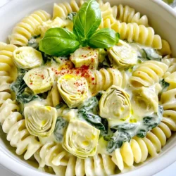 To make Spinach Artichoke Pasta, gather these ingredients: - 12 oz (340g) pasta (fusilli or penne works well) - 1 can (14 oz) artichoke hearts, drained and quartered - 4 cups fresh spinach, roughly chopped - 1 cup cream cheese, softened - 1 cup grated Parmesan cheese - 1 cup vegetable broth - 1 cup milk - 3 cloves garlic, minced - 1 teaspoon onion powder - 1 teaspoon Italian seasoning - Salt and pepper to taste - Olive oil for sautéing - Red pepper flakes (optional, for heat) You can swap some items if needed. Here are a few ideas: - Use any short pasta like macaroni or rotini instead of fusilli or penne. - Swap cream cheese with ricotta or a dairy-free cream cheese for a lighter touch. - Use chicken broth instead of vegetable broth for more flavor. - If you don't have fresh spinach, frozen spinach can work. Just thaw and drain it well. - Add nutritional yeast instead of Parmesan for a vegan option. Choosing the right pasta makes a big difference. Here are my top picks: - Fusilli: Its spiral shape holds sauce well and adds a fun twist. - Penne: The tubes are great for catching bits of spinach and artichokes. - Rotini: Similar to fusilli, it’s another twisty pasta that grabs sauce nicely. - Shells: These can hold the creamy sauce and bits of artichoke beautifully. Feel free to experiment with your favorite pasta types for a personal touch! First, grab a large pot or Dutch oven. Pour in a drizzle of olive oil and turn the heat to medium. Add three cloves of minced garlic and sauté for about one minute. You want it fragrant but not burnt. Next, toss in one can of drained and quartered artichoke hearts. Cook them for about two to three minutes while stirring gently. Now, it’s time for the liquid magic! Pour in one cup of vegetable broth and one cup of milk. Add one teaspoon of onion powder, one teaspoon of Italian seasoning, and some salt and pepper to taste. Stir everything to mix well. Then, add twelve ounces of your pasta choice, like fusilli or penne. Make sure the pasta is submerged in the liquid. Bring it to a boil, then lower the heat to simmer. Cover the pot and cook for about ten to twelve minutes. Stir occasionally until the pasta is just right, or al dente. Once the pasta is done, lower the heat again. Mix in one cup of softened cream cheese and one cup of grated Parmesan cheese. Stir until everything is melted and well combined. Now, fold in four cups of roughly chopped fresh spinach. You want it wilted and mixed in. Taste your dish and adjust the seasoning if you need to. If you like a little heat, sprinkle some red pepper flakes on top. To keep pasta from sticking, use plenty of water. Add a good amount of salt when boiling. Stir the pasta often during cooking. This helps separate the pieces. You can also add a splash of olive oil to the pot. This adds flavor and keeps the pasta loose. If you want a creamier dish, add more cream cheese or Parmesan cheese. Start with half a cup more of each. Blend them in after the pasta cooks. If it’s too thick, mix in a bit of milk or broth. This helps balance the texture and keeps it smooth. Spices can really boost the taste. Try adding garlic powder or more Italian seasoning. A pinch of red pepper flakes gives it a nice kick. Fresh herbs like basil or parsley can add brightness. Taste as you go, and adjust to your liking. This way, your dish will be just right! {{image_2}} You can add protein to your Spinach Artichoke Pasta for extra flavor and nutrition. Grilled chicken is a great choice. Just slice it up and mix it in at the end. Shrimp also works well. Cook them in the pot before adding other ingredients. For a heartier meal, consider using cooked sausage or bacon. Both add a nice crunch and depth. If you want a vegetarian option, try adding chickpeas or white beans. They boost protein while keeping it plant-based. To make this dish vegan, swap the cream cheese and Parmesan for plant-based versions. Look for vegan cream cheese that melts well. Nutritional yeast can replace Parmesan, giving a cheesy flavor without dairy. Use almond milk or oat milk instead of regular milk. For broth, ensure it is vegetable-based and free from animal products. You can also add more veggies like mushrooms or bell peppers for added texture and taste. This way, everyone can enjoy a delicious, creamy pasta. Seasonal veggies can enhance your Spinach Artichoke Pasta. Fresh zucchini or asparagus add brightness in spring and summer. Just chop them into bite-sized pieces and sauté with garlic. In fall, consider using butternut squash or kale for a heartier dish. Both add sweetness and color. In winter, add roasted cauliflower or Brussels sprouts for a warm, cozy feel. These veggies not only make it colorful but also boost nutrition. Feel free to mix and match based on what’s fresh and available. To keep your Spinach Artichoke Pasta fresh, let it cool first. Place it in an airtight container. This will prevent any moisture from getting in. Store it in the fridge for up to three days. Make sure to label your container with the date to keep track of freshness. When you're ready to eat, reheat it gently. You can use a pot over low heat. Add a splash of milk to help loosen the sauce. Stir often to ensure even heating. You can also microwave it in short bursts. Just remember to cover it to keep the moisture in. If you want to freeze this dish, it works well too. Use a freezer-safe container or bag. Make sure to remove as much air as possible. It can last for about two months in the freezer. For better taste, freeze it without the cream cheese. Add that when you reheat for a fresh flavor. Yes, you can use frozen spinach in this dish. Just thaw and drain it well. Squeeze out any extra water to keep the sauce creamy. Frozen spinach is convenient and still tasty. It saves time and reduces waste. To make this recipe gluten-free, choose gluten-free pasta. There are many options like rice or chickpea pasta. Just follow the cooking times on the package. The rest of the recipe stays the same. Your dish will still be creamy and delicious. This pasta pairs well with a simple salad or garlic bread. A side of roasted veggies adds color and health. You can also serve it with grilled chicken or shrimp for extra protein. Enjoy your meal with a glass of white wine for a nice touch. This blog post covered all you need for making Spinach Artichoke Pasta. We discussed the best ingredients, how to cook them, and easy storage tips. You learned about substituting ingredients and enhancing flavors. Remember, you can adjust the creaminess and add proteins or veggies based on your taste. Follow these steps for a delicious meal that satisfies. Happy cooking and enjoy your dish!