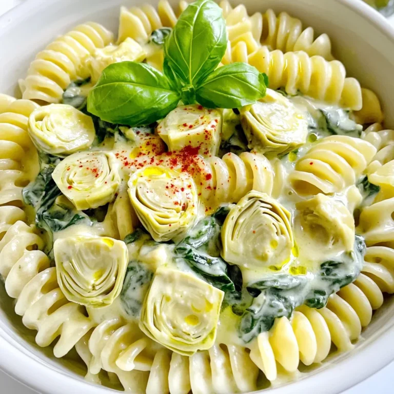 To make Spinach Artichoke Pasta, gather these ingredients: - 12 oz (340g) pasta (fusilli or penne works well) - 1 can (14 oz) artichoke hearts, drained and quartered - 4 cups fresh spinach, roughly chopped - 1 cup cream cheese, softened - 1 cup grated Parmesan cheese - 1 cup vegetable broth - 1 cup milk - 3 cloves garlic, minced - 1 teaspoon onion powder - 1 teaspoon Italian seasoning - Salt and pepper to taste - Olive oil for sautéing - Red pepper flakes (optional, for heat) You can swap some items if needed. Here are a few ideas: - Use any short pasta like macaroni or rotini instead of fusilli or penne. - Swap cream cheese with ricotta or a dairy-free cream cheese for a lighter touch. - Use chicken broth instead of vegetable broth for more flavor. - If you don't have fresh spinach, frozen spinach can work. Just thaw and drain it well. - Add nutritional yeast instead of Parmesan for a vegan option. Choosing the right pasta makes a big difference. Here are my top picks: - Fusilli: Its spiral shape holds sauce well and adds a fun twist. - Penne: The tubes are great for catching bits of spinach and artichokes. - Rotini: Similar to fusilli, it’s another twisty pasta that grabs sauce nicely. - Shells: These can hold the creamy sauce and bits of artichoke beautifully. Feel free to experiment with your favorite pasta types for a personal touch! First, grab a large pot or Dutch oven. Pour in a drizzle of olive oil and turn the heat to medium. Add three cloves of minced garlic and sauté for about one minute. You want it fragrant but not burnt. Next, toss in one can of drained and quartered artichoke hearts. Cook them for about two to three minutes while stirring gently. Now, it’s time for the liquid magic! Pour in one cup of vegetable broth and one cup of milk. Add one teaspoon of onion powder, one teaspoon of Italian seasoning, and some salt and pepper to taste. Stir everything to mix well. Then, add twelve ounces of your pasta choice, like fusilli or penne. Make sure the pasta is submerged in the liquid. Bring it to a boil, then lower the heat to simmer. Cover the pot and cook for about ten to twelve minutes. Stir occasionally until the pasta is just right, or al dente. Once the pasta is done, lower the heat again. Mix in one cup of softened cream cheese and one cup of grated Parmesan cheese. Stir until everything is melted and well combined. Now, fold in four cups of roughly chopped fresh spinach. You want it wilted and mixed in. Taste your dish and adjust the seasoning if you need to. If you like a little heat, sprinkle some red pepper flakes on top. To keep pasta from sticking, use plenty of water. Add a good amount of salt when boiling. Stir the pasta often during cooking. This helps separate the pieces. You can also add a splash of olive oil to the pot. This adds flavor and keeps the pasta loose. If you want a creamier dish, add more cream cheese or Parmesan cheese. Start with half a cup more of each. Blend them in after the pasta cooks. If it’s too thick, mix in a bit of milk or broth. This helps balance the texture and keeps it smooth. Spices can really boost the taste. Try adding garlic powder or more Italian seasoning. A pinch of red pepper flakes gives it a nice kick. Fresh herbs like basil or parsley can add brightness. Taste as you go, and adjust to your liking. This way, your dish will be just right! {{image_2}} You can add protein to your Spinach Artichoke Pasta for extra flavor and nutrition. Grilled chicken is a great choice. Just slice it up and mix it in at the end. Shrimp also works well. Cook them in the pot before adding other ingredients. For a heartier meal, consider using cooked sausage or bacon. Both add a nice crunch and depth. If you want a vegetarian option, try adding chickpeas or white beans. They boost protein while keeping it plant-based. To make this dish vegan, swap the cream cheese and Parmesan for plant-based versions. Look for vegan cream cheese that melts well. Nutritional yeast can replace Parmesan, giving a cheesy flavor without dairy. Use almond milk or oat milk instead of regular milk. For broth, ensure it is vegetable-based and free from animal products. You can also add more veggies like mushrooms or bell peppers for added texture and taste. This way, everyone can enjoy a delicious, creamy pasta. Seasonal veggies can enhance your Spinach Artichoke Pasta. Fresh zucchini or asparagus add brightness in spring and summer. Just chop them into bite-sized pieces and sauté with garlic. In fall, consider using butternut squash or kale for a heartier dish. Both add sweetness and color. In winter, add roasted cauliflower or Brussels sprouts for a warm, cozy feel. These veggies not only make it colorful but also boost nutrition. Feel free to mix and match based on what’s fresh and available. To keep your Spinach Artichoke Pasta fresh, let it cool first. Place it in an airtight container. This will prevent any moisture from getting in. Store it in the fridge for up to three days. Make sure to label your container with the date to keep track of freshness. When you're ready to eat, reheat it gently. You can use a pot over low heat. Add a splash of milk to help loosen the sauce. Stir often to ensure even heating. You can also microwave it in short bursts. Just remember to cover it to keep the moisture in. If you want to freeze this dish, it works well too. Use a freezer-safe container or bag. Make sure to remove as much air as possible. It can last for about two months in the freezer. For better taste, freeze it without the cream cheese. Add that when you reheat for a fresh flavor. Yes, you can use frozen spinach in this dish. Just thaw and drain it well. Squeeze out any extra water to keep the sauce creamy. Frozen spinach is convenient and still tasty. It saves time and reduces waste. To make this recipe gluten-free, choose gluten-free pasta. There are many options like rice or chickpea pasta. Just follow the cooking times on the package. The rest of the recipe stays the same. Your dish will still be creamy and delicious. This pasta pairs well with a simple salad or garlic bread. A side of roasted veggies adds color and health. You can also serve it with grilled chicken or shrimp for extra protein. Enjoy your meal with a glass of white wine for a nice touch. This blog post covered all you need for making Spinach Artichoke Pasta. We discussed the best ingredients, how to cook them, and easy storage tips. You learned about substituting ingredients and enhancing flavors. Remember, you can adjust the creaminess and add proteins or veggies based on your taste. Follow these steps for a delicious meal that satisfies. Happy cooking and enjoy your dish!