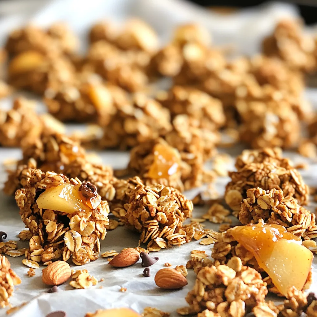 To make Caramel Apple Granola Clusters, you need basic ingredients. Here’s what you will use: - 2 cups rolled oats - 1 cup nuts (almonds and walnuts), chopped - 1/2 cup dried apples, chopped - 1/2 cup honey or maple syrup - 1/4 cup unsalted butter, melted - 1 teaspoon vanilla extract - 1/2 teaspoon cinnamon - 1/4 teaspoon salt - 1/2 cup mini chocolate chips (optional) These ingredients give the clusters their sweet and crunchy taste. If you want to switch things up, you can use different sweeteners. Maple syrup works great as a substitute for honey. You can also try agave nectar or brown rice syrup. Each gives a unique flavor. Choose what you like best for your taste. You can customize your granola clusters with various nuts and mix-ins. Instead of almonds and walnuts, try pecans or cashews. You can also add seeds like pumpkin or sunflower for extra crunch. Dried fruits like raisins or cranberries can make it even tastier. Feel free to mix and match to find your favorite combo! First, you should preheat your oven to 325°F (160°C). This temperature helps the granola cook evenly. While the oven heats up, line a baking sheet with parchment paper. This step makes cleanup easy and helps the granola not stick. In a large mixing bowl, combine your rolled oats, chopped nuts, dried apples, cinnamon, and salt. Stir well to mix everything together. The nuts add crunch, while the dried apples give sweetness. Make sure the dry ingredients are well combined. This ensures each bite is full of flavor. Now, take a separate bowl and mix the melted butter, honey (or maple syrup), and vanilla extract. Stir until the mixture is smooth. This blend brings moisture and binds the dry ingredients. The sweet aroma will get you excited for the next step! Pour the wet mixture over the dry ingredients. Stir until every piece is coated. Next, spread the mixture onto the baking sheet in a single layer. Press it down firmly to form clusters. This helps them stick together while baking. The more compact, the better your clusters will be! Place the baking sheet in the oven and bake for 20 to 25 minutes. Stir the mixture halfway through to ensure even cooking. Watch for a golden brown color; that's when it's ready. Once done, take it out and let it cool completely on the baking sheet. It will harden as it cools. After cooling, break the granola into clusters, and mix in the mini chocolate chips if you want that extra sweetness. Store your tasty snack in an airtight container for up to two weeks. Enjoy! To get nice clusters, start by pressing the mixture down firmly on the baking sheet. The wet and dry ingredients need to stick together well. Bake it at 325°F (160°C) for about 20-25 minutes. Stir the mix halfway through to ensure even baking. When it cools, it will harden and form clusters. Let the granola cool completely before storing it. Once cool, break it into clusters and place them in an airtight container. This will keep the granola fresh for up to two weeks. If you want it to last longer, try freezing it. Just make sure to label the container with the date. You can change the sweetness by using more or less honey or maple syrup. If you want a sweeter taste, add a bit more sweetener. For a different flavor, try adding a pinch of nutmeg or using flavored extracts. Play around with the spices to find your favorite mix! {{image_2}} You can make your caramel apple granola clusters even better by adding dried fruits. Dried cranberries, raisins, or apricots mix well with the apples. Each fruit adds a new taste and texture. Aim for about a half cup of your choice. This way, each bite is a surprise! If you're not a fan of nuts, seeds are a great substitute. Try sunflower seeds or pumpkin seeds for a crunchy twist. They add healthy fats and protein too. Use the same amount as the nuts in the recipe. This swap keeps it tasty and nut-free! Want to up the flavor? Consider adding spices or extracts. A pinch of nutmeg or ginger can give your clusters a warm taste. You might also try almond or coconut extract. These small changes can make your granola feel special and unique. Just remember to keep the balance right. To keep your caramel apple granola clusters fresh, store them in an airtight container. This prevents air and moisture from getting in. Always let the granola cool completely before sealing it. If you skip this step, condensation can make it soggy. Use glass, plastic, or metal containers with tight lids. Glass jars can look nice on your shelf. Plastic containers are lightweight and easy to handle. Metal tins are great for taking snacks on the go. Choose what works best for you! Check for any signs of spoilage before eating. If you see mold or a strange smell, toss it out. If the granola feels soft instead of crunchy, it may not be fresh. Always trust your senses; they guide you well! Yes, you can make these clusters vegan. To do this, swap honey for maple syrup. Use coconut oil instead of butter. Both changes will keep the flavor great and make it vegan-friendly. To get crunchy clusters, pack the mixture tightly on the baking sheet. Press it down firmly. Bake until golden brown and let it cool. As it cools, it will harden, creating that nice crunch. If you want to skip chocolate chips, try dried fruit. Raisins or cranberries work well. You can also use nuts or seeds for extra crunch and flavor. Stored in an airtight container, these granola clusters last up to two weeks. Keep them in a cool, dry place. For longer freshness, you can freeze them. Just thaw before enjoying! You learned about the main ingredients for caramel apple granola clusters and their substitutes. I shared how to mix and bake them step by step. You can perfect your clusters with simple tips and explore fun variations. Proper storage helps them stay fresh longer. With these insights, you can confidently create your own tasty and healthy treat. Enjoy making your granola clusters, and have fun experimenting with flavors!